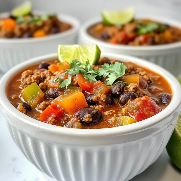 - 2 tablespoons olive oil - 1 large onion, diced - 3 cloves garlic, minced - 1 red bell pepper, diced - 2 carrots, diced - 2 cans (15 oz each) black beans, rinsed and drained - 1 can (15 oz) diced tomatoes, with juices - 2 tablespoons chipotle in adobo sauce, chopped - 1 tablespoon ground cumin - 1 tablespoon chili powder - 1 teaspoon smoked paprika - 1 cup vegetable broth - Salt and black pepper to taste The base of this chili starts with olive oil. It helps cook the onions and adds flavor. Next, I use aromatic veggies like onion, garlic, red bell pepper, and carrots. They create a solid flavor foundation. Then, I add the star ingredients: black beans and diced tomatoes. The beans give protein, while the tomatoes add a juicy texture. Chipotle in adobo sauce brings a smoky kick. It’s spicy but not too hot. Ground cumin, chili powder, and smoked paprika build the chili's depth. Lastly, vegetable broth ties all the flavors together. - Fresh cilantro - Lime wedges Garnishes add freshness and brightness to the dish. I love using fresh cilantro for a herbal note. Lime wedges add a zesty touch. Squeezing lime over the chili transforms the flavor and balances the spice. - Large pot - Cooking utensils A large pot is a must for cooking this chili. It allows all the ingredients to mix well. Basic cooking tools like a spatula or wooden spoon help stir and serve the chili. These simple tools make the process easy and fun. {{ingredient_image_1}} 1. Heat the olive oil in a large pot over medium heat. 2. Add the diced onion and sauté for about 5 minutes. It should turn translucent. 3. Next, stir in the minced garlic, diced red bell pepper, and diced carrots. 4. Cook these for an extra 3 to 4 minutes. The veggies should soften but not brown. 1. Add the rinsed black beans and diced tomatoes with their juices to the pot. 2. Mix in the chopped chipotle in adobo sauce, ground cumin, chili powder, and smoked paprika. 3. Pour in the vegetable broth and stir everything well. 4. Bring the mixture to a boil and then reduce the heat to simmer. 5. Cover the pot and let the chili cook for 30 to 35 minutes. Stir it occasionally. 1. Taste the chili and add salt and black pepper as needed. 2. If you want it spicier, add more chipotle from the can. 3. Once the chili thickens and flavors meld together, remove it from heat. 4. Serve hot with fresh cilantro on top and lime wedges on the side for extra flavor. To make your chili pop, you can adjust the spice levels. Start with the chipotle in adobo sauce. If you like it spicy, add more. If you prefer less heat, use less. You can also add fresh herbs at the end. Chopped cilantro gives a nice touch and bright flavor. Sautéing is key to building flavor. Heat your olive oil first. Add the onion and garlic, and cook until soft. This step helps release the onion's sweetness. After adding other veggies, let them soften too. Letting the chili simmer is very important. It allows the flavors to mix well. Cover the pot and let it cook for 30 to 35 minutes. Stir it occasionally to prevent sticking. This chili is naturally vegan. To keep it gluten-free, make sure your broth fits this need. You can also swap in different beans. Kidney or pinto beans work well. If you'd like more heat, add extra chipotle. For a milder taste, reduce the amount of spice. Pro Tips Adjust the Spice Level: If you prefer a milder chili, start with less chipotle in adobo sauce and add more to taste as it cooks. Make it Ahead: This chili tastes even better the next day! Make a big batch and store it in the fridge for up to 5 days or freeze it for future meals. Add Extra Veggies: Feel free to toss in more vegetables like zucchini or corn for added nutrition and flavor. Serve with Toppings: Enhance the flavor by serving with toppings like avocado, sour cream, or shredded cheese for a creamy contrast. {{image_2}} You can switch beans for a new taste. Try kidney or pinto beans instead of black beans. They add a different texture and flavor. Adding veggies can also change your chili. Zucchini and corn are great options. They boost nutrition and color. Feel free to mix and match your favorites. You can play with flavors in your chili. If you want it smoky, use more smoked paprika. For heat, add more chipotle. You can also try different peppers. Jalapeños or serranos can bring in fresh spice. Adjust these to suit your taste and mood. Serve your chili in many fun ways. Pair it with rice or cornbread for a filling meal. These sides soak up all that tasty sauce. Creative toppings can make your bowl even better. Try avocado slices or shredded cheese. Fresh cilantro adds a nice touch too. Lime wedges bring a zesty kick that brightens every bite. Enjoy exploring these options! To store leftovers, let the chili cool first. Then transfer it to an airtight container. This keeps it fresh in the fridge. The shelf life of the chili is about 4 to 5 days. Always check for any off smells before eating. You can freeze the chili for later use. To freeze, let it cool completely. Then, portion it into freezer-safe bags or containers. This helps save space. When you want to eat it, thaw it in the fridge overnight. For quick thawing, use the microwave on the defrost setting. To reheat the chili, the best methods are the stovetop or microwave. If using the stovetop, heat it gently in a pot over low heat. Stir often to prevent sticking. If it's too thick, add a splash of water or broth. In the microwave, heat in short bursts, stirring in between. Adjust the consistency if needed by adding liquid. Enjoy your warm, tasty chili! You can enjoy many tasty sides with Chipotle Black Bean Chili. Here are some ideas: - Cornbread: Soft and sweet, this bread pairs well with chili. - Rice: Serve white or brown rice to soak up the flavors. - Avocado: Creamy avocado adds a nice touch. - Sour cream: A dollop cools the heat. - Fresh cilantro: Sprinkle on top for added flavor. - Lime wedges: Squeeze over the chili for a fresh burst. These sides and toppings make your meal fun and delicious! If you want more heat, you can try these tips: - Add more chipotle in adobo sauce. Start with a teaspoon and adjust to taste. - Use fresh jalapeños or serrano peppers. Dice them and stir into the chili. - Sprinkle in cayenne pepper for extra spice. A little goes a long way! - Serve with hot sauce on the side. Let everyone decide their spice level. Adjusting spice is easy. Just taste and tweak until it's perfect for you! Yes, using canned beans is a great option! Here are the benefits: - Time-saving: Canned beans are quick and ready to use. - Consistent texture: They cook evenly and add creaminess to the chili. - Easy to find: Canned beans are available in most stores. - No soaking needed: You can skip the long soak time required for dried beans. Using canned beans makes this recipe even easier and still very tasty! This blog post covered the essential ingredients and steps to create a flavorful Chipotle Black Bean Chili. We explored how to sauté veggies, balance spices, and enhance flavors. I shared tips for dietary needs and fun variations to try. Remember, this chili is all about creativity and personal taste. Whether you like it smoky or spicy, there’s a way to make it your own. Enjoy your cooking, and share your chili journey with others!