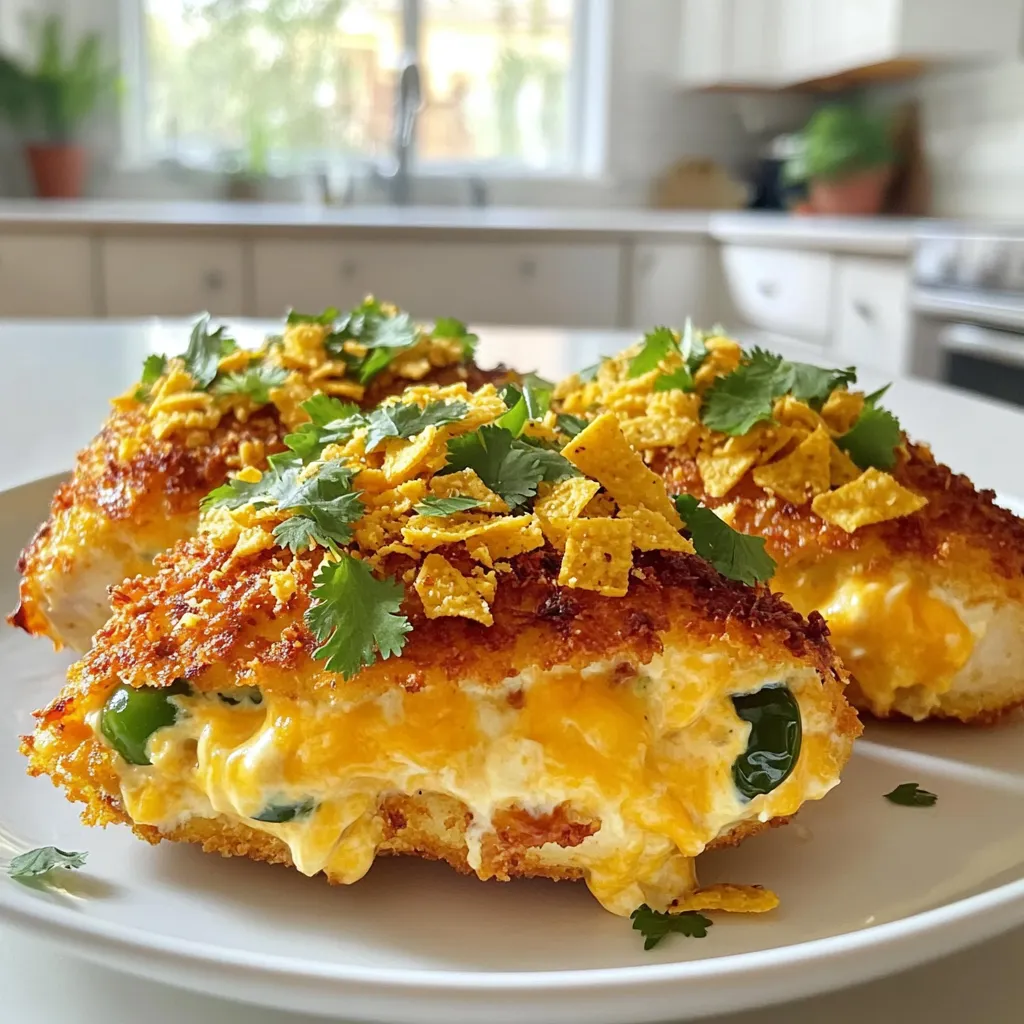 For this tasty dish, you will need: - 4 boneless, skinless chicken breasts - 1 cup cream cheese, softened - 1 cup shredded cheddar cheese - 1/2 cup diced jalapeños (fresh or pickled) - 1/2 cup crushed tortilla chips (plus extra for topping) - 1 tablespoon garlic powder - 1 teaspoon onion powder - Salt and pepper to taste - 1 tablespoon olive oil - Fresh cilantro, chopped (for garnish) You can change this recipe to suit your taste. Try adding: - Bacon bits for a smoky flavor - Different cheese, like pepper jack, for extra heat - Green onions for a fresh crunch - Lime juice for a zesty kick When picking ingredients, I have some favorites: - For cream cheese, Philadelphia is a popular choice. - Use Tillamook or Kraft for sharp cheddar cheese. - If you can't find fresh jalapeños, jarred ones can work well too. - For tortilla chips, look for brands like Tostitos or Mission for good crunch. These ingredients will help you create a delicious Jalapeño Popper Stuffed Chicken that everyone will love! 1. Start by preheating your oven to 375°F (190°C). This step warms up your oven for even cooking. 2. In a mixing bowl, combine the cream cheese, shredded cheddar cheese, and diced jalapeños. 3. Add in the crushed tortilla chips, garlic powder, onion powder, salt, and pepper. Mix until smooth. 4. With a sharp knife, slice each chicken breast to create a pocket. Make sure not to cut all the way through. 5. Generously stuff each chicken breast with the creamy jalapeño mixture. Spread it evenly for the best flavor. 6. Use toothpicks to seal any openings if needed. This keeps the filling inside while cooking. 1. Heat olive oil in a large oven-safe skillet over medium-high heat. This helps to brown the chicken nicely. 2. Sear each stuffed chicken breast for about 4-5 minutes on each side. Look for a golden brown color. 3. Once browned, transfer the skillet to the preheated oven. Bake for 20-25 minutes. 4. Check that the chicken reaches an internal temperature of 165°F (75°C) for safety. 5. For a crunchy topping, sprinkle more crushed tortilla chips on in the last 5 minutes of baking. 6. After baking, let the chicken rest for 5 minutes. This helps keep it juicy when you slice it. 1. Serve your stuffed chicken on a rustic wooden board or a white platter for a nice look. 2. Drizzle extra cream cheese or salsa on top for added flavor. 3. Place lime wedges around for a fresh touch. These flavors work well together. 4. Garnish with chopped cilantro for a burst of color and freshness. Enjoy your tasty dinner delight! To stuff chicken well, make sure to create a good pocket. Use a sharp knife and slice each chicken breast carefully. Avoid cutting all the way through. This keeps the filling inside. Fill each pocket generously but avoid overstuffing. Too much filling can leak out during cooking. Secure the openings with toothpicks if needed. It helps keep everything in place. To cook chicken perfectly, sear it first. Heat olive oil in your skillet over medium-high heat. Sear each stuffed breast for about 4-5 minutes per side. Look for a golden brown color. After searing, bake the chicken in the oven at 375°F (190°C). Bake for 20-25 minutes. Check the internal temperature; it should reach 165°F (75°C). Let the chicken rest for about 5 minutes before slicing. This step keeps it juicy. For a stunning presentation, use a rustic wooden board or a white platter. Drizzle some extra cream cheese or salsa on top for flair. Place lime wedges around the chicken for a fresh touch. Garnish with chopped fresh cilantro. This adds color and flavor. Don't forget to sprinkle extra crushed tortilla chips on top for a crunchy finish. {{image_2}} You can easily adjust the heat level in Jalapeño Popper Stuffed Chicken. For a spicy version, use fresh jalapeños and add some crushed red pepper flakes. If you prefer it milder, you can use pickled jalapeños instead. Removing the seeds will also make it less hot. You can even swap jalapeños for sweet bell peppers if you want a sweet twist. This way, everyone can enjoy their meal! Get creative with the filling! Try adding cooked bacon bits for extra crunch and flavor. You can also mix in some spinach or chopped herbs for freshness. For toppings, consider using different types of cheese. Mozzarella or pepper jack cheese can add a nice twist. You can even experiment with different chips, like nacho chips or pita chips, for the topping. This makes the dish fun and unique every time you make it. If you need a gluten-free option, use gluten-free tortilla chips. This will keep the crunch without the gluten. For a low-carb version, you can skip the chips altogether and use crushed nuts instead. Almonds or pecans work well. You can also serve the stuffed chicken over a bed of leafy greens instead of rice or bread. This keeps your meal light yet satisfying. To keep your leftovers fresh, place them in an airtight container. Make sure the chicken is cool before sealing. Store the container in the fridge. It stays good for about 3 to 4 days. When you’re ready to eat, check for any signs of spoilage. For the best taste, reheat your chicken in the oven. Preheat it to 350°F (175°C). Place the chicken in a baking dish. Cover it with foil to prevent drying. Heat for about 15 to 20 minutes. You can also use a microwave, but the oven gives better flavor and texture. If you want to save some for later, freeze the stuffed chicken. Wrap each piece tightly in plastic wrap. Then, place them in a freezer bag or airtight container. They can last up to 3 months in the freezer. When you're ready to enjoy them, thaw in the fridge overnight before reheating. Yes, you can prepare Jalapeño Popper Stuffed Chicken in advance. Stuff the chicken breasts and store them in the fridge for up to a day. This makes dinner easy on busy nights. Just remember to let them sit at room temperature for about 15 minutes before cooking. This helps them cook evenly. Many sides work well with this dish. Here are some tasty options: - Mexican rice: It adds a nice texture and flavor. - Black beans: Packed with protein, they balance the meal. - Grilled corn: Sweet and crunchy, it complements the spicy chicken. - Fresh salad: A simple green salad adds freshness. - Roasted vegetables: They provide a great mix of colors and tastes. These sides enhance the meal and make it more satisfying. To make Jalapeño Popper Stuffed Chicken in an air fryer, follow these steps: 1. Preheat your air fryer to 375°F (190°C). 2. Prepare the chicken as usual, stuffing it with the jalapeño mixture. 3. Lightly coat the chicken with olive oil to help it crisp. 4. Place the stuffed chicken in the air fryer basket. 5. Cook for about 15-20 minutes or until the chicken reaches 165°F (75°C). 6. Check for doneness and adjust the time if needed. Using an air fryer gives you a crispy outside and juicy inside. It's a quick and fun way to enjoy this dish! You learned about making Jalapeño Popper Stuffed Chicken. We covered the ingredients you'll need and some optional ones for your taste. I also shared detailed steps for preparation and cooking. Plus, tips for perfect results and creative variations. Finally, we discussed how to store and reheat leftovers. Enjoy this tasty dish any day, and feel free to explore different flavors. You'll impress your friends and family with your new cooking skills! Happy cooking!