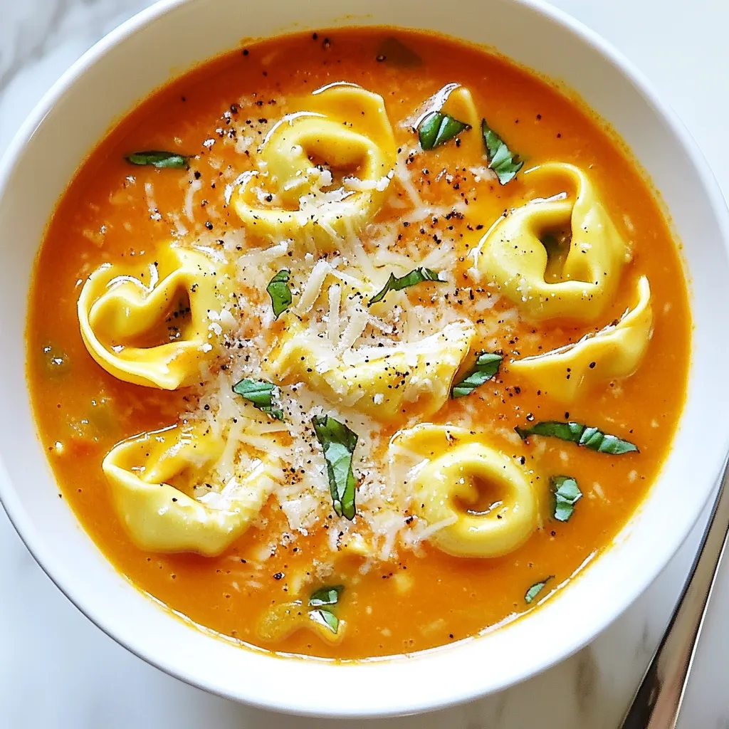 - 1 tablespoon olive oil - 1 small onion, diced - 2 cloves garlic, minced - 1 can (14 oz) crushed tomatoes - 4 cups vegetable broth - 1 teaspoon dried oregano - 1/4 teaspoon red pepper flakes (optional for heat) - 1 package (9 oz) cheese tortellini - 1 cup heavy cream - 1/2 cup fresh basil leaves, chopped - Salt and pepper to taste - Grated Parmesan cheese for serving Each ingredient plays an important role. Olive oil adds flavor and helps the onions cook. The onion gives sweetness and depth to the soup. Garlic adds a lovely aroma and taste. Crushed tomatoes form the base and add acidity. Vegetable broth adds richness without meat. Dried oregano brings a hint of earthiness. Red pepper flakes can add warmth if you like heat. Cheese tortellini makes the soup hearty and filling. Heavy cream makes the soup rich and creamy. Fresh basil adds a burst of freshness. Lastly, salt and pepper enhance all the flavors. You can easily swap some ingredients if needed. Use chicken broth instead of vegetable broth for a meatier taste. For a dairy-free option, try coconut milk in place of heavy cream. If you don’t have tortellini, other pasta shapes work too. Fresh herbs can replace dried ones; just use more. If you're out of basil, try parsley for a different flavor. {{ingredient_image_1}} Gather all your ingredients before you start. This makes cooking easier. Chop the onion and garlic ahead of time. Measure out the broth and cream. Having everything ready helps the soup cook faster. 1. Heat the olive oil in a large pot over medium heat. 2. Add the diced onion and sauté for about 5 minutes. Cook until the onion is soft and clear. 3. Stir in the minced garlic and cook for 1-2 minutes. This will fill your kitchen with a lovely smell. 4. Pour in the crushed tomatoes and vegetable broth. Add dried oregano and red pepper flakes if you want some heat. 5. Bring the mixture to a simmer. You will see some bubbles forming. 6. Add the cheese tortellini to the pot. Cook according to the package, usually 3-5 minutes. The tortellini will float to the top when done. 7. Reduce the heat and stir in the heavy cream and chopped basil. Let it warm for about 2-3 minutes. 8. Taste and add salt and pepper as needed. Serve your soup hot. Top it with grated Parmesan cheese and more basil, if you like. Enjoy each spoonful of creamy goodness! To make this creamy tomato basil tortellini soup even better, try these tips. First, add a splash of balsamic vinegar. This gives a nice tangy flavor. You can also mix in some fresh herbs. Thyme or parsley brightens the taste. If you like spice, add more red pepper flakes. Avoid cooking the tortellini too long. They can become mushy if you do. Also, don’t skip the salt and pepper. They help balance the flavors in the soup. Lastly, be careful with the heat when you add the cream. Too high a heat can make it curdle. Serve this soup with crusty bread. It’s perfect for dipping! You can also top it with extra basil or a drizzle of olive oil. A sprinkle of grated Parmesan cheese adds a nice touch too. Enjoy this soup hot for the best flavor! Pro Tips Use Fresh Basil: For the best flavor, use fresh basil instead of dried. Add it at the end of cooking to preserve its vibrant taste and aroma. Adjust the Creaminess: If you want a lighter soup, reduce the amount of heavy cream or substitute it with half-and-half or milk. Enhance the Flavor: Consider adding a splash of balsamic vinegar or a pinch of sugar to balance the acidity of the tomatoes. Storing Leftovers: Store any leftover soup in an airtight container in the fridge for up to 3 days. Reheat gently to avoid overcooking the tortellini. {{image_2}} You can make this soup vegetarian with simple swaps. Use vegetable broth instead of chicken broth. Cheese tortellini is already vegetarian, which is great. If you want to add more veggies, try carrots or spinach. They add color and nutrients. Just chop them small and add them when you cook the onion. For a gluten-free version, choose gluten-free tortellini. Many stores sell these now. You can also use rice or quinoa instead of tortellini. This keeps it hearty while catering to gluten-free diets. Check labels to ensure all ingredients fit your needs. You can mix in other spices for added flavor. Try adding fresh thyme or rosemary for extra depth. A squeeze of lemon juice brightens the taste too. If you like a kick, add more red pepper flakes. For a creamy twist, sprinkle in some goat cheese before serving. These little changes make the soup your own. To store your creamy tomato basil tortellini soup, let it cool first. Pour it into a clean, airtight container. Make sure to seal it well. Place it in the fridge. It can last about 3 to 4 days. Ensure you label the container with the date. When you want to eat the soup again, take it out of the fridge. Pour the soup into a pot. Heat it over medium heat. Stir the soup often to help it warm evenly. If it seems too thick, add a splash of broth. You can also microwave the soup. Use a microwave-safe bowl and cover it loosely. Heat in short bursts, checking and stirring often. If you want to keep the soup longer, freezing is a good choice. Pour the cooled soup into freezer-safe bags or containers. Leave some space at the top for expansion. Label the bags with the date. It can stay frozen for up to 3 months. To thaw, place the soup in the fridge overnight. Reheat it on the stove or in the microwave. Enjoy your delicious soup later! Yes, you can use fresh tomatoes. About 2-3 medium tomatoes will work well. Peel and dice them before adding. Fresh tomatoes add a nice texture and flavor. Just remember to cook them longer to soften. You can use half-and-half or whole milk for a lighter version. For a dairy-free option, try coconut milk. Both options will still make the soup creamy. Adjust the seasoning to balance flavors as needed. The soup can last about 3-4 days in the fridge. Store it in an airtight container. Make sure to cool it down before placing it in the fridge. Reheat it on the stove or in the microwave before serving. This post covered all you need to make a great tortellini soup. We discussed key ingredients and showed how to make simple swaps. The step-by-step guide helps you cook with ease and confidence. Plus, you learned helpful tips and tricks along the way. We also explored tasty variations and how to store leftovers well. Remember, cooking is about having fun and trying new things. Enjoy your tortellini soup and make it your own!