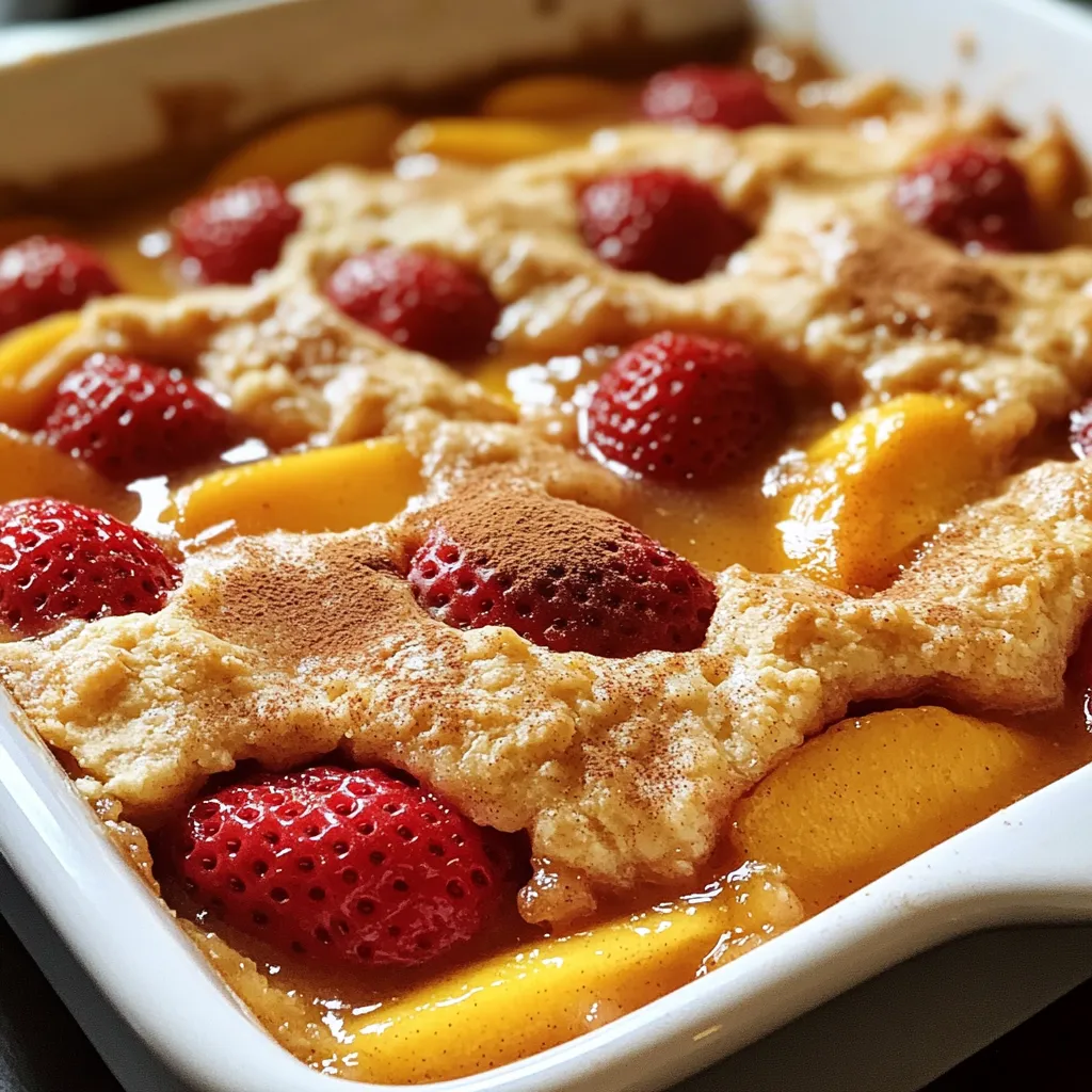 For this cobbler, you need: - 2 cups fresh strawberries, hulled and halved - 2 cups fresh peaches, pitted and sliced Fresh fruits are key to a great cobbler. Strawberries add sweetness, while peaches give a juicy touch. Choose ripe fruits for the best flavor. If you pick them yourself, try to get them at their peak. You will also need: - 1 cup granulated sugar, divided - 1 teaspoon vanilla extract - 1 tablespoon lemon juice Sugar helps the fruits shine. Use half a cup to mix with the fruit. The rest goes in the batter. Vanilla extract adds warmth, and lemon juice brightens the flavors. Just a hint of tartness enhances the fruits. Gather these dry items: - 1 cup all-purpose flour - 2 teaspoons baking powder - 1/2 teaspoon salt Flour forms the base of the batter. Baking powder makes it rise and fluffy. Salt is vital; it boosts all the other flavors. Together, they create a lovely texture for your cobbler. Start by washing the strawberries and peaches. Hull and halve the strawberries. Slice the peaches after removing the pit. In a large bowl, mix the fruit with 1/2 cup of sugar, vanilla extract, and lemon juice. Gently toss the fruit to coat it well. Let this sit for about 10 minutes. This step helps the fruit release its sweet juices. In a separate bowl, whisk together the flour, the remaining 1/2 cup of sugar, baking powder, and salt. Make sure there are no lumps. This mix will give your cobbler its light texture. Pour the milk and melted butter into the dry mix. Stir until just combined. Don’t worry about the lumps; they add character. Now, pour the batter into a greased 9x13 inch baking dish. Spread it evenly. Spoon the fruit mixture over the batter, letting some juices soak in. If you like, sprinkle a pinch of cinnamon on top. Bake in a preheated oven at 350°F for 40-45 minutes. The cobbler is done when golden brown and a toothpick comes out clean. Let it cool slightly before serving. Enjoy this warm with vanilla ice cream on top! To make the best strawberry peach cobbler, use ripe, fresh fruit. The flavor shines when the fruit is sweet. Letting the fruit sit with sugar brings out its juices. This step is key for a juicy filling. Mix the ingredients gently to keep the fruit intact. A few lumps in the batter are okay. This adds texture to the cobbler. Serve the cobbler warm right from the oven. Add a scoop of vanilla ice cream on top. The cold ice cream melts into the warm fruit. This makes each bite a delightful mix of hot and cold. For a fancy touch, add a sprig of mint. It adds color and a fresh taste. Pair your cobbler with whipped cream or yogurt for a creamy finish. A scoop of vanilla ice cream works best with this dish. You can also enjoy it with a hot cup of tea or coffee. The warm flavors of the cobbler and the drink blend well together. You can even serve it alongside a light salad for balance. This makes for a well-rounded meal. {{image_2}} You can switch up the fruits in your cobbler. Try using blueberries, raspberries, or even apples. Each fruit brings its own flavor and texture. Mixing fruits can create a unique taste. For example, peach and blueberry work well together. You can also use other summer fruits for a fresh twist. If you need a gluten-free option, swap all-purpose flour for a gluten-free blend. Many brands offer mixes that work well in baking. Just make sure the blend has xanthan gum. This ingredient helps with texture. You can still enjoy the same great flavor with this change. You can add fun extras to your cobbler. Nuts like walnuts or pecans add crunch. You can also mix in oats for a chewy texture. For toppings, consider whipped cream or vanilla ice cream. A sprinkle of cinnamon on top adds warmth. Get creative and make it your own! After you enjoy your strawberry peach cobbler, you may have some left. To store leftovers, let the dish cool to room temperature. Then, cover it tightly with plastic wrap or foil. You can also transfer it to an airtight container. This keeps the cobbler fresh for up to three days in the fridge. When you are ready to eat the leftovers, preheat your oven to 350°F (175°C). Place the cobbler in an oven-safe dish. Cover it with foil to prevent burning. Heat for about 15-20 minutes. If you want it warm and bubbly, remove the foil for the last 5 minutes. You can also reheat in the microwave, but the oven gives better results. If you want to save some cobbler for later, freezing is a great option. First, let it cool completely. Cut the cobbler into serving pieces. Wrap each piece in plastic wrap, then place them in a freezer bag. Be sure to squeeze out as much air as possible. You can freeze it for up to three months. When you're ready to eat, thaw it in the fridge overnight and reheat as needed. Yes, you can use frozen fruit. Frozen strawberries and peaches work well in this recipe. However, they may release more juice than fresh ones. To fix this, drain some juice before mixing the fruit with sugar and lemon juice. This keeps your cobbler from getting too watery. Your cobbler is done when the top turns golden brown. Insert a toothpick into the center. If it comes out clean, it's ready. You should also see some bubbling around the edges. This means the fruit is cooking well with the batter. Serve your cobbler warm for the best taste. A scoop of vanilla ice cream on top adds richness. You can also garnish with a sprig of mint for a nice touch. This makes the dish look pretty and adds fresh flavor. You learned how to make a tasty strawberry peach cobbler by using fresh fruits, sugar, and dry ingredients. I provided step-by-step instructions to prep, mix, and bake. Tips and tricks help perfect your dish, while variations open doors to new flavors. Don't forget about storing leftovers properly and reheating them for the next day. Now, you can impress your friends and family with this delicious treat. Enjoy this sweet dessert anytime!