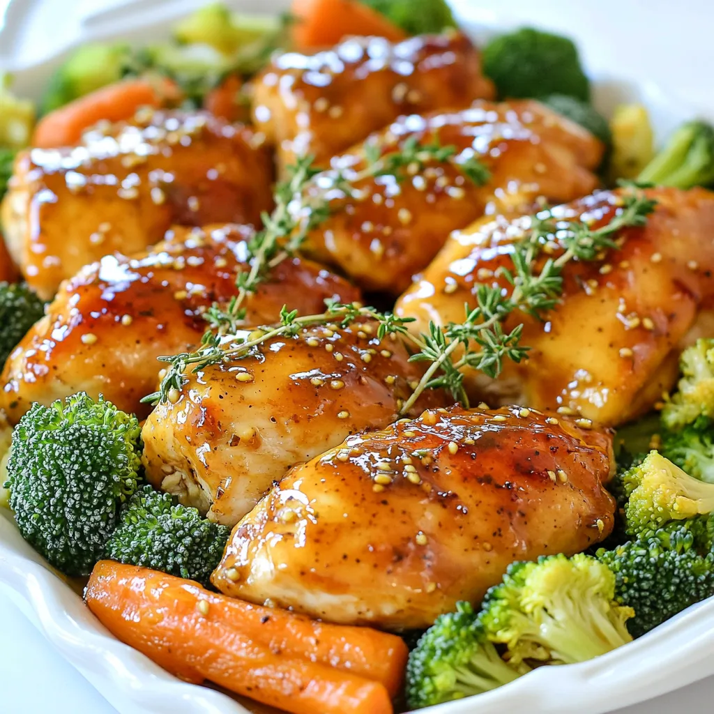 - 4 boneless, skinless chicken breasts - 1/4 cup Dijon mustard - 1/4 cup honey - 2 tablespoons apple cider vinegar - 2 tablespoons olive oil - 1 teaspoon garlic powder - 1 teaspoon onion powder - 1 teaspoon paprika - Salt and pepper to taste - 1 cup baby carrots - 2 cups broccoli florets - Fresh thyme leaves (for garnish) This recipe needs simple ingredients that pack a punch. I love using boneless, skinless chicken breasts for a quick cook. The Dijon mustard and honey mix makes a tangy and sweet sauce. Apple cider vinegar adds a nice zing. Olive oil keeps everything moist. You can find garlic powder and onion powder in most kitchens. Paprika gives a slight warmth and color to the dish. Salt and pepper are key for taste. Baby carrots add sweetness, while broccoli gives a nice crunch. Fresh thyme leaves are essential for garnish. They make the dish look pretty and add freshness. Together, these ingredients create a flavorful meal that's easy to pull together on a busy weeknight. {{ingredient_image_1}} - Preheat the oven: Start by preheating your oven to 425°F (220°C). This step is key for crisp chicken and tender veggies. - Prepare the honey mustard mixture: In a small bowl, whisk together 1/4 cup Dijon mustard, 1/4 cup honey, 2 tablespoons apple cider vinegar, and 2 tablespoons olive oil. Add 1 teaspoon garlic powder, 1 teaspoon onion powder, 1 teaspoon paprika, and some salt and pepper. Mix well until everything is smooth. - Coat the chicken: Place 4 boneless, skinless chicken breasts on one side of a large sheet pan. Pour half of the honey mustard mixture over the chicken. Make sure to coat each breast evenly. - Arrange vegetables on the sheet pan: On the other side of the pan, add 1 cup baby carrots and 2 cups broccoli florets. Drizzle the remaining honey mustard mixture over the veggies. Toss them gently to coat. - Bake the dish: Place the sheet pan in your preheated oven. Bake for 20 to 25 minutes. The chicken is done when it reaches an internal temperature of 165°F (75°C). The veggies should be tender but still bright. - Check for doneness: If you have a meat thermometer, use it to check the chicken. If it’s not ready, give it a few more minutes in the oven. - Let the dish rest before serving: After baking, remove the pan from the oven. Let the dish rest for about 5 minutes. This helps the chicken stay juicy. - Garnish and presentation tips: When ready to serve, place the chicken and veggies on a platter. Drizzle any leftover pan juices over the top. Add a sprinkle of fresh thyme leaves for color and a hint of freshness. To get great flavor, coat the chicken well with the marinade. Place the chicken in a bowl. Pour half of the honey mustard mixture over the chicken. Use your hands to rub the sauce on every side. This step ensures all parts get the same tasty flavor. Always check the chicken's temperature for safety. Use a meat thermometer and aim for 165°F (75°C). This keeps you and your loved ones safe from foodborne illnesses. Picking the right vegetables makes a big difference. I love using baby carrots and broccoli for this dish. They cook well and add nice color. You can also try other veggies, like bell peppers or zucchini. Just remember to cut them into similar sizes for even cooking. To achieve perfect tenderness, place the veggies on the pan with the chicken. Drizzle the remaining honey mustard mix over them. This adds flavor while they bake. Roast for about 20-25 minutes or until they are tender but not mushy. For the best taste, I suggest marinating the chicken for at least 30 minutes. This allows the flavors to soak in deeply. If you have time, marinate it overnight in the fridge for even more flavor. Using fresh herbs can also enhance the dish. Fresh thyme leaves make a lovely garnish. They add a burst of flavor and color. You can toss some into the marinade, too, for an extra kick. Pro Tips Marinate for Extra Flavor: Allow the chicken to marinate in the honey mustard mixture for at least 30 minutes or overnight for enhanced flavor. Vegetable Variations: Feel free to substitute or add other vegetables like bell peppers, zucchini, or asparagus for a colorful mix. Check Chicken Temperature: Always use a meat thermometer to ensure your chicken is cooked to the safe internal temperature of 165°F (75°C). Leftover Storage: Store any leftovers in an airtight container in the fridge for up to 3 days, making sure to reheat thoroughly before serving. {{image_2}} You can easily swap Dijon mustard for yellow mustard or whole grain mustard. Each type adds a unique flavor twist. For vegetables, try using asparagus or bell peppers instead of carrots and broccoli. These changes keep your dish fresh and exciting. To spice things up, add a pinch of red pepper flakes for heat. You can also mix in some cayenne pepper for a stronger kick. Another great idea is to include lemon juice or lime juice. Their tangy taste brightens the honey mustard sauce, creating a delightful balance. Preparing this meal in advance saves time. You can marinate your chicken in the honey mustard mix the night before. Store it in the fridge for a stronger flavor. For leftovers, let the chicken and veggies cool, then place them in airtight containers. They can last up to four days in the fridge. When you want to reheat, use the oven for the best results. Preheat the oven to 350°F (175°C). Place the chicken and veggies on a baking sheet. Heat for about 15 minutes or until warm. This keeps the taste and texture just right. To store leftovers, let the chicken cool completely. Place it in an airtight container. Add the veggies too, if you like. This helps keep them fresh. Leftovers stay good in the fridge for up to three days. You can freeze this dish for later. First, let it cool like before. Wrap the chicken and veggies tightly in foil or plastic wrap. Then, place them in a freezer bag. Squeeze out all the air. This keeps the food safe and tasty. You can freeze it for up to three months. To use frozen leftovers, move them to the fridge. Let them thaw overnight. You can also use the microwave for quick defrosting. To reheat, use the oven for best results. Preheat the oven to 350°F (175°C). Place the chicken and veggies on a baking sheet. Cover them with foil to keep moisture in. Heat for about 15-20 minutes. You can also use a microwave. Just heat in short bursts. Check often to avoid drying out the food. Enjoy your meal! Can I use bone-in chicken for this recipe? Yes, you can use bone-in chicken. Just adjust the cooking time. Bone-in chicken takes longer to cook. Aim for an internal temperature of 165°F (75°C) to ensure it's safe. What other sides pair well with this dish? Many sides go great with this dish. Try roasted potatoes, rice, or a fresh salad. Quinoa also works well and adds a nutty flavor. How can I make this recipe gluten-free? To make this recipe gluten-free, use gluten-free Dijon mustard. Check the labels on all your ingredients to ensure they are gluten-free. Is it safe to eat undercooked chicken? No, it is not safe to eat undercooked chicken. Always cook chicken to an internal temperature of 165°F (75°C). This helps kill harmful bacteria. Can I adjust the sweetness in the sauce? Yes, you can adjust the sweetness. Add more honey for a sweeter taste or use less for a tangy flavor. Taste the sauce before pouring it on the chicken and veggies. How can I make a low-sugar version? For a low-sugar version, swap honey for a sugar-free syrup. You can also use mashed bananas or unsweetened applesauce as sweeteners. How to incorporate this dish into a weekly meal plan? This dish is great for meal planning. Cook a batch on the weekend. Store it in the fridge for quick meals during the week. Pair it with different sides each day. Can I double this recipe for larger families? Yes, you can double this recipe. Just use a larger sheet pan or two pans. Make sure to space the chicken and vegetables well for even cooking. This blog post showed how to make sheet pan honey mustard chicken with ease. I shared a clear ingredient list and step-by-step instructions for a tasty meal. You learned important tips for perfecting the dish and ideas for variations. I also covered storing and reheating leftovers effectively. Try this simple recipe for a flavorful family meal. With practice, you'll impress everyone with your cooking skills. Enjoy your meals, and remember, cooking should be fun and rewarding!