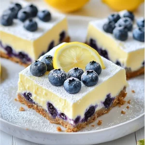 - 1 ½ cups graham cracker crumbs - ½ cup unsalted butter, melted - 2 tablespoons sugar - 16 oz cream cheese, softened - 1 cup sugar - 2 large eggs - 1 teaspoon vanilla extract - Zest of 1 lemon - ½ cup fresh lemon juice - 1 cup fresh blueberries (or frozen, thawed) - 1 tablespoon cornstarch (for thickening) These ingredients come together for a delicious treat. First, the graham cracker crumbs form the crust. You need to melt the unsalted butter and mix it with the crumbs and sugar for great flavor. The cream cheese makes the filling rich and creamy. Next, the eggs add structure to the cheesecake. Vanilla extract gives it a warm, sweet note. Fresh lemon zest and juice bring a bright taste that pairs well with blueberries. Blueberries add natural sweetness and a burst of color. Cornstarch helps thicken the filling, ensuring it sets nicely. Each ingredient plays a vital role in crafting these tasty cheesecake bars. {{ingredient_image_1}} 1. Preheat your oven to 350°F (175°C). Line a 9x9 inch baking pan with parchment paper. Leave some paper hanging over the edges. This helps you lift the bars out later. 2. Mix the crust ingredients. In a bowl, combine 1 ½ cups of graham cracker crumbs, ½ cup of melted unsalted butter, and 2 tablespoons of sugar. Stir until the crumbs look wet and sandy. 3. Bake the crust. Press the crumb mixture into the bottom of the pan. Make it even and firm. Bake in the oven for 10 minutes. Let it cool slightly before adding the filling. 1. Beat the cream cheese. In a large bowl, use an electric mixer to beat 16 oz of softened cream cheese until smooth. 2. Add sugar. Gradually mix in 1 cup of sugar until well combined. 3. Incorporate eggs and flavors. Add 2 large eggs one at a time. Blend well after each addition. Mix in 1 teaspoon of vanilla extract, zest of 1 lemon, and ½ cup of fresh lemon juice. Blend until smooth. 4. Prepare the blueberries. In a small bowl, toss 1 cup of fresh blueberries with 1 tablespoon of cornstarch. This helps them stay suspended in the batter. Gently fold the blueberries into the cheesecake mixture. 1. Pour and smooth the mixture. Carefully pour the cheesecake mixture over the cooled crust. Use a spatula to smooth the top. 2. Bake the bars. Place the pan in the oven. Bake for 25-30 minutes. The center should be slightly set but still jiggle a bit. 3. Cool and refrigerate. Let the bars cool at room temperature for about an hour. Then place them in the fridge for at least 3-4 hours, or overnight if you can wait! This helps them firm up nicely. To achieve the right cheesecake consistency, make sure your cream cheese is soft. This helps mix in smoothly. Beat the cream cheese until it is creamy, with no lumps. Add the sugar gradually to avoid clumps. To prevent blueberries from sinking, toss them in cornstarch before adding them to the batter. This coats them lightly and helps them stay suspended as they bake. For the best texture, chill the cheesecake bars for at least 3-4 hours. If you can wait overnight, that’s even better! This allows them to set fully and makes them easier to cut. Garnishing the bars adds a nice touch. Dust them lightly with powdered sugar and scatter a few blueberries on top. This not only looks nice but also adds flavor. For serving, add lemon slices on the side. The bright color and fresh taste of lemon will enhance your dessert. It makes your cheesecake bars look fancy and inviting! Pro Tips Use Room Temperature Ingredients: Ensure your cream cheese is softened to room temperature for a smooth and creamy filling. This helps to prevent lumps in the cheesecake mixture. Don't Overmix: Once you've added the eggs, mix just until combined. Overmixing can incorporate too much air, leading to cracks in your cheesecake bars as they bake. Cool Gradually: Allowing the cheesecake to cool slowly at room temperature before refrigerating helps to prevent cracking. Avoid placing it directly into the fridge while it's still hot. Chill Overnight: For the best texture and flavor, let your cheesecake bars chill in the refrigerator overnight. This gives the flavors time to meld and the filling to set properly. {{image_2}} You can switch up the flavors in your blueberry lemon cheesecake bars. Here are some ideas: - Alternative fruit options: Try using strawberries or raspberries instead of blueberries. Both fruits add a fresh taste. - Adding unique spices: A pinch of ginger or cinnamon can add warmth. Just a small amount will enhance the flavor. - Swapping lemon for other citrus fruits: Use lime or orange for a different twist. Each fruit brings its own unique brightness. If you need to change the recipe for dietary needs, here are some great options: - Gluten-free crust options: Use gluten-free graham cracker crumbs or almond flour. These will hold the bars together nicely. - Vegan substitutes for cream cheese and eggs: Use vegan cream cheese and flax eggs. They work well and keep it creamy. - Sugar alternatives for a healthier version: Replace sugar with honey or a sugar substitute. This can help reduce calories while keeping it sweet. These variations and modifications let you enjoy the bars in your own way! To keep your Blueberry Lemon Cheesecake Bars fresh, store them in the fridge. Place them in an airtight container. This way, they stay cool and tasty for up to five days. If you have leftovers, this method works great. Just make sure they are fully chilled first. If you want to save some for later, you can freeze them. Wrap each bar in plastic wrap, then place them in a freezer-safe bag. They can last for up to three months in the freezer. When you want to enjoy them again, just take them out and let them thaw in the fridge overnight. Leftover cheesecake bars are delicious cold, but you can warm them up too. To do this, preheat your oven to 300°F (150°C). Place the bars on a baking sheet and heat for about 10 minutes. This will make them soft and creamy again. If you froze the bars, thaw them in the fridge first. This keeps the texture nice. After they are thawed, you can follow the same reheating steps for a warm treat. Enjoy the sweet and tangy flavors with each bite! Can I use frozen blueberries? Yes, you can use frozen blueberries. Just make sure to thaw and drain them first. This helps avoid extra moisture in the bars. How can I make the bars more or less sweet? To make the bars sweeter, add more sugar to the cheesecake mix. If you want less sweetness, cut back on the sugar in the filling. Taste as you go to find the right balance. How do I know when the cheesecake bars are done baking? Look for a slight jiggle in the center of the bars. They should puff up a little but remain soft. This means they are set but not overcooked. Can I make these bars ahead of time? Yes, these bars are great for making ahead. You can prepare them a day in advance. Just remember to chill them for at least four hours before serving. What can I serve alongside cheesecake bars? Serve these bars with fresh fruit, whipped cream, or a drizzle of lemon glaze. A slice of lemon on the plate adds a nice touch too! You now have a complete guide to making delicious Blueberry Lemon Cheesecake Bars. We covered all the key ingredients, from the crust to the creamy filling. You learned safe baking steps to ensure your bars turn out perfect. Remember to try the tips for texture and presentation for the best results. Feel free to explore variations and make it your own. Proper storage will keep leftovers fresh for later, so you can enjoy more after the first bite. Happy baking!
