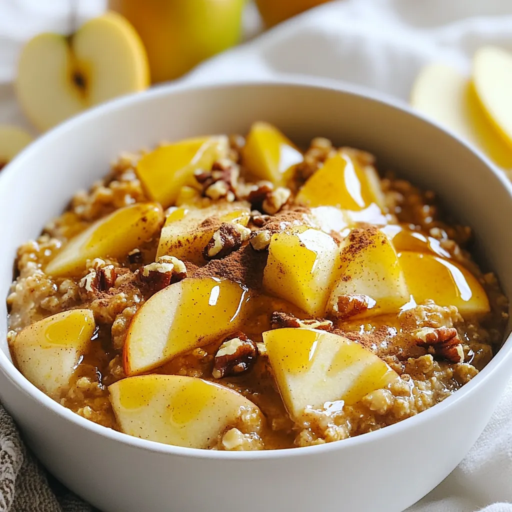 To make delicious apple cinnamon baked oatmeal, gather these ingredients: - 2 cups rolled oats - 2 cups almond milk (or any milk of your choice) - 2 medium apples, peeled and chopped - 1/4 cup maple syrup or honey - 1 teaspoon vanilla extract - 1 teaspoon ground cinnamon - 1/2 teaspoon nutmeg - 1/2 teaspoon baking powder - 1/4 teaspoon salt - 1/4 cup chopped walnuts or pecans (optional) - 1/4 cup raisins or dried cranberries (optional) You can swap some ingredients based on what you have: - Use any milk, like cow's milk or oat milk, instead of almond milk. - If you prefer, use brown sugar or agave syrup instead of maple syrup. - Try different apples like Honeycrisp or Fuji for a sweeter taste. - If you're nut-free, skip the nuts or use seeds like pumpkin seeds. - You can also use fresh or frozen berries instead of raisins or cranberries. This recipe serves six. Each serving has: - Calories: 190 - Protein: 4g - Fat: 5g - Carbohydrates: 33g - Fiber: 4g - Sugars: 8g This meal is filling and offers good nutrients. It’s perfect for breakfast or a cozy snack. {{ingredient_image_1}} 1. Start by preheating your oven to 350°F (175°C). This helps the oatmeal bake evenly. 2. In a large mixing bowl, combine 2 cups of rolled oats, 1 teaspoon of ground cinnamon, 1/2 teaspoon of nutmeg, 1/2 teaspoon of baking powder, and 1/4 teaspoon of salt. Mix these dry ingredients well. 3. In another bowl, whisk together 2 cups of almond milk, 1/4 cup of maple syrup (or honey), and 1 teaspoon of vanilla extract. This will be your wet mixture. 4. Peel and chop 2 medium apples. I suggest using Granny Smith apples for their tartness. Add the apples to the dry mixture. 5. Pour the wet mixture into the dry ingredients. Stir until everything is well combined. 6. If you like, fold in 1/4 cup of chopped walnuts or pecans and 1/4 cup of raisins or dried cranberries for extra flavor. 1. Grease a 9x9 inch baking dish with a little oil or cooking spray. 2. Pour the oatmeal mixture into the dish. Spread it evenly. 3. Place the baking dish in the preheated oven. Bake for 30 to 35 minutes. The top should be golden and firm to the touch when done. 1. Once baked, remove the dish from the oven. Let it cool slightly for about 5 minutes. 2. Slice the baked oatmeal into squares. Serve warm for the best taste. 3. Drizzle a little extra maple syrup on top and sprinkle with more cinnamon if you wish. 4. For an extra treat, add fresh apple slices and a dollop of yogurt or whipped cream. Enjoy your cozy meal! To make the best baked oatmeal, use rolled oats. They absorb moisture well and create a nice texture. I recommend Granny Smith apples for a tart bite that balances sweetness. Make sure to chop the apples into small pieces for even cooking. Also, grease your baking dish well; this helps the oatmeal release easily once baked. One common mistake is using instant oats. Instant oats can make your dish mushy. Another mistake is not measuring the milk correctly. Too much milk can lead to a watery oatmeal. If you skip the baking powder, the oatmeal will not rise properly. Lastly, don’t skip the resting time after baking. It allows the flavors to meld together. You can enhance your baked oatmeal by adding spices. Try adding a pinch of ginger or allspice for warmth. For extra crunch, fold in chopped nuts like walnuts or pecans. Dried fruits like raisins or cranberries add a sweet touch. I love drizzling a bit of maple syrup on top right before serving. It adds a lovely shine and extra sweetness. Pro Tips Choosing the Right Apples: For a perfect balance of sweetness and tartness, Granny Smith apples are ideal, but feel free to mix in some sweeter varieties like Honeycrisp or Fuji for added flavor. Make It Vegan: Substitute the honey with maple syrup or agave nectar to keep this dish vegan-friendly, ensuring everyone can enjoy it! Storage Tips: Store leftovers in an airtight container in the fridge for up to 5 days. It also freezes well, so consider making a double batch for easy breakfasts! Customize Your Toppings: Top your baked oatmeal with your favorite nuts, seeds, or a dollop of yogurt for added protein and texture. Fresh berries also make a delightful addition! {{image_2}} You can change up the flavors in your baked oatmeal. Try adding different fruits like bananas, blueberries, or peaches. Each fruit brings its own taste. You can also switch the spices. Instead of cinnamon, consider ginger or cardamom for a new twist. Adding a splash of orange juice can brighten the dish too. For a gluten-free option, use gluten-free oats. They work just as well as regular oats. If you're vegan, swap almond milk for any plant-based milk. Replace honey with maple syrup for sweetness. You can also skip the eggs entirely, as this recipe does not need them. Serve your oatmeal warm for the best taste. Drizzle with extra maple syrup for sweetness. Top with fresh apple slices for a nice crunch. You can also add yogurt or whipped cream for creaminess. A sprinkle of nuts will give it a delightful texture. Enjoy it as part of a cozy breakfast or a sweet snack! After you enjoy your apple cinnamon baked oatmeal, store leftovers in a tight container. Let it cool first. This helps keep it fresh. Place it in the fridge. It will stay good for about five days. If you want, you can also cover it with plastic wrap. When you are ready to eat your leftovers, take them out of the fridge. You can reheat the oatmeal in the microwave. Warm it for about one to two minutes. Stir halfway for even heating. If you prefer, you can also heat it in the oven. Preheat the oven to 350°F (175°C). Place it in an oven-safe dish and heat for about 10-15 minutes. You can freeze baked oatmeal if you have extra. Cut it into squares and wrap each piece in plastic wrap. Then, place them in a freezer bag. Make sure you remove as much air as possible. This way, it stays fresh for up to three months. When you want to eat it, thaw in the fridge overnight. Then, reheat it as mentioned before. Yes, you can use quick oats. They will cook faster and change the texture. Quick oats make the dish softer and less chewy. If you prefer a firmer bite, stick to rolled oats. Baked oatmeal lasts about five days in the fridge. Store it in an airtight container. This helps keep it fresh and tasty. Just reheat the portions you want to eat. Yes, you can prepare it ahead. Mix the dry and wet ingredients and store them separately. Combine them the night before baking. This saves you time in the morning and gives you warm oatmeal fast. We covered everything about baked oatmeal. You learned the key ingredients, useful substitutions, and serving ideas. I shared step-by-step instructions for preparation and baking. You now know tips and tricks to avoid common mistakes and enhance flavor. Variations let you switch things up for different diets and tastes. I also explained how to store your leftovers and answer your most common questions. Now, you can confidently bake oatmeal that suits your style and needs. Enjoy every bite!