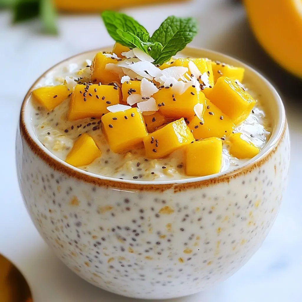 To make Coconut Mango Overnight Oats, you will need the following ingredients: - 1 cup rolled oats - 1 cup coconut milk (canned or carton) - 1 ripe mango, diced - 1 tablespoon chia seeds - 1 tablespoon maple syrup (adjust to taste) - 1/2 teaspoon vanilla extract - A pinch of salt - Unsweetened shredded coconut, for topping - Fresh mint leaves, for garnish Each ingredient plays a key role in creating this dish. The rolled oats provide a hearty base. Coconut milk gives it a creamy texture and tropical flavor. Diced mango adds sweetness and freshness. Chia seeds thicken the oats and pack in nutrients. Maple syrup sweetens the dish, while vanilla extract enhances the overall taste with warmth. A pinch of salt balances the flavors. Finally, shredded coconut and mint leaves add a beautiful finish. You can find these ingredients at your local grocery store. Choose ripe mangoes for the best flavor. {{ingredient_image_1}} To make Coconut Mango Overnight Oats, first gather your supplies. You need a bowl, a spoon, and jars for serving. This recipe takes only 10 minutes to prep. It’s fun and easy, perfect for busy mornings. Start by mixing dry ingredients. In a medium bowl, combine: - 1 cup rolled oats - 1 tablespoon chia seeds - A pinch of salt - 1 tablespoon maple syrup Next, add the wet ingredients. Pour in: - 1 cup coconut milk - 1/2 teaspoon vanilla extract Stir everything well until combined. Then, fold in half of the diced mango. This adds a burst of flavor. Set aside the rest of the mango for later. Now, transfer the mixture into jars or a large container. Seal them tightly. Refrigerate overnight or at least four hours. This allows the oats to soak up the coconut milk. In the morning, check the consistency. If it’s too thick, add a splash of coconut milk. Now you are ready to serve! Enjoy your tasty Coconut Mango Overnight Oats topped with the remaining mango, shredded coconut, and fresh mint leaves. You can change the sweetness to fit your taste. Start with one tablespoon of maple syrup. After mixing, taste your oats. If you want it sweeter, add a little more syrup. You can also use honey or agave syrup if you prefer. Remember, the mango adds natural sweetness too. To get the right texture, use one cup of coconut milk for every cup of oats. If your oats are too thick after chilling, just stir in a splash of coconut milk. This will help you reach the creaminess you like. The chia seeds also help thicken the mix, so don’t skip them! Add more flavors to make your oats exciting. Try adding spices like cinnamon or nutmeg to the mix. You can also include lime juice for a zesty kick. For a nutty taste, mix in some chopped nuts or seeds. Top with fresh fruit, shredded coconut, or yogurt for extra flavor and fun! Pro Tips Choose Ripe Mangoes: For the best flavor and sweetness, make sure to use ripe mangoes that are slightly soft to the touch and have a fragrant aroma. Customize the Sweetness: Adjust the amount of maple syrup to your taste preference. You can also substitute it with honey or agave syrup if desired. Experiment with Toppings: Feel free to add other toppings like nuts, seeds, or additional fruits such as berries or bananas for extra texture and flavor. Make It Vegan: Ensure the coconut milk you use is labeled as vegan if you want to keep this recipe plant-based. Canned coconut milk usually provides a creamier texture. {{image_2}} You can change up the fruit in your oats. Try adding pineapple or banana. You can also mix in berries like strawberries or blueberries. Each fruit adds a new taste. This keeps breakfast fun and exciting. If you want a dairy-free option, use coconut milk. You can also try almond or oat milk. These choices work well and keep the oats creamy. They add unique flavors too. Make it how you like it! Toppings can really make your oats pop. Try adding nuts like almonds or walnuts for crunch. A drizzle of honey or agave syrup gives extra sweetness. You can also sprinkle cinnamon for a warm flavor. Fresh fruit on top looks pretty and tastes great! To keep your coconut mango overnight oats fresh, store them in an airtight container. Jars with tight lids work best. Place the jars in the fridge right after you make them. This keeps the oats soft and tasty. If you add toppings like mango or coconut, wait until serving time. This keeps them fresh and prevents sogginess. You can freeze your oats for later use. Portion them into freezer-safe containers or bags. Make sure to leave some space for expansion. When you’re ready to eat, thaw them in the fridge overnight. You can also heat them in the microwave. Add a little coconut milk to bring back the creaminess. Coconut mango overnight oats last up to five days in the fridge. If you freeze them, they can stay good for about three months. Just remember to check for any signs of spoilage. If they smell off or look strange, it’s best to throw them away. Enjoy your easy and tasty breakfast! Overnight oats stay fresh for up to five days in the fridge. Store them in an airtight container. I love making a batch at the start of the week. This way, I have breakfast ready for busy mornings. You can use quick oats, but the texture will change. Quick oats absorb liquid faster and become softer. I recommend sticking to rolled oats for a heartier bite. They give a nice chewiness that pairs well with coconut and mango. To make this recipe vegan, simply use maple syrup and coconut milk. Both are plant-based and perfect for a vegan diet. This recipe already fits well within vegan guidelines, so you're all set. Yes, adding nuts or seeds is a great idea! Almonds, walnuts, or pumpkin seeds add crunch and nutrition. Just sprinkle them on top before serving. It brings a nice texture contrast to the creamy oats. If you don’t have coconut milk, you can use almond milk or oat milk. These alternatives will still give a nice flavor but will change the creamy texture a bit. Coconut milk gives that tropical vibe, but other milks work well too. Absolutely! You can prepare these oats up to five days ahead. Just keep them sealed in the fridge. This makes it easy to grab and go. Perfect for busy mornings when time is short. This blog post covers a simple and tasty overnight oats recipe. We explored the key ingredients like rolled oats and ripe mango. I shared step-by-step instructions to make your oats easy to prepare. Tips helped you adjust sweetness and enhance flavor. We also discussed fun variations and storage methods. Enjoy this nourishing dish and make it your own. I hope you try it and find new ways to love overnight oats!