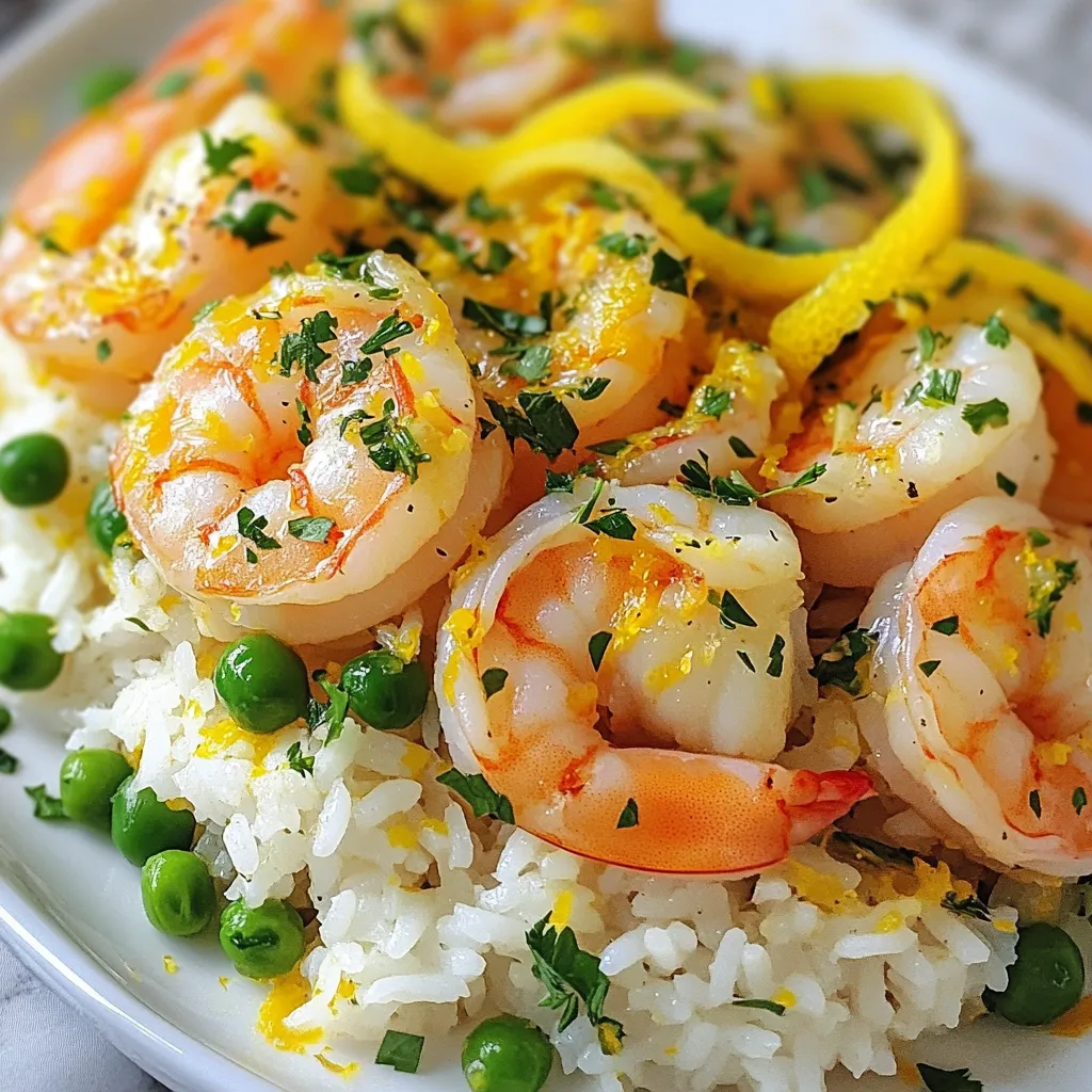 - 1 lb (450g) shrimp, peeled and deveined - 2 cups jasmine rice - 4 tablespoons unsalted butter - 5 garlic cloves, minced - 1 cup chicken broth - 1 cup water - 1 tablespoon lemon juice - 1 teaspoon paprika - Salt and pepper to taste - 1 cup green peas (fresh or frozen) - Fresh parsley, chopped (for garnish) This dish stands out for its simple yet rich flavors. The shrimp give a sweet taste, and garlic adds a savory kick. The jasmine rice is fluffy and fragrant. It acts as the perfect base to soak up all the delicious garlic butter. Using fresh shrimp is key for the best flavor. You can choose large or medium shrimp. Just make sure they are peeled and deveined. I love using jasmine rice. Its soft texture pairs well with the buttery shrimp. For added depth, I use chicken broth instead of water. This small swap makes a big difference in taste. A splash of lemon juice brightens the dish and adds a nice zing. Don’t forget the peas! They add a pop of color and a slight sweetness. Fresh parsley on top makes the dish look great and tastes amazing too. Gather these ingredients, and you’re ready to create a delightful meal that everyone will love. {{ingredient_image_1}} Start by rinsing the jasmine rice under cold water. This step is key. It removes extra starch. The result is fluffy rice. Keep rinsing until the water runs clear. Next, grab a medium saucepan. Combine the rinsed rice with chicken broth, water, and a pinch of salt. Bring this mix to a boil over medium-high heat. Once it boils, reduce the heat to low. Cover the pan and let it simmer for 15 minutes. The rice should become tender, and the liquid will absorb. After that, remove it from heat but keep it covered. Now, let’s cook the shrimp. In a large skillet, melt the unsalted butter over medium heat. Add the minced garlic and sauté it for 1-2 minutes. You want it fragrant but not burned. Then, add the peeled and deveined shrimp to the skillet. Sprinkle with paprika, salt, and pepper. Cook for about 2-3 minutes on each side. The shrimp should turn pink and be fully cooked. Once the shrimp is ready, stir in the green peas. Cook for another 2 minutes until they heat through. Now, remove the skillet from heat. Drizzle the lemon juice over the shrimp and peas. Next, fluff the cooked rice with a fork. Divide it among serving plates. Top each plate with the garlic butter shrimp and peas mix. Finally, garnish with freshly chopped parsley. This adds color and flavor to your dish. Enjoy your meal! Rinsing the rice is key to fluffy grains. It removes extra starch. This step keeps the rice from being sticky. I rinse jasmine rice until the water is clear. To cook rice perfectly, use the right water-to-rice ratio. For jasmine rice, a 1:1 ratio of water and broth works well. Bring it to a boil, then cover and simmer. This keeps the steam in and cooks the rice evenly. How do you check if shrimp are done? Cook shrimp until they turn pink. They should curl slightly but not be rubbery. It usually takes about 2-3 minutes per side. Adjust the seasonings based on your taste. You can add more salt, pepper, or paprika. A splash of lemon juice brightens the dish and balances the flavors. Want to add more flavor? You can try garlic powder or onion powder. These spices deepen the taste. Fresh herbs like thyme or basil can also add a nice touch. For garnish, chopped parsley adds color and freshness. You can also use lemon wedges for an extra zesty kick. Both options enhance the dish and make it look appealing. Pro Tips Rinse the Rice: Rinsing the jasmine rice not only removes excess starch but also helps achieve a fluffier texture after cooking. Watch the Garlic: When sautéing garlic, keep a close eye on it. It can go from perfectly fragrant to burnt in a matter of seconds, affecting the dish's flavor. Perfectly Cooked Shrimp: Cook the shrimp just until they turn pink and opaque. Overcooking can make them tough and rubbery. Add Freshness: For an extra burst of flavor, consider adding a sprinkle of lemon zest along with the lemon juice before serving. {{image_2}} You can easily change the shrimp in this dish. Try using scallops or chicken instead. If you prefer a plant-based meal, use tofu or chickpeas. Both options give you great flavor. For those who need gluten-free meals, switch to gluten-free soy sauce or coconut aminos. You can also make this dish dairy-free. Just swap the butter for olive oil or vegan butter. This way, everyone can enjoy it. Adding vegetables can make this dish even better. Try bell peppers, broccoli, or spinach. These veggies add color and nutrients. You can also toss in some corn. It gives a sweet crunch. Spices can also change the taste. Try adding red pepper flakes for heat. Fresh herbs like basil or cilantro can brighten the dish. You could even use a dash of curry powder for a unique twist. You can serve garlic butter shrimp rice with many sides. A simple green salad pairs well and adds freshness. Garlic bread is another tasty option that complements the rich flavors. This dish is great for meal prep, too. Just pack it in containers for quick lunches. It reheats well and keeps its flavor. You can enjoy this dish any day of the week! To store your garlic butter shrimp rice, let it cool first. Use an airtight container. This keeps the flavors fresh. You can store it in the fridge for up to three days. If you want to keep it longer, freeze it. In the freezer, it can last for up to three months. Just make sure to label your container with the date. To reheat leftovers, the best method is the stovetop. Add a splash of water or broth to the skillet. Heat it on low, stirring gently. This helps prevent drying out. You can also use the microwave. Place the rice in a bowl, cover it with a damp paper towel, and heat in short bursts. If you have extra shrimp rice, try adding it to a salad or a wrap. You can also mix it into an omelet for a tasty breakfast. The possibilities are endless! You can tell shrimp are done when they turn pink and opaque. They should curl into a C shape. If they form an O shape, they are overcooked. Cooking time is usually about 2-3 minutes per side. It's crucial to avoid overcooking shrimp, as they can become rubbery. Always check the center for a firm texture. Yes, frozen shrimp work great! Thaw them in the fridge overnight for best results. If you're short on time, you can run them under cold water for several minutes. Once thawed, pat them dry with a paper towel. This helps the shrimp cook evenly and prevents excess water in your dish. Garlic butter shrimp rice pairs well with many sides. Here are some tasty options: - Steamed broccoli for a crunchy contrast - A fresh green salad with lemon vinaigrette - Garlic bread for a delightful twist - Roasted asparagus drizzled with olive oil Adding a side of fresh fruit can also lighten your meal. Enjoy experimenting with flavors that complement the shrimp! This blog post shows you how to make garlic butter shrimp rice with ease. You learned about the main ingredients, like shrimp and jasmine rice, and tasty seasonings. I covered detailed steps for cooking, tips for perfect rice, and variations to fit your needs. Remember, adding fresh flavors can make this dish even better. Cooking can be fun and rewarding, so enjoy your time in the kitchen. Your meals can be simple yet full of flavor!