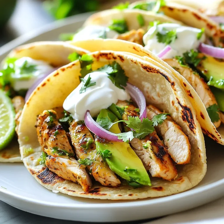 - Chicken thighs - Fresh cilantro - Limes - Garlic - Spices (Cumin, Chili Powder, Smoked Paprika) - Salt and pepper - Tortillas - Toppings (Avocado, Red Onion, Sour Cream) - Tomatoes - Jalapeños For these cilantro lime chicken tacos, you need key ingredients. First, use chicken thighs for their juiciness. Fresh cilantro adds a bright flavor that ties everything together. Limes bring a zesty punch, while garlic gives depth. The spices, including cumin, chili powder, and smoked paprika, create a warm and smoky taste. Salt and pepper are essential for seasoning. You can use either corn or flour tortillas to wrap your tacos. For toppings, sliced avocado, diced red onion, and a dollop of sour cream work great together. If you want to add extra flair, include optional ingredients like diced tomatoes and jalapeños. These bring freshness and a bit of heat. Enjoy your cooking adventure with these simple yet bold flavors! {{ingredient_image_1}} To start, you need to make the marinade. In a medium bowl, combine the following: - 1/4 cup fresh cilantro, chopped - Juice and zest from 2 limes - 2 cloves garlic, minced - 1 teaspoon cumin - 1 teaspoon chili powder - 1 teaspoon smoked paprika - Salt and pepper to taste Mix all the ingredients well. Next, add 1 lb of boneless, skinless chicken thighs to the marinade. Ensure the chicken is well coated. Cover the bowl and refrigerate for at least 30 minutes. If you want more flavor, refrigerate for up to 2 hours. Now it’s time to cook the chicken. Preheat your grill or skillet over medium-high heat. Once hot, take the chicken out of the marinade and discard the leftover marinade. Cook the chicken for about 5-7 minutes on each side. You want the chicken fully cooked and no longer pink. The internal temperature should reach 165°F (75°C). After cooking, let the chicken rest for a few minutes. Then, slice it into strips. To warm the tortillas, place them in a dry skillet. Heat for about 30 seconds on each side until they are pliable. Now, it’s time to assemble the tacos! Place a few strips of chicken onto each tortilla. Top with sliced avocado, diced red onion, and a dollop of sour cream or Greek yogurt. Don’t forget to garnish with fresh cilantro. If you like, add diced tomatoes or jalapeños for extra flavor. Enjoy your tasty tacos! - Achieving the right temperature: Cook the chicken until it reaches 165°F (75°C). Use a meat thermometer for accuracy. This ensures the chicken is safe to eat and tender. - Preventing dryness: Marinate the chicken for at least 30 minutes. This step adds flavor and moisture. When cooking, avoid overcooking. Let the chicken rest after cooking for juiciness. - Best side dishes to pair: Serve with rice, beans, or a fresh salad. These sides complement the flavors of the tacos well. - Garnishing ideas: Top your tacos with extra cilantro, diced tomatoes, or jalapeños. These add color and a burst of flavor. Consider adding lime wedges for a zesty finish. Pro Tips Marinate for Maximum Flavor: Allow the chicken to marinate for at least 2 hours for deeper flavor penetration. Overnight is even better! Choose the Right Chicken: Boneless, skinless chicken thighs are preferred for their juiciness and tenderness compared to chicken breasts. Tortilla Warming Technique: Warm tortillas on a dry skillet to enhance their flavor and flexibility, making them easier to fold without tearing. Freshness Matters: Use fresh cilantro and ripe avocados for the best taste and presentation. Quality ingredients elevate your tacos! {{image_2}} To make these tacos gluten-free, use corn tortillas instead of flour. Corn tortillas are naturally gluten-free and add great flavor. Always check the label for any hidden gluten in pre-packaged tortillas. For low-carb options, try using lettuce wraps. Instead of tortillas, use large lettuce leaves like romaine or butter lettuce. This keeps the dish fresh and light, perfect for a low-carb diet. You can switch up the seasonings in the marinade. Try adding oregano or coriander for different flavors. You could also add cayenne pepper if you like a spicy kick. Experiment with smoked salt for a deeper taste. Adding fruits or vegetables can also enhance these tacos. Pineapple or mango chunks add sweetness. You can mix in bell peppers or zucchini for extra crunch and color. These small changes can elevate your dish to new heights! To keep your tacos fresh, place leftovers in an airtight container. Refrigerate them within two hours of cooking. They will last up to three days in the fridge. For longer storage, you can freeze the chicken. Wrap the chicken in plastic wrap, then place it in a freezer bag. It can last up to three months in the freezer. When ready to eat, thaw it in the fridge overnight before reheating. For the best taste, reheat the chicken in a skillet over medium heat. This method keeps the chicken juicy and warm. You can also use a microwave. Place the chicken on a microwave-safe plate and cover it with a damp paper towel. Heat in short bursts, checking often to avoid overcooking. Warm the tortillas in a dry skillet for about 30 seconds on each side. This way, you maintain their texture and flavor. Enjoy those tacos just like the first time! Can I use chicken breasts instead of thighs? Yes, you can use chicken breasts. They will cook faster. The flavor will be less rich. Thighs have more fat, making them juicier. If using breasts, watch the cooking time closely. How spicy is this recipe? This recipe is mild to medium spicy. The chili powder adds a bit of heat, but not much. If you like it spicier, add jalapeños or more chili powder. Can I make the tacos ahead of time? Yes, you can prep the chicken and toppings ahead of time. Marinate the chicken and store it in the fridge. You can also chop the veggies in advance. Just warm the tortillas right before serving. - Caloric content and nutritional breakdown Each serving has about 400 calories. This includes protein from chicken and healthy fats from avocado. The tortillas add carbs, making it a balanced meal. - Health benefits of ingredients Cilantro is rich in vitamins A, C, and K. Limes add vitamin C, which helps your immune system. Avocado provides healthy fats that are good for your heart. Overall, these tacos are a tasty way to eat healthy. In this blog post, I shared how to make tasty cilantro lime chicken tacos. I covered the essential and optional ingredients, ensuring your dish is full of flavor. I laid out step-by-step instructions for marinating, cooking, and assembling the tacos. Remember, making these tacos is easy and fun! Use my tips for perfect chicken and explore variations that fit your diet. Store leftovers well and reheat correctly. Enjoy a delicious meal that everyone will love!