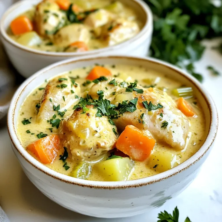 - 4 skinless chicken thighs, cut into bite-sized pieces - 2 tablespoons olive oil - 1 medium onion, diced - 3 cloves garlic, minced - 3 carrots, sliced - 2 celery stalks, diced - 3 medium potatoes, cubed - 4 cups chicken broth - 1 cup heavy cream - 1 teaspoon dried thyme - 1 teaspoon dried rosemary - Salt and pepper to taste - Fresh parsley, chopped (for garnish) For this creamy herb chicken stew, I start with chicken thighs. They give the stew a rich flavor. I use skinless thighs for a healthier dish. Olive oil provides a nice base for cooking the onions and garlic. Next, I add vegetables. The onion, garlic, carrots, and celery create a savory base. Potatoes add heartiness. They soak up the broth and cream well. I use fresh herbs like thyme and rosemary for aroma and taste. A pinch of salt and pepper rounds out the flavors. - Additional herbs - Other vegetables - Protein variations To make this stew your own, you can add more herbs. Fresh parsley or basil can brighten the dish. You can also swap in other vegetables, like green beans or bell peppers. If you want more protein, try using chicken breast or turkey. Each option brings a new taste. You can even use beans for a plant-based twist. {{ingredient_image_1}} 1. Start by heating the olive oil in a large pot over medium heat. 2. Add your diced onion to the pot. Sauté it for about 3-4 minutes until it looks clear. 3. Next, toss in the minced garlic, sliced carrots, and diced celery. Cook these veggies for 5 minutes. Stir them often until they begin to soften. 4. Now, raise the heat to medium-high. Add the chicken pieces to the pot. Season them with salt, pepper, thyme, and rosemary. 5. Cook the chicken for about 5-7 minutes until it turns golden brown. 1. Add the cubed potatoes to the pot. Pour in the chicken broth next. 2. Bring everything to a boil. Once boiling, lower the heat and cover the pot. 3. Let it simmer for about 20 minutes. The potatoes should be soft, and the chicken should be fully cooked. 4. Now, stir in the heavy cream. Let the stew simmer for another 5-10 minutes. This will help it thicken a bit. 5. Taste the stew. Adjust the seasoning with salt and pepper if you need to. 1. Remove the pot from heat and let it sit for a few minutes. 2. Serve the stew in bowls. 3. Top it off with fresh chopped parsley for a nice touch. Enjoy your creamy herb chicken stew! To ensure perfect chicken texture, cut the chicken thighs into small, even pieces. This helps them cook through without drying out. Always brown the chicken well before adding broth. This step builds rich flavor. I recommend using a medium-high heat for this part. The goal is to get a nice sear on each piece. Enhancing flavor with herbs is simple. Use dried thyme and rosemary for a great start. These herbs add depth to your stew. Fresh herbs can also elevate the dish. Add parsley just before serving for a fresh touch. One common mistake is overcooking the chicken. When the chicken cooks too long, it becomes rubbery and dry. Keep an eye on the cooking time and check for doneness. Insufficient seasoning can leave your stew bland. Always taste as you go. Add salt and pepper to enhance the dish's flavor. Remember, the broth can vary in saltiness, so adjust your seasoning accordingly. Pro Tips Season the Chicken: To enhance the flavor, season the chicken with salt and pepper before cooking to allow the spices to penetrate the meat. Use Fresh Herbs: If possible, substitute dried herbs with fresh ones for a more vibrant flavor profile in your stew. Thickening the Stew: If you prefer a thicker stew, mix a tablespoon of cornstarch with cold water and stir it into the stew during the last few minutes of cooking. Rest Before Serving: Allow the stew to rest for a few minutes after cooking; this helps the flavors meld and improves the overall taste. {{image_2}} You can change the protein in this stew. Try using turkey or even tofu. These swaps still give you a hearty meal. Each protein brings its own taste and texture. For vegetables, feel free to mix things up. You could add green beans or peas for extra color. Sweet potatoes work well too. They add a sweet touch and a creamy texture. Want to spice things up? Add paprika for a smoky flavor. A pinch of cayenne pepper can give a kick. You can also try curry powder for a unique twist. Changing the broth makes a big difference. Use vegetable broth for a lighter taste. Beef broth adds depth and richness. Each option helps you create a new flavor profile in your stew. To store leftover creamy herb chicken stew, let it cool first. Use airtight containers for best results. Place the stew in the container, leaving some space at the top. Seal it tightly to keep out air. Store it in the fridge for up to three days. When ready to eat, reheat it on the stove over medium heat. Stir it often to heat evenly. If you want to keep the stew longer, freezing is a great option. First, let the stew cool completely. Pour it into freezer-safe containers or bags. Leave some space at the top to allow for expansion. Label the containers with the date. You can freeze it for up to three months. When you want to enjoy it, thaw it overnight in the fridge. Reheat on the stove when ready to serve. You can use milk and butter as a substitute. Mix ¾ cup of milk with ¼ cup of melted butter. This blend gives you a creamy texture similar to heavy cream. You can also try using coconut milk for a dairy-free option. It adds a unique flavor too. Yes, you can use bone-in chicken. It will add more flavor to the stew. Just remember to cook it longer. Bone-in chicken takes more time to get tender. Make sure to remove the bones before serving. This stew can last about 3 to 4 days in the fridge. Store it in an airtight container. Make sure it cools down before putting it in the fridge. If you want to keep it longer, consider freezing it. This blog post covered the essentials for making creamy herb chicken stew. We explored key ingredients like chicken thighs, oils, and veggies. You learned easy steps to prepare, cook, and garnish the stew. I shared tips for the best texture and flavor, plus common mistakes to avoid. Remember, you can vary ingredients for unique twists. With proper storage info, you can enjoy leftovers too. Now, get cooking and enjoy this tasty dish with your loved ones!
