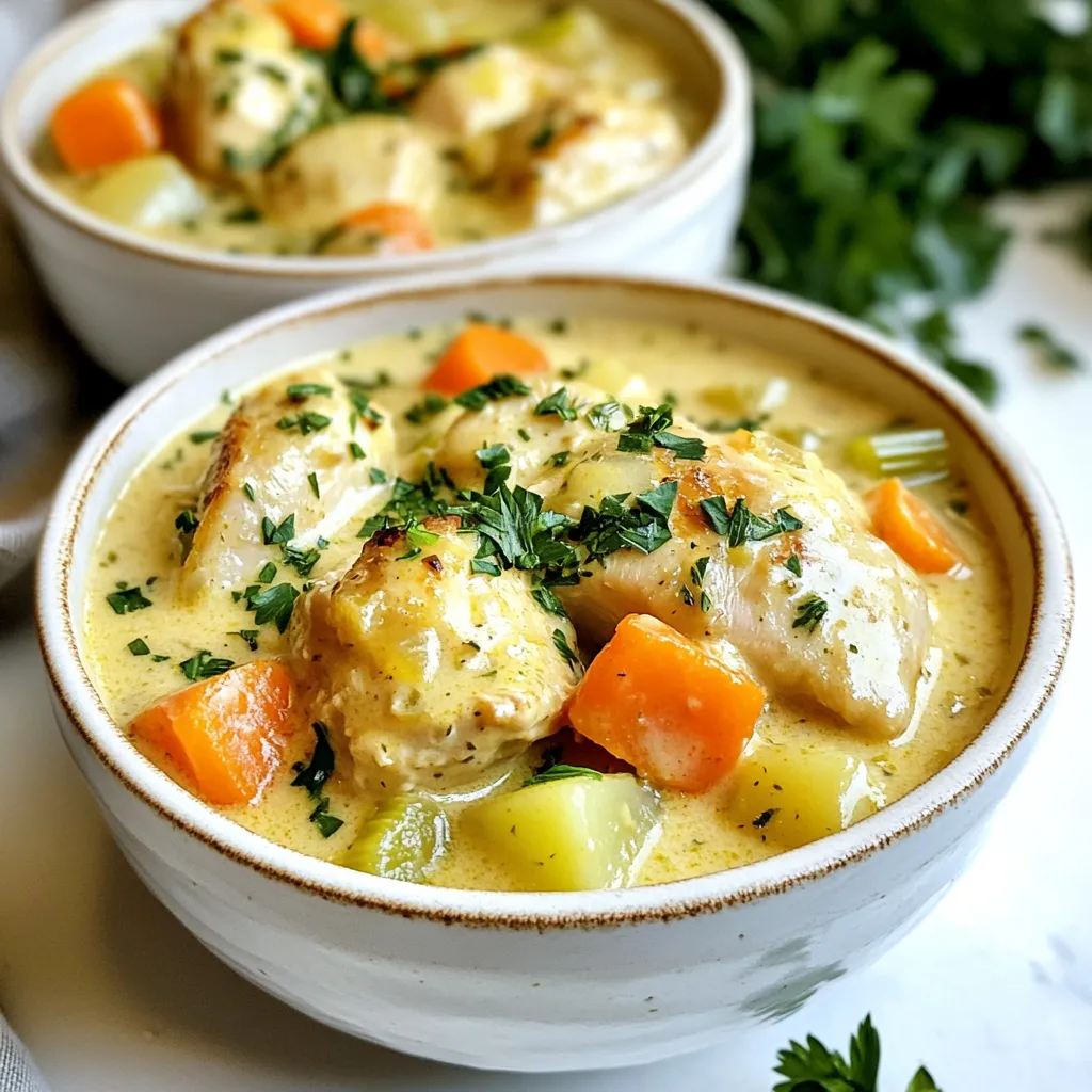 - 4 skinless chicken thighs, cut into bite-sized pieces - 2 tablespoons olive oil - 1 medium onion, diced - 3 cloves garlic, minced - 3 carrots, sliced - 2 celery stalks, diced - 3 medium potatoes, cubed - 4 cups chicken broth - 1 cup heavy cream - 1 teaspoon dried thyme - 1 teaspoon dried rosemary - Salt and pepper to taste - Fresh parsley, chopped (for garnish) For this creamy herb chicken stew, I start with chicken thighs. They give the stew a rich flavor. I use skinless thighs for a healthier dish. Olive oil provides a nice base for cooking the onions and garlic. Next, I add vegetables. The onion, garlic, carrots, and celery create a savory base. Potatoes add heartiness. They soak up the broth and cream well. I use fresh herbs like thyme and rosemary for aroma and taste. A pinch of salt and pepper rounds out the flavors. - Additional herbs - Other vegetables - Protein variations To make this stew your own, you can add more herbs. Fresh parsley or basil can brighten the dish. You can also swap in other vegetables, like green beans or bell peppers. If you want more protein, try using chicken breast or turkey. Each option brings a new taste. You can even use beans for a plant-based twist. {{ingredient_image_1}} 1. Start by heating the olive oil in a large pot over medium heat. 2. Add your diced onion to the pot. Sauté it for about 3-4 minutes until it looks clear. 3. Next, toss in the minced garlic, sliced carrots, and diced celery. Cook these veggies for 5 minutes. Stir them often until they begin to soften. 4. Now, raise the heat to medium-high. Add the chicken pieces to the pot. Season them with salt, pepper, thyme, and rosemary. 5. Cook the chicken for about 5-7 minutes until it turns golden brown. 1. Add the cubed potatoes to the pot. Pour in the chicken broth next. 2. Bring everything to a boil. Once boiling, lower the heat and cover the pot. 3. Let it simmer for about 20 minutes. The potatoes should be soft, and the chicken should be fully cooked. 4. Now, stir in the heavy cream. Let the stew simmer for another 5-10 minutes. This will help it thicken a bit. 5. Taste the stew. Adjust the seasoning with salt and pepper if you need to. 1. Remove the pot from heat and let it sit for a few minutes. 2. Serve the stew in bowls. 3. Top it off with fresh chopped parsley for a nice touch. Enjoy your creamy herb chicken stew! To ensure perfect chicken texture, cut the chicken thighs into small, even pieces. This helps them cook through without drying out. Always brown the chicken well before adding broth. This step builds rich flavor. I recommend using a medium-high heat for this part. The goal is to get a nice sear on each piece. Enhancing flavor with herbs is simple. Use dried thyme and rosemary for a great start. These herbs add depth to your stew. Fresh herbs can also elevate the dish. Add parsley just before serving for a fresh touch. One common mistake is overcooking the chicken. When the chicken cooks too long, it becomes rubbery and dry. Keep an eye on the cooking time and check for doneness. Insufficient seasoning can leave your stew bland. Always taste as you go. Add salt and pepper to enhance the dish's flavor. Remember, the broth can vary in saltiness, so adjust your seasoning accordingly. Pro Tips Season the Chicken: To enhance the flavor, season the chicken with salt and pepper before cooking to allow the spices to penetrate the meat. Use Fresh Herbs: If possible, substitute dried herbs with fresh ones for a more vibrant flavor profile in your stew. Thickening the Stew: If you prefer a thicker stew, mix a tablespoon of cornstarch with cold water and stir it into the stew during the last few minutes of cooking. Rest Before Serving: Allow the stew to rest for a few minutes after cooking; this helps the flavors meld and improves the overall taste. {{image_2}} You can change the protein in this stew. Try using turkey or even tofu. These swaps still give you a hearty meal. Each protein brings its own taste and texture. For vegetables, feel free to mix things up. You could add green beans or peas for extra color. Sweet potatoes work well too. They add a sweet touch and a creamy texture. Want to spice things up? Add paprika for a smoky flavor. A pinch of cayenne pepper can give a kick. You can also try curry powder for a unique twist. Changing the broth makes a big difference. Use vegetable broth for a lighter taste. Beef broth adds depth and richness. Each option helps you create a new flavor profile in your stew. To store leftover creamy herb chicken stew, let it cool first. Use airtight containers for best results. Place the stew in the container, leaving some space at the top. Seal it tightly to keep out air. Store it in the fridge for up to three days. When ready to eat, reheat it on the stove over medium heat. Stir it often to heat evenly. If you want to keep the stew longer, freezing is a great option. First, let the stew cool completely. Pour it into freezer-safe containers or bags. Leave some space at the top to allow for expansion. Label the containers with the date. You can freeze it for up to three months. When you want to enjoy it, thaw it overnight in the fridge. Reheat on the stove when ready to serve. You can use milk and butter as a substitute. Mix ¾ cup of milk with ¼ cup of melted butter. This blend gives you a creamy texture similar to heavy cream. You can also try using coconut milk for a dairy-free option. It adds a unique flavor too. Yes, you can use bone-in chicken. It will add more flavor to the stew. Just remember to cook it longer. Bone-in chicken takes more time to get tender. Make sure to remove the bones before serving. This stew can last about 3 to 4 days in the fridge. Store it in an airtight container. Make sure it cools down before putting it in the fridge. If you want to keep it longer, consider freezing it. This blog post covered the essentials for making creamy herb chicken stew. We explored key ingredients like chicken thighs, oils, and veggies. You learned easy steps to prepare, cook, and garnish the stew. I shared tips for the best texture and flavor, plus common mistakes to avoid. Remember, you can vary ingredients for unique twists. With proper storage info, you can enjoy leftovers too. Now, get cooking and enjoy this tasty dish with your loved ones!