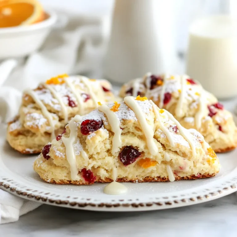 To make these tasty cranberry orange scones, gather the following: - 2 cups all-purpose flour - 1/2 cup granulated sugar - 1 tablespoon baking powder - 1/2 teaspoon salt - 1/2 cup cold unsalted butter, cubed - 1/2 cup dried cranberries - Zest of 1 large orange - 1/2 cup buttermilk (or whole milk) - 1 large egg, beaten - 1 teaspoon vanilla extract - 1 tablespoon orange juice - 1/4 cup powdered sugar (for glaze) - 1-2 tablespoons fresh orange juice (for glaze) Each ingredient brings something special: - Dried cranberries add fiber and antioxidants. They help with digestion and boost immunity. - Orange zest gives you vitamin C. This vitamin helps fight colds and supports healthy skin. - Buttermilk adds calcium and probiotics. It supports bone health and good digestion. These ingredients make scones not just a treat but also a smart choice. You can swap some ingredients if needed: - Gluten-free flour works well instead of all-purpose flour. This is great for gluten-free diets. - Maple syrup can replace granulated sugar. It adds a nice flavor and is less processed. - Coconut oil can substitute unsalted butter. This option is dairy-free and adds a unique taste. Feel free to get creative with your scones! {{ingredient_image_1}} 1. First, preheat your oven to 400°F (200°C). Line a baking sheet with parchment paper. 2. In a large bowl, whisk together the flour, sugar, baking powder, and salt. 3. Next, add the cubed cold butter to the flour mix. Use a pastry cutter or your fingers to blend it until the mix looks like coarse crumbs. 4. Then, stir in the dried cranberries and the orange zest. Make sure they are evenly mixed. 5. In another bowl, whisk the buttermilk, beaten egg, vanilla extract, and orange juice until blended. 6. Pour this wet mix into the dry ingredients. Gently stir until just combined. Be careful not to overmix; the dough should be slightly sticky. 7. Turn the dough onto a floured surface. Pat it down to about 1 inch thick. Cut it into squares or triangles with a sharp knife. 8. Place the scones on the prepared baking sheet. Leave space between each one to allow for rising. - Bake the scones for about 15-20 minutes. Keep an eye on them as they bake. - If you want a golden top, look for a nice brown color. - A toothpick inserted in the center should come out clean when they are done. - The tops should look golden brown. - The edges will be firm but soft in the center. - If you tap the bottom, it should sound hollow. - Allow them to cool for a few minutes after baking. This helps with the glaze later. These steps will guide you to make delicious cranberry orange scones. Enjoy the process and the lovely smells that fill your kitchen! To make your scones light and fluffy, use cold butter. Cold butter creates steam while baking. This steam helps the scones rise. Cut the butter into small cubes before mixing it with the flour. Avoid overmixing the dough. Just combine it until you see no dry flour. The dough should feel a bit sticky. One mistake is using warm butter. Warm butter will not create the right texture. Another common error is overmixing the dough. This can lead to tough scones. Also, make sure to measure your flour correctly. Too much flour can make them dry. Lastly, don't skip the glaze; it adds flavor and shine. You need a few simple tools to bake perfect scones. A large mixing bowl is essential for combining ingredients. A pastry cutter helps to cut in the butter. Use a sharp knife or pizza cutter for cutting the dough. A baking sheet lined with parchment paper prevents sticking. Finally, an oven thermometer ensures your oven is at the right temperature. Pro Tips Use Cold Ingredients: Ensure your butter and buttermilk are cold to help create a flaky texture in the scones. Don't Overmix: Gently combine the wet and dry ingredients to avoid tough scones. A little stickiness is normal! Cut Evenly: For uniform baking, cut your scones into equal sizes. This ensures they bake evenly and look great. Glaze While Warm: Drizzle the glaze over the scones while they are still warm for better absorption and a delightful finish. {{image_2}} You can change the flavors in your cranberry orange scones. Try adding nuts like walnuts or pecans. They add a nice crunch. You can also use different dried fruits. Try cherries or blueberries for a twist. For a spicier kick, add some chopped ginger or cinnamon. Each change gives a new taste while keeping the original charm. If you need gluten-free scones, use a gluten-free flour blend. This keeps the texture similar. For a vegan option, swap out the butter for coconut oil. Use almond milk or oat milk instead of buttermilk. Replace the egg with a flax egg by mixing one tablespoon of flaxseed meal with three tablespoons of water. These swaps make the scones friendly for various diets. In winter, try adding chopped apples or pears for warmth. In spring, use fresh herbs like rosemary or thyme for a fresh taste. In summer, add lemon zest for a bright flavor. In fall, pumpkin spice can change the whole vibe. These seasonal tweaks keep your scones exciting all year. To keep your scones fresh, place them in an airtight container. This keeps moisture in and prevents them from drying out. Store at room temperature for up to two days. If you want to keep them longer, refrigeration is a good option. They can last for up to one week in the fridge. Just make sure to wrap them tightly. When you're ready to enjoy a scone again, reheating is easy. Preheat your oven to 350°F (175°C). Place the scones on a baking sheet. Heat for about 5 to 10 minutes. This warms them and refreshes their texture. You can also microwave them for about 15 to 20 seconds. Just be careful not to overheat them! Freezing scones is a great way to save some for later. Once they cool completely, wrap each scone in plastic wrap. Place them in a freezer-safe bag or container. They will stay fresh for up to three months. To enjoy, remove a scone from the freezer. Thaw it in the fridge overnight, then reheat as mentioned above. Enjoy your delicious scones any time! Yes, you can use fresh cranberries. They add a tart flavor. However, they have more moisture than dried ones. This can change the texture of your scones. If you use fresh cranberries, cut back on the liquid in your recipe. You can also add a bit more sugar to balance the tartness. To make the scones less sweet, reduce the sugar. You can cut the granulated sugar down to 1/4 cup. You can also skip the glaze if you want. The scones will still taste great with less sweetness. Try adding more orange zest for extra flavor instead. Cranberry orange scones pair well with many things. You can serve them with clotted cream or butter. Jam or orange marmalade works too. A nice cup of tea or coffee also complements them well. For a festive touch, serve with fresh fruit or a light salad. In this article, we explored the ingredients for scones, their health benefits, and substitutions. I shared step-by-step instructions and key baking tips to ensure your success. We discussed ways to get the fluffiest scones and common mistakes to avoid. Plus, I provided fun variations and storage tips. Now you have all the tools to bake delicious scones. Enjoy the tasty rewards of your hard work!