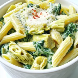 - 12 oz (340g) penne pasta - 1 can (14 oz) artichoke hearts, drained and chopped - 3 cups fresh spinach, roughly chopped - 3 cups vegetable broth - 1 cup heavy cream - 1 cup grated Parmesan cheese - 3 cloves garlic, minced - 1 teaspoon onion powder - 1 teaspoon Italian seasoning - Salt and pepper to taste - 2 tablespoons olive oil - Red pepper flakes (optional) Gathering fresh and flavorful ingredients is key. Using high-quality pasta makes a big difference. I love penne pasta because its ridges hold sauce well. Artichoke hearts bring a unique taste. They add a nice texture too. Fresh spinach gives this dish its vibrant green color. It also packs in nutrients. The vegetable broth acts as a base. It adds depth without overpowering. Heavy cream is essential for that creamy texture. Parmesan cheese melts beautifully. It adds a rich flavor that ties everything together. I always keep garlic in my kitchen. It brings warmth and aroma. Onion powder adds a nice hint of sweetness. Italian seasoning combines herbs for extra flavor. Finally, salt and pepper enhance all the tastes. If you like heat, red pepper flakes add a spicy kick. Having these ingredients ready makes cooking easy and fun. You’ll be amazed at how quickly you can make this dish. - First, heat 2 tablespoons of olive oil in a large pot over medium heat. - Next, add 3 cloves of minced garlic. Sauté for about 1 minute until it smells great. - Pour in 3 cups of vegetable broth. Bring it to a gentle simmer. - Now, add 12 oz of penne pasta, 1 can of chopped artichoke hearts, 1 teaspoon of onion powder, and 1 teaspoon of Italian seasoning. - Don’t forget to season with salt and pepper. Stir well to mix everything together. - Cover the pot and cook according to the package instructions, usually about 10-12 minutes. Stir often to keep it from sticking. - Once the pasta is al dente, reduce the heat to low. - Stir in 1 cup of heavy cream and 1 cup of grated Parmesan cheese. Mix until the cheese melts and the sauce gets creamy. - Add 3 cups of roughly chopped spinach. Cook for 2-3 minutes until the spinach wilts. - Finally, taste and adjust seasoning if needed. If you like some heat, sprinkle in red pepper flakes. To get the best creamy texture, add cheese slowly. Start with a little cheese and mix well. This helps it melt smoothly. You want to avoid clumps. Keep the heat low when you add cream and cheese. This way, they blend nicely. To avoid overcooking pasta, stir it often. This prevents sticking. Follow the package time closely. Check the pasta a minute early. You want it al dente, or firm to the bite. Add herbs and spices for extra flavor. Fresh basil or parsley can brighten the dish. A squeeze of lemon juice adds zing. It helps balance the creaminess. Red pepper flakes can add heat. Use them if you like a kick! Mix in a splash of white wine for depth. It adds brightness and cuts through richness. Just remember to let it cook off a bit before adding cream. This pasta pairs well with a light salad. A simple arugula salad with lemon works great. Garlic bread also makes a nice side. For garnishes, sprinkle some extra Parmesan on top. Chopped herbs like parsley or basil look pretty too. A drizzle of olive oil adds a nice touch. It makes your dish look gourmet and inviting! {{image_2}} If you want to make this dish gluten-free, use gluten-free penne pasta. Many brands offer great options. Just be sure to check the cooking time, as it may vary from regular pasta. For a vegan twist, swap the heavy cream for coconut milk or cashew cream. Use a plant-based cheese for added flavor. You can also skip the cheese altogether for a lighter version. In spring, try adding asparagus or peas for a fresh taste. In the fall, roasted butternut squash works wonders in this dish. You can mix and match any seasonal veggies you love. For protein, add grilled chicken or sautéed shrimp. They bring a hearty element to the dish. You can also use chickpeas for a plant-based protein boost. Experiment with different cheeses to enhance the flavor. Goat cheese or feta can add tanginess. For a sharp bite, try aged cheddar or smoked gouda. If you want more protein, adding shrimp or chicken can make this a full meal. Cook them separately and stir them in at the end. This adds both taste and texture, making your pasta even more delightful. For best results, use airtight containers. Glass or plastic containers work well. Store the pasta in the fridge within two hours of cooking. It will stay fresh for up to three days. If you notice any odd smell or change in color, it's best to toss it. To keep that creamy texture, use the stovetop. Heat it on low and stir gently. You can add a splash of cream or broth if it seems too thick. Avoid microwaving, as it can dry it out. Stir often to retain moisture and creaminess. You can freeze leftovers, but it may change the texture. Use freezer-safe containers and leave some space for expansion. It can last up to three months in the freezer. To thaw, place it in the fridge overnight. Reheat on the stovetop over low heat, adding a splash of cream to restore creaminess. One Pot Creamy Spinach Artichoke Pasta stays fresh for about 3 to 5 days in the fridge. Store it in an airtight container to keep it tasty. Just reheat it on the stove or in the microwave. Make sure to stir well to keep it creamy. Yes, you can use frozen spinach! Just thaw and drain it first. Frozen spinach works well in this dish. It saves time and is easy to store. Keep in mind that frozen spinach has more water than fresh. So, you may need to adjust the cooking time. If you want a lighter option, you can use half-and-half or whole milk. For a dairy-free choice, try coconut cream or cashew cream. These substitutes will change the flavor a bit but will still make your dish creamy. Absolutely! One Pot Creamy Spinach Artichoke Pasta is perfect for meal prep. It reheats well and tastes great after a day in the fridge. You can make a big batch and enjoy it for lunch or dinner throughout the week. Yes, you can add more veggies! Broccoli, bell peppers, or zucchini work great. Just chop them small so they cook quickly. Adding more vegetables boosts nutrition and flavor. Get creative and enjoy your veggie-packed pasta! This recipe for One Pot Creamy Spinach Artichoke Pasta combines simple ingredients for a delicious meal. You learned how to prepare a creamy base, cook pasta perfectly, and enhance flavors with tips. You can also customize the dish in various ways. Finally, our storage tips help keep your leftovers fresh. Enjoy making this easy and tasty pasta dish that suits any occasion. Happy cooking!