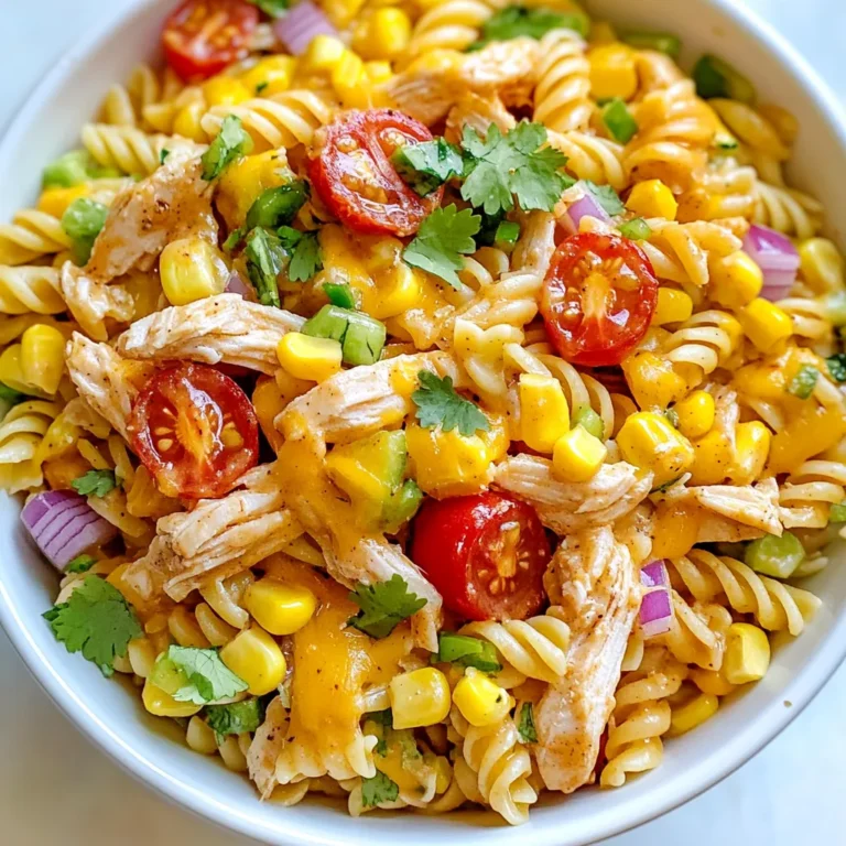 - 2 cups rotini pasta - 1 ½ cups cooked chicken breast, shredded - 1 cup cherry tomatoes, halved - 1 cup corn kernels (fresh or frozen) - 1 cup green bell pepper, diced - ½ cup red onion, finely chopped - ½ cup shredded cheddar cheese - ¾ cup BBQ sauce (choose your favorite) - ¼ cup ranch dressing - Salt and pepper to taste - Fresh cilantro or parsley for garnish Gathering the right ingredients is key for a tasty BBQ chicken pasta salad. First, you need rotini pasta. This fun shape holds sauce well. Next, grab 1 ½ cups of cooked chicken breast. Shredding the chicken makes it easy to mix. Don’t forget about the veggies! You’ll need 1 cup of cherry tomatoes, halved for sweetness. Add 1 cup of corn kernels for crunch. Then, dice 1 cup of green bell pepper. This adds a nice, fresh bite. Use ½ cup of finely chopped red onion for a bit of zing. Now, let’s talk cheese! You’ll want ½ cup of shredded cheddar cheese. This will melt into the salad nicely. Then, you’ll need ¾ cup of BBQ sauce. Pick your favorite brand or type. Finally, grab ¼ cup of ranch dressing. This brings creaminess to the dish. Season with salt and pepper to taste. For a nice finish, use fresh cilantro or parsley as a garnish. This adds color and a touch of flavor. {{ingredient_image_1}} First, boil 2 cups of rotini pasta in salted water. Follow the package instructions for cooking time, usually around 8-10 minutes. You want the pasta to be firm but not hard. This is called al dente. Once done, drain the pasta in a colander. Rinse it under cold water to stop the cooking process and cool it down. This helps prevent a mushy texture. In a large bowl, mix together 1 ½ cups of shredded chicken, 1 cup of halved cherry tomatoes, 1 cup of corn kernels, diced green bell pepper, and ½ cup of finely chopped red onion. These ingredients bring color and flavor to the salad. Gently add the cooled pasta to this vegetable and chicken mix, tossing carefully so everything combines well. To make the dressing, take ¾ cup of your favorite BBQ sauce and mix it with ¼ cup of ranch dressing in a separate bowl. Stir it well until the two sauces blend smoothly. This dressing adds a nice zing to the salad and makes it extra tasty. Pour the BBQ ranch dressing over your pasta salad. Gently fold the ingredients together. This ensures that every bite is full of flavor. Then, stir in ½ cup of shredded cheddar cheese. Season with salt and pepper to taste. Cover the bowl and refrigerate the salad for at least 30 minutes. Chilling is key, as it allows the flavors to meld together, making each bite delicious. You can make this BBQ chicken pasta salad your own! Here are some ideas: - Adding extras: Try mixing in avocado for creaminess or crispy bacon for crunch. - Substituting dressings: Swap ranch for a honey mustard or a spicy sauce to change the flavor. Make your meal even better with these tips: - Pairing with sides: Serve your salad with garlic bread or fresh fruit. These sides will balance the flavors. - Presentation tips: Use a large bowl for serving. Garnish with fresh herbs for a pop of color. Keep your pasta salad tasting great with these tricks: - Ingredient substitutions: Use different veggies like cucumbers or bell peppers. You can even add beans for protein. - Ensuring freshness: Store leftovers in an airtight container. It will stay fresh for up to three days in the fridge. Pro Tips Use Fresh Ingredients: Opt for fresh vegetables and high-quality BBQ sauce for a vibrant flavor that enhances the overall dish. Customize Your Protein: Feel free to substitute the chicken with grilled shrimp or tofu for a different protein option. Add Crunch: Incorporate some chopped nuts, like pecans or walnuts, for an added crunch and flavor dimension. Serve Cold: This salad is best served cold, so make sure to refrigerate it long enough for the flavors to blend beautifully. {{image_2}} If you want a meat-free option, consider using chickpeas or tofu. Both add protein and texture. For a vegan twist, try jackfruit as a meat substitute. It has a great texture and takes on flavors well. You can also use tempeh or seitan for a hearty choice. Make your salad spicy by adding jalapeños. They give a nice kick that pairs well with BBQ sauce. For a sweeter taste, add fruits like pineapple or mango. Their natural sweetness balances the tangy BBQ and ranch dressing. You can swap rotini for gluten-free pasta if needed. Whole-wheat pasta is another healthy option. For a cold pasta salad, consider using small shapes like macaroni or orzo. They soak up the flavors beautifully and make for easy eating. You can keep BBQ chicken pasta salad in the fridge for up to three days. Store it in an airtight container to keep it fresh. Glass or plastic containers work well. Make sure the lid is tight. This helps maintain the flavors and texture. When it’s time to eat, you can serve the salad cold or warm it up. If you prefer it warm, use the microwave. Heat it in short bursts. Stir in between to warm it evenly. If the flavors seem dull after storage, add a splash of BBQ sauce or ranch dressing. This will brighten up the taste. Enjoy it fresh! Yes, you can make BBQ chicken pasta salad ahead of time. I recommend making it up to a day in advance. This gives the flavors time to blend and deepen. When you chill it, the taste improves. The pasta absorbs the sauce, making it even more tasty. For the best flavor, choose a BBQ sauce that you enjoy. I like sauces that are sweet and tangy. Brands like Sweet Baby Ray's or Stubb's work great. If you're feeling adventurous, try making your own BBQ sauce. Just mix ketchup, brown sugar, vinegar, and spices for a quick homemade option. Yes, this salad is great for meal prep. To store, divide it into meal-sized containers. Use airtight containers to keep it fresh. Each serving is filling, with chicken and pasta providing protein and carbs. Keep in mind that the flavors get better as it sits, making it a perfect choice for busy days. This blog post covered how to create a tasty BBQ chicken pasta salad. You learned about the key ingredients and step-by-step cooking instructions. I shared tips on customizing your salad and keeping it fresh. Don’t forget the variations for different diets or flavors. Proper storage and reheating keep your salad enjoyable. Remember, you can make it ahead for the best taste. Enjoy sharing this dish with your loved ones. It's easy, fun, and full of flavor!