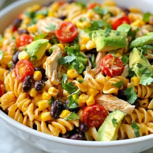 To make a great Southwest Chicken Pasta Salad, gather these ingredients: - 2 cups rotini pasta - 1 lb cooked chicken breast, shredded - 1 can black beans, rinsed and drained - 1 cup corn (fresh or frozen) - 1 red bell pepper, diced - 1 cup cherry tomatoes, halved - 1 avocado, diced - 1/4 cup red onion, finely chopped - 1/3 cup cilantro, chopped - 1/2 cup Greek yogurt - 2 tablespoons lime juice - 1 teaspoon cumin - 1 teaspoon smoked paprika - Salt and pepper to taste - Optional: Crushed tortilla chips for topping Using fresh ingredients can enhance flavor and texture. Fresh corn and peppers taste brighter. Frozen corn works well too. It’s convenient and still tasty. Rinse and drain frozen corn before adding it. Use fresh tomatoes and avocado for the best taste. They add color and creaminess to the salad. If you have dietary needs or want some variety, swap out some ingredients. Try quinoa instead of rotini pasta. It adds protein and a nutty flavor. For a different protein, use shredded turkey or canned tuna. You can also use diced cucumber in place of avocado for a crunch. If you don’t have Greek yogurt, sour cream or a dairy-free option works. Get creative with spices too! Add chili powder for more heat or garlic powder for extra flavor. {{ingredient_image_1}} First, bring a large pot of salted water to a boil. Add 2 cups of rotini pasta. Cook until al dente, about 8-10 minutes. Once done, drain the pasta. Rinse it under cold water to stop the cooking. This keeps it firm and fresh. In a big bowl, mix the cooked pasta with 1 pound of shredded chicken. Add 1 can of black beans, rinsed and drained. Toss in 1 cup of corn, 1 diced red bell pepper, and 1 cup of halved cherry tomatoes. Next, add 1 diced avocado, 1/4 cup of finely chopped red onion, and 1/3 cup of chopped cilantro. Stir gently to combine all the ingredients well. In a separate bowl, whisk together 1/2 cup of Greek yogurt with 2 tablespoons of lime juice. Add 1 teaspoon of cumin and 1 teaspoon of smoked paprika to the mix. Season with salt and pepper to taste. Whisk until smooth and creamy. Pour the dressing over the pasta and chicken mixture. Gently toss everything together until all ingredients are coated. Taste the salad and adjust seasoning if needed. Cover the bowl and refrigerate for at least 30 minutes. This helps the flavors blend perfectly. Just before serving, you can sprinkle crushed tortilla chips on top for added crunch! To make your Southwest Chicken Pasta Salad shine, balance the flavors. Use fresh lime juice for a bright taste. Cumin adds warmth, while smoked paprika gives a nice depth. Taste the salad as you mix. Adjust salt and pepper to suit your liking. Add more lime juice for a zesty kick. Fresh cilantro brings a refreshing touch, so don’t skip it! Cook the rotini pasta until it's al dente. This ensures your pasta holds its shape. Rinse it under cold water to stop the cooking. For the chicken, use cooked breast for ease. Shred it or chop it into bite-sized pieces. This helps mix it well with other ingredients. If you want more flavor, marinate the chicken with lime juice and spices before cooking. Serve your salad in a large bowl for sharing. You can also plate it individually for a nice touch. Garnish with extra cilantro and lime wedges on the side. This adds color and invites your guests to dig in. For crunch, sprinkle crushed tortilla chips on top just before serving. This keeps them crispy and enhances the texture. Pro Tips Cook Pasta Al Dente: Ensure your rotini is cooked al dente to maintain a firm texture in the salad. Fresh Ingredients: Use fresh ingredients whenever possible for the best flavor, especially the avocado and cilantro. Customize the Dressing: Feel free to add a pinch of chili powder or hot sauce to the dressing for an extra kick. Chill Before Serving: Refrigerate the salad for at least 30 minutes to help the flavors meld together beautifully. {{image_2}} To make a vegetarian version, swap the chicken for more beans. You can use a mix of black beans and pinto beans. This keeps the protein high while making it meat-free. Also, feel free to add more veggies. Diced zucchini, bell peppers, or even grilled corn can add color and crunch. A sprinkle of feta cheese can give it a nice salty kick too. If you want more protein, try adding cooked quinoa or chickpeas. Both options blend well with the other flavors. You can also use shredded rotisserie chicken for a quick fix. If you like seafood, cooked shrimp or diced fish can work great. Just make sure to adjust the seasoning to match the added protein. While the yogurt dressing is creamy and tangy, you can switch it up. Try a vinaigrette made with olive oil, lemon juice, and a touch of honey. This gives a zesty vibe. For a kick, mix in some salsa or hot sauce. You could also use ranch dressing for a creamy, herby flavor. Just remember to mix it well with the ingredients to coat everything evenly. After making your Southwest Chicken Pasta Salad, store it in an airtight container. This helps keep the salad fresh. It will last about 3 to 5 days in the fridge. Always check for any off smells or changes in texture before eating. If you notice these signs, it's best to toss it. You can freeze the salad, but some ingredients do not freeze well. The avocado and tomatoes will get mushy when thawed. If you want to freeze it, skip adding fresh avocado and tomatoes. Store the salad in a freezer-safe container for up to 2 months. When ready, thaw it in the fridge overnight. If you stored the salad in the fridge, give it a good stir before serving. You can enjoy it cold or at room temperature. If you prefer it warm, microwave it for about 30 seconds. Stir it and check the temperature. Avoid reheating multiple times to keep it fresh and tasty. To make this salad, start by cooking rotini pasta. Cook it until it’s al dente, then drain and rinse it with cold water. In a big bowl, mix the pasta, shredded chicken, black beans, corn, red bell pepper, cherry tomatoes, avocado, red onion, and cilantro. In another bowl, whisk Greek yogurt, lime juice, cumin, smoked paprika, salt, and pepper. Pour this dressing over the pasta salad and toss everything together. Chill it in the fridge for at least 30 minutes. You can add crushed tortilla chips before serving for extra crunch. If you want a different option, try sour cream or cottage cheese. Both give a creamy texture. You can also use dairy-free yogurt if needed. Another choice is buttermilk, but it will change the salad's texture a bit. Just make sure whatever you choose has a similar creaminess. This salad stays fresh for about 3 to 4 days in the fridge. Keep it in an airtight container to maintain its taste and quality. If you notice any changes in color or smell, it’s best to throw it out. Yes, you can use any pasta shape you like! Penne, fusilli, or bow ties work well. Just adjust the cooking time based on the pasta type. Whole wheat or gluten-free pasta are also great choices for added nutrition. In this post, we covered how to create a delicious Southwest Chicken Pasta Salad. We went through the essential ingredients, cooking steps, and unique variations. You now have tips to enhance flavor and serving ideas. Don't forget about storage tips to keep it fresh. With this knowledge, you can make a tasty and colorful dish that everyone will enjoy. Dive into making your salad your way, and impress friends and family with your skills!