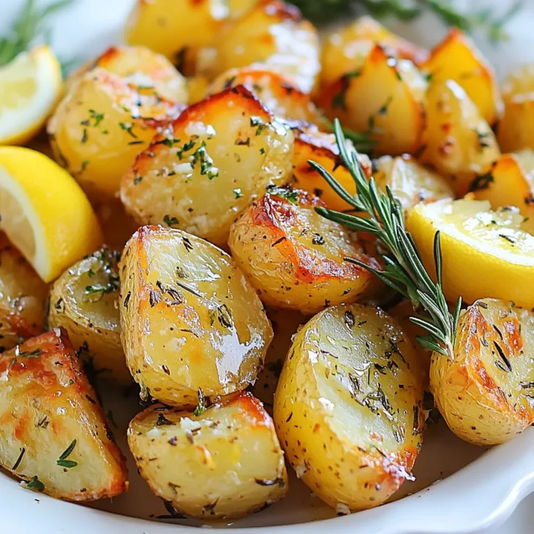 - 1.5 lbs baby potatoes, halved - 4 tablespoons unsalted butter, melted - 4 cloves garlic, minced - 2 tablespoons fresh rosemary, chopped - 2 tablespoons fresh parsley, chopped - 1 teaspoon dried thyme - Zest of 1 lemon - 1 tablespoon lemon juice - Salt and pepper to taste Garlic Herb Butter Roasted Potatoes are simple yet tasty. First, you need baby potatoes. These small gems become tender and creamy inside. I choose to halve them for even cooking. Next, unsalted butter adds richness. Melting it with minced garlic gives a fragrant base. The garlic brings a bold and savory punch. Adding fresh herbs like rosemary and parsley brings bright flavors. I love to chop them finely for the best taste. Dried thyme adds depth without overpowering the dish. The zest and juice of lemon brighten everything up. It gives a lovely zing that balances the butter. Finally, seasoning with salt and pepper enhances all the flavors. These ingredients work together to create a delicious side dish. Feel free to adjust the herbs based on your taste. Each element plays a key role in making these potatoes a flavorful delight. {{ingredient_image_1}} First, you need to preheat your oven to 425°F (220°C). This step is key for getting those potatoes crispy. While the oven heats up, prepare your baking sheet. Line it with parchment paper. This makes cleanup so easy and keeps your potatoes from sticking. Next, we will make our garlic herb butter. In a large bowl, combine melted butter, minced garlic, chopped rosemary, chopped parsley, dried thyme, lemon zest, and lemon juice. Use a whisk to mix everything well. This blend gives the potatoes a rich, tasty flavor. Now, it’s time to add the halved baby potatoes to the bowl. Sprinkle salt and pepper over them. Toss the potatoes in the garlic herb butter mixture. Make sure each potato is evenly coated. This helps them soak up all that flavor. Spread the coated potatoes on your lined baking sheet in a single layer. Do not overcrowd them; this ensures they get crispy. Roast in your preheated oven for 25 to 30 minutes. Flip them halfway through to get even browning. You want them golden brown on the outside and tender inside. Once they are done, remove the pan from the oven. Let them cool for a couple of minutes before serving. To get those perfect crispy edges, spacing matters. When you place the potatoes on the baking sheet, spread them out. If they crowd each other, they will steam instead of roast. Flip the potatoes halfway through cooking. This helps all sides get crispy and brown. After roasting, take a moment to taste the potatoes. You might want more salt or pepper. You can also add more fresh herbs if you like. This step ensures the flavors shine just right. Always trust your taste buds to guide you. Serving matters just as much as taste. Transfer the roasted potatoes to a nice platter. Garnish with extra chopped herbs. A sprinkle of sea salt adds a lovely touch. For a pop of color, serve lemon wedges on the side. This makes the dish look vibrant and inviting. Pro Tips Choose the Right Potatoes: For the best texture, use waxy baby potatoes like Yukon Gold or red potatoes, which hold their shape while roasting. Even Coating: Ensure all potatoes are evenly coated with the herb butter mixture to achieve a uniform flavor and crispy texture. Don't Overcrowd the Pan: Spread the potatoes out in a single layer on the baking sheet to allow for proper air circulation, which helps them crisp up nicely. Adjust Seasoning to Taste: Before serving, taste the potatoes and adjust seasoning as needed. A sprinkle of fresh herbs or additional lemon juice can enhance the flavor. {{image_2}} You can mix and match herbs to find your perfect flavor. Try using thyme or basil instead of rosemary and parsley. Thyme adds a warm depth, while basil brings a fresh, sweet note. You can even combine these herbs for a unique twist. Experiment with your favorites to make the dish truly yours! Roasted potatoes taste great with other veggies. Carrots, bell peppers, or Brussels sprouts work well. Cut them into similar sizes as the potatoes to ensure even cooking. Toss them in the garlic herb butter mix, just like the potatoes. This adds color and flavor to your dish, making it more exciting. Want to add some heat? Consider adding spices like paprika or cayenne pepper. These spices enhance the flavor and give the potatoes a kick. You can also sprinkle some black pepper for extra zest. Adjust the spice level based on your taste. This simple change can elevate your Garlic Herb Butter Roasted Potatoes to a whole new level! To keep your Garlic Herb Butter Roasted Potatoes fresh, store them in the fridge. Use an airtight container to prevent moisture. This way, they stay tasty for up to three days. Make sure they cool to room temperature before sealing. If you want to keep them longer, you can freeze them. Place the cooled potatoes in a freezer-safe bag. They will last for up to three months in the freezer. When reheating, you want to keep the potatoes crispy. The best way is to use the oven. Preheat it to 400°F (200°C). Spread the potatoes on a baking sheet in one layer. Heat them for about 10-15 minutes. This helps restore their crunch. You can also use an air fryer. Set it to 350°F (175°C) and cook for about 5-7 minutes. Avoid the microwave, as it makes them soggy. Enjoy your delicious leftovers just like the first time! Garlic Herb Butter Roasted Potatoes last about 3 to 5 days in the fridge. Store them in an airtight container. Make sure they are completely cool before sealing. This keeps them fresh and tasty. When you're ready to eat, just reheat them. Yes, you can use olive oil instead of butter. Olive oil gives a nice flavor and makes the dish a bit lighter. Use the same amount of olive oil as butter. It will still coat the potatoes well and help them roast nicely. Garlic Herb Butter Roasted Potatoes pair well with many dishes. Here are some tasty ideas: - Grilled chicken or steak - Roasted or steamed vegetables - Fresh salad with a light dressing - Baked fish with lemon - A hearty soup, like tomato or minestrone These sides make a great meal and balance the rich flavor of the potatoes. Feel free to mix and match! We explored how to make Garlic Herb Butter Roasted Potatoes using simple ingredients. You learned how to prepare, mix, toss, and roast. I shared tips for achieving crispiness and adjusting seasoning. We discussed variations, storage, and reheating. These potatoes can be a hit on your table. Enjoy experimenting with flavors and serving them with your favorite meals. I'm excited for you to try this recipe. Happy cooking!