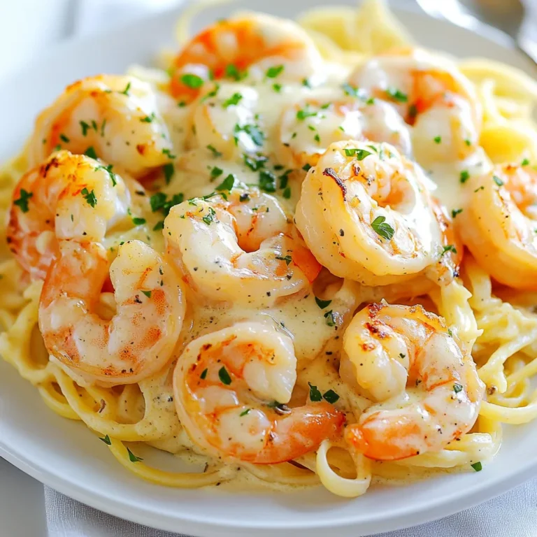 To make this dish, you need a few key items. Here’s the list: - 1 pound large shrimp, peeled and deveined - 3 tablespoons butter - 4 cloves garlic, minced - 1 cup heavy cream - 1 cup grated Parmesan cheese - 1 teaspoon Italian seasoning - Salt and pepper to taste - 1 tablespoon fresh parsley, chopped (for garnish) These ingredients bring rich flavors and a creamy texture. The shrimp is the star here, and the garlic adds a warm aroma. The butter and cream create a silky sauce that you’ll love. To make this dish even heartier, consider adding pasta. Here’s what you can use: - 8 ounces linguine or your favorite pasta Cooking pasta gives you a complete meal. The creamy sauce coats the pasta and shrimp perfectly. It makes every bite feel indulgent. Not everyone has the same tastes or needs, and that's okay! Here are some swaps you can try: - Shrimp: Use chicken or tofu for a different protein. - Butter: Swap with olive oil for a lighter choice. - Cream: Use a dairy-free alternative like coconut cream. - Parmesan: Nutritional yeast works well for a vegan option. These options help you cater to dietary needs. You can still enjoy this dish while keeping flavors strong and satisfying. {{ingredient_image_1}} If you want pasta, boil water in a large pot. Add salt to the water for flavor. Cook the linguine as the package says until it is al dente. This usually takes about 8 to 10 minutes. Once done, drain the pasta and set it aside. Keep it warm for later. Take a large skillet and add the butter. Melt it over medium heat. Add the shrimp, making sure they are in a single layer. Season the shrimp with salt, pepper, and Italian seasoning. Cook the shrimp for 2 to 3 minutes on each side. You want them to turn pink and look opaque. Once cooked, remove the shrimp from the skillet and set them aside. In the same skillet, add the minced garlic. Sauté it for about 1 minute. Watch carefully so it does not burn. Once fragrant, pour in the heavy cream. Bring it to a gentle simmer. Gradually whisk in the grated Parmesan cheese. Keep stirring until the sauce is smooth and creamy. Now, return the shrimp to the skillet. Gently stir to coat the shrimp in the creamy sauce. Let it simmer for another minute. This helps the shrimp soak up the flavors. If you cooked pasta, add it to the skillet now. Toss the pasta with the shrimp and sauce until everything is well mixed. Taste and adjust the seasoning if needed. Serve hot, and garnish with chopped fresh parsley. This adds color and extra flavor to your dish. Enjoy your meal! To cook shrimp well, start with large, fresh shrimp. Peel and devein them for the best taste. Heat butter in a skillet over medium heat. Add shrimp, and season them with salt, pepper, and Italian seasoning. Cook for 2-3 minutes on each side. Look for a pink and opaque color. This means they are done. Remove the shrimp and set them aside. This keeps them juicy and tender. The key to a creamy sauce is using heavy cream. It adds richness and texture. After cooking the shrimp, keep the heat medium. Add minced garlic and sauté it until fragrant. Be careful not to burn the garlic; it can turn bitter. Pour in the heavy cream, and bring it to a gentle simmer. Slowly whisk in grated Parmesan cheese. This will create a smooth sauce that clings beautifully to the shrimp. For a full meal, serve the shrimp with pasta. Cook linguine or any pasta according to package instructions. Toss the pasta in the creamy sauce with shrimp for a delicious mix. Don’t forget to garnish with chopped parsley for color and flavor. Pair this dish with a fresh salad or garlic bread for a complete dining experience. Enjoy each bite of this tasty, creamy garlic Parmesan shrimp! Pro Tips Fresh Shrimp Matters: Using fresh or high-quality frozen shrimp will elevate the dish. Look for shrimp that are firm and have a mild scent. Don’t Overcook the Garlic: Sauté the garlic just until fragrant. Overcooking can lead to a bitter flavor in the sauce. Adjust the Creaminess: Feel free to adjust the amount of heavy cream and Parmesan cheese to suit your preference for a creamier or lighter sauce. Garnish for Flavor: Fresh parsley not only adds color but also enhances the flavor. Consider adding other herbs like basil or chives for variety. {{image_2}} You can make this dish even healthier by adding vegetables. I like to use spinach, bell peppers, or zucchini. Just chop them up and add them when you sauté the shrimp. Cook them until they are tender. This adds color and nutrients to your meal. Plus, it enhances the flavor. You can also try broccoli or asparagus for a nice crunch. If you love spice, this variation is for you. You can add red pepper flakes or diced jalapeños to the garlic when cooking. Start with a small amount and taste as you go. This gives the creamy sauce a nice kick. The heat pairs well with the richness of the cheese and cream. It makes each bite exciting and full of flavor. For a gluten-free option, skip the pasta. Instead, serve the shrimp over cauliflower rice or zucchini noodles. Both options are low-carb and very filling. Cauliflower rice adds a nice texture and absorbs the sauce well. Zucchini noodles are light and refreshing. You can also use gluten-free pasta if you want a traditional feel. Enjoy without the carbs, but still savor all the creamy goodness! After enjoying your creamy garlic Parmesan shrimp, let the dish cool. Place the leftovers in an airtight container. Store them in the fridge for up to three days. This keeps the shrimp fresh and safe to eat later. I recommend separating the shrimp from any pasta to maintain texture. To reheat, use a skillet over medium heat. Add a splash of cream to keep it creamy. Stir gently until heated through. If you prefer, you can also use a microwave. Heat in short bursts, stirring often. This prevents the shrimp from overcooking. You can freeze creamy garlic Parmesan shrimp, but it’s best to avoid freezing the sauce. The cream may change texture. Instead, freeze the shrimp and sauce separately. Use a freezer-safe container and store for up to three months. When ready to eat, thaw in the fridge overnight and reheat as mentioned above. For this recipe, I recommend using large shrimp. They hold up well in the sauce. You can also use jumbo shrimp if you want a meatier bite. Fresh shrimp gives the best flavor, but frozen shrimp works too. Just make sure to thaw it before cooking. Yes, you can use a different cheese. Try using mozzarella or Asiago for a twist. Both will give you a nice melt and add creaminess. Just remember, Parmesan has a strong flavor, so the taste might change a bit. To make more servings, simply increase the ingredients. For every extra pound of shrimp, add another cup of cream and cheese. You can also add more garlic for a bolder taste. Adjust the seasoning to keep the flavors balanced. Yes, you can make this dish dairy-free. Use coconut cream instead of heavy cream. For cheese, try a dairy-free cheese alternative. Just be aware that the flavor might change slightly. Adjust the seasonings to enhance the taste. This blog post covered how to make creamy garlic parmesan shrimp. We explored key ingredients, from main to optional choices. I shared step-by-step instructions for cooking pasta, sautéing shrimp, and making the sauce. Tips for perfect shrimp and creamy sauce revealed secrets for success. Consider adding veggies or spices for new flavors. Leftover storage tips help you enjoy this dish longer. I hope you feel ready to cook and enjoy this delicious meal!