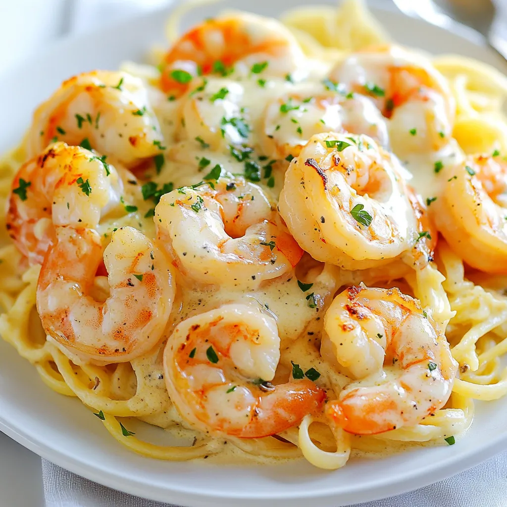 To make this dish, you need a few key items. Here’s the list: - 1 pound large shrimp, peeled and deveined - 3 tablespoons butter - 4 cloves garlic, minced - 1 cup heavy cream - 1 cup grated Parmesan cheese - 1 teaspoon Italian seasoning - Salt and pepper to taste - 1 tablespoon fresh parsley, chopped (for garnish) These ingredients bring rich flavors and a creamy texture. The shrimp is the star here, and the garlic adds a warm aroma. The butter and cream create a silky sauce that you’ll love. To make this dish even heartier, consider adding pasta. Here’s what you can use: - 8 ounces linguine or your favorite pasta Cooking pasta gives you a complete meal. The creamy sauce coats the pasta and shrimp perfectly. It makes every bite feel indulgent. Not everyone has the same tastes or needs, and that's okay! Here are some swaps you can try: - Shrimp: Use chicken or tofu for a different protein. - Butter: Swap with olive oil for a lighter choice. - Cream: Use a dairy-free alternative like coconut cream. - Parmesan: Nutritional yeast works well for a vegan option. These options help you cater to dietary needs. You can still enjoy this dish while keeping flavors strong and satisfying. {{ingredient_image_1}} If you want pasta, boil water in a large pot. Add salt to the water for flavor. Cook the linguine as the package says until it is al dente. This usually takes about 8 to 10 minutes. Once done, drain the pasta and set it aside. Keep it warm for later. Take a large skillet and add the butter. Melt it over medium heat. Add the shrimp, making sure they are in a single layer. Season the shrimp with salt, pepper, and Italian seasoning. Cook the shrimp for 2 to 3 minutes on each side. You want them to turn pink and look opaque. Once cooked, remove the shrimp from the skillet and set them aside. In the same skillet, add the minced garlic. Sauté it for about 1 minute. Watch carefully so it does not burn. Once fragrant, pour in the heavy cream. Bring it to a gentle simmer. Gradually whisk in the grated Parmesan cheese. Keep stirring until the sauce is smooth and creamy. Now, return the shrimp to the skillet. Gently stir to coat the shrimp in the creamy sauce. Let it simmer for another minute. This helps the shrimp soak up the flavors. If you cooked pasta, add it to the skillet now. Toss the pasta with the shrimp and sauce until everything is well mixed. Taste and adjust the seasoning if needed. Serve hot, and garnish with chopped fresh parsley. This adds color and extra flavor to your dish. Enjoy your meal! To cook shrimp well, start with large, fresh shrimp. Peel and devein them for the best taste. Heat butter in a skillet over medium heat. Add shrimp, and season them with salt, pepper, and Italian seasoning. Cook for 2-3 minutes on each side. Look for a pink and opaque color. This means they are done. Remove the shrimp and set them aside. This keeps them juicy and tender. The key to a creamy sauce is using heavy cream. It adds richness and texture. After cooking the shrimp, keep the heat medium. Add minced garlic and sauté it until fragrant. Be careful not to burn the garlic; it can turn bitter. Pour in the heavy cream, and bring it to a gentle simmer. Slowly whisk in grated Parmesan cheese. This will create a smooth sauce that clings beautifully to the shrimp. For a full meal, serve the shrimp with pasta. Cook linguine or any pasta according to package instructions. Toss the pasta in the creamy sauce with shrimp for a delicious mix. Don’t forget to garnish with chopped parsley for color and flavor. Pair this dish with a fresh salad or garlic bread for a complete dining experience. Enjoy each bite of this tasty, creamy garlic Parmesan shrimp! Pro Tips Fresh Shrimp Matters: Using fresh or high-quality frozen shrimp will elevate the dish. Look for shrimp that are firm and have a mild scent. Don’t Overcook the Garlic: Sauté the garlic just until fragrant. Overcooking can lead to a bitter flavor in the sauce. Adjust the Creaminess: Feel free to adjust the amount of heavy cream and Parmesan cheese to suit your preference for a creamier or lighter sauce. Garnish for Flavor: Fresh parsley not only adds color but also enhances the flavor. Consider adding other herbs like basil or chives for variety. {{image_2}} You can make this dish even healthier by adding vegetables. I like to use spinach, bell peppers, or zucchini. Just chop them up and add them when you sauté the shrimp. Cook them until they are tender. This adds color and nutrients to your meal. Plus, it enhances the flavor. You can also try broccoli or asparagus for a nice crunch. If you love spice, this variation is for you. You can add red pepper flakes or diced jalapeños to the garlic when cooking. Start with a small amount and taste as you go. This gives the creamy sauce a nice kick. The heat pairs well with the richness of the cheese and cream. It makes each bite exciting and full of flavor. For a gluten-free option, skip the pasta. Instead, serve the shrimp over cauliflower rice or zucchini noodles. Both options are low-carb and very filling. Cauliflower rice adds a nice texture and absorbs the sauce well. Zucchini noodles are light and refreshing. You can also use gluten-free pasta if you want a traditional feel. Enjoy without the carbs, but still savor all the creamy goodness! After enjoying your creamy garlic Parmesan shrimp, let the dish cool. Place the leftovers in an airtight container. Store them in the fridge for up to three days. This keeps the shrimp fresh and safe to eat later. I recommend separating the shrimp from any pasta to maintain texture. To reheat, use a skillet over medium heat. Add a splash of cream to keep it creamy. Stir gently until heated through. If you prefer, you can also use a microwave. Heat in short bursts, stirring often. This prevents the shrimp from overcooking. You can freeze creamy garlic Parmesan shrimp, but it’s best to avoid freezing the sauce. The cream may change texture. Instead, freeze the shrimp and sauce separately. Use a freezer-safe container and store for up to three months. When ready to eat, thaw in the fridge overnight and reheat as mentioned above. For this recipe, I recommend using large shrimp. They hold up well in the sauce. You can also use jumbo shrimp if you want a meatier bite. Fresh shrimp gives the best flavor, but frozen shrimp works too. Just make sure to thaw it before cooking. Yes, you can use a different cheese. Try using mozzarella or Asiago for a twist. Both will give you a nice melt and add creaminess. Just remember, Parmesan has a strong flavor, so the taste might change a bit. To make more servings, simply increase the ingredients. For every extra pound of shrimp, add another cup of cream and cheese. You can also add more garlic for a bolder taste. Adjust the seasoning to keep the flavors balanced. Yes, you can make this dish dairy-free. Use coconut cream instead of heavy cream. For cheese, try a dairy-free cheese alternative. Just be aware that the flavor might change slightly. Adjust the seasonings to enhance the taste. This blog post covered how to make creamy garlic parmesan shrimp. We explored key ingredients, from main to optional choices. I shared step-by-step instructions for cooking pasta, sautéing shrimp, and making the sauce. Tips for perfect shrimp and creamy sauce revealed secrets for success. Consider adding veggies or spices for new flavors. Leftover storage tips help you enjoy this dish longer. I hope you feel ready to cook and enjoy this delicious meal!