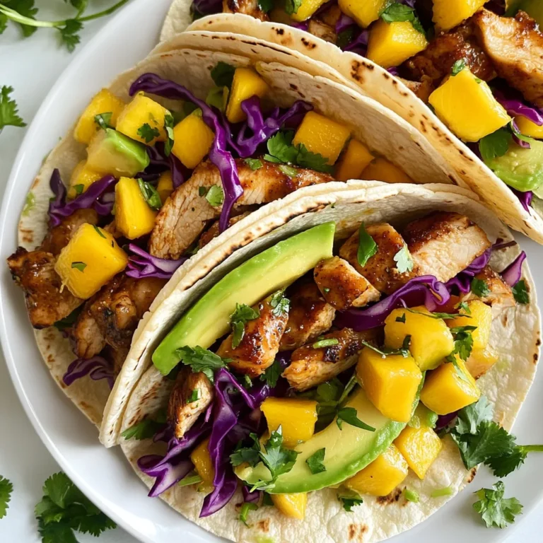 To make tasty Caribbean jerk chicken tacos, you need the following main ingredients: - 2 chicken breasts, boneless and skinless - 2 tablespoons jerk seasoning (store-bought or homemade) - 1 tablespoon olive oil - 8 small corn or flour tortillas These ingredients form the base of your tacos. The chicken gives protein, while jerk seasoning adds that famous spicy and smoky flavor. You can enhance your tacos with these fresh ingredients: - 1 cup red cabbage, finely shredded - 1 cup mango, diced - 1 avocado, sliced - 1/2 cup cilantro, chopped - 1/4 cup lime juice (about 2 limes) - Salt and pepper to taste - Optional: Hot sauce for serving Red cabbage adds crunch, while mango gives sweetness. Avocado brings creaminess, and lime juice adds zing. You can skip hot sauce if you prefer mild flavors. If you can't find any items, here are some substitutions: - Use chicken thighs instead of breasts for more flavor. - Try other fruits like pineapple or papaya in place of mango. - Swap red cabbage for green cabbage or lettuce if needed. - Use lemon juice instead of lime juice for a different citrus kick. These swaps keep the essence of the dish, ensuring you still enjoy a delightful meal. Don't hesitate to get creative! {{ingredient_image_1}} To start, you need to marinate the chicken. In a large bowl, mix jerk seasoning, olive oil, salt, and pepper. Add the chicken breasts to the bowl. Make sure the chicken is fully coated with the marinade. Cover the bowl with plastic wrap. Let it sit for at least 30 minutes. For a stronger flavor, let it marinate for up to 2 hours in the fridge. Now it’s time to cook the chicken. Preheat your grill or grill pan to medium-high heat. When it’s hot, add the marinated chicken breasts. Cook them for about 5 to 7 minutes on each side. You want the internal temperature to reach 165°F (75°C). Once cooked, take the chicken off the heat. Let it rest for a few minutes. Then slice it into thin strips. While the chicken rests, prepare the tortillas. Warm them on the grill or in a skillet for about 30 seconds on each side. This makes them soft and easy to fold. Now, build your tacos! Take each tortilla and layer in some sliced jerk chicken. Add shredded red cabbage, diced mango, and avocado slices. Drizzle lime juice on top. Sprinkle with fresh cilantro. If you like heat, add some hot sauce. Serve the tacos right away with lime wedges on the side. To get the best jerk flavor, use fresh spices. Jerk seasoning usually has allspice, thyme, and pepper. If you want to make your own, blend these spices with garlic, onion, and Scotch bonnet pepper for heat. Marinate the chicken for at least 30 minutes. Longer marination gives a deeper flavor. If you can, let it sit in the fridge for up to 2 hours. This makes a big difference. Corn tortillas are classic for tacos. They have a nice texture and flavor. If you prefer flour, go for small ones to hold the filling well. Warm the tortillas before adding the chicken. This makes them soft and easier to fold. You can heat them on a grill or in a skillet for about 30 seconds on each side. This simple step enhances the taste. Presentation is key to making your tacos look inviting. Arrange the tacos on a colorful platter. Garnish with extra cilantro and lime wedges for a pop of color. You can also drizzle more lime juice over the tacos just before serving. This adds freshness and zesty flavor. Serve with hot sauce on the side for those who love some spice. Enjoy the vibrant look and taste of your Caribbean Jerk Chicken Tacos! Pro Tips Marinate for Flavor: Allow the chicken to marinate for at least 2 hours to enhance the jerk flavor. Overnight marination is even better! Grilling Technique: Make sure your grill is preheated before adding the chicken to ensure a nice sear and to prevent sticking. Fresh Ingredients: Use fresh cilantro and ripe mango for the best flavor and texture in your tacos. Tortilla Choice: Experiment with both corn and flour tortillas to find your favorite combination for these tacos. {{image_2}} You can switch the chicken for other proteins. Try shrimp or pork. Grilled shrimp gives a nice seafood taste. Pork shoulder works well with jerk seasoning too. It has a rich flavor that blends nicely. Use the same marinating and cooking steps as chicken for best results. For a vegetarian meal, use grilled tofu or tempeh. They soak up flavors well. You can also use black beans or chickpeas. These options add protein and stay filling. For a vegan twist, skip the chicken and add more veggies. Grilled peppers or zucchini can be great choices. You can add fun flavors to your tacos. Try pineapple instead of mango for a sweet twist. Pickled red onions add a tangy crunch. Spicy slaw made with cabbage and jalapeños can give extra heat. You can also mix in fresh herbs like mint for a bright touch. Each twist makes the tacos special! To store leftover tacos, first, separate the chicken from the toppings. Place the chicken in an airtight container. Store it in the fridge for up to three days. Keep the tortillas and toppings, like cabbage and mango, in separate containers. This keeps everything fresh and tasty. To reheat the chicken, use a skillet over medium heat. Add a splash of water to keep it moist. Heat for about 5-7 minutes until warm. For the tortillas, warm them in a dry skillet for 30 seconds on each side. This helps them regain their softness. You can prepare the chicken ahead. Marinate it and store it in the fridge for up to two hours. You can also cook the chicken beforehand and store it in the fridge. Just reheat it before serving. Cut your veggies and store them in containers too. This makes taco night quick and easy! Jerk seasoning is a mix of spices from Jamaica. It includes ingredients like allspice, thyme, and cayenne pepper. This mix gives food a spicy, smoky taste. You can buy it in stores or make your own at home. If you want to make your own, blend spices like garlic powder, onion powder, and black pepper. This seasoning works great on chicken, pork, and fish. Yes, you can add more heat! Here are some easy ways to spice up your tacos: - Use more jerk seasoning when marinating the chicken. - Add sliced jalapeños or diced hot peppers to the filling. - Drizzle a spicy hot sauce over the top. - Serve with a side of spicy salsa or chutney. You can adjust the spice level to fit your taste. Just remember, a little heat goes a long way! These tacos are fun to make your own! Here are some ideas: - Swap the Protein: Use shrimp, pork, or tofu instead of chicken. - Change the Veggies: Add bell peppers, red onions, or corn for extra crunch. - Try Different Fruits: Use pineapple or kiwi instead of mango for a sweet twist. - Add Cheese: Crumbled feta or shredded cheddar can add creaminess. - Use Different Tortillas: Try whole wheat, spinach, or even lettuce leaves for a low-carb option. Mix and match to create your perfect taco! In this blog post, we explored how to make Caribbean jerk chicken tacos. We covered the key ingredients, step-by-step cooking, and tips to enhance flavor. You learned about storage and popular variations. These tacos are easy to customize. Use what you love and enjoy the taste. Experiment with spices or vegetables to make each batch unique. So dive in, get your hands messy, and savor these delicious flavors today!