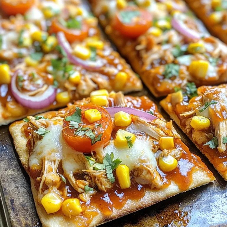 To make BBQ chicken flatbread pizza, you need some key ingredients. Here’s what you’ll need: - 2 large flatbreads or naan - 1 cup cooked chicken, shredded - 1/2 cup barbecue sauce - 1 cup shredded mozzarella cheese - 1/2 cup red onion, thinly sliced - 1/2 cup corn kernels (fresh or frozen) - 1/4 cup fresh cilantro, chopped - 1 cup cherry tomatoes, halved - 1 teaspoon olive oil - Salt and pepper to taste - Optional: jalapeño slices for heat Each ingredient adds a unique flavor. The flatbread is the base. The chicken gives protein and texture. BBQ sauce brings sweetness and tang. Cheese melts and binds it all together. Fresh veggies add crunch and color. You can make this pizza your own. Here are some fun optional toppings: - Sliced jalapeños for spice - Avocado slices for creaminess - Pineapple chunks for sweetness - Bell peppers for crunch - Feta cheese for a tangy twist Mix and match these toppings to make your pizza special. Don't be afraid to experiment! For the best taste, use high-quality ingredients. Choose a barbecue sauce you love. A smoky sauce works great. Fresh mozzarella melts better than pre-shredded cheese. If you can, use fresh herbs like cilantro. Fresh herbs add bright and bold flavors. Using fresh, vibrant ingredients will make your flatbread pizza shine. Enjoy the process and have fun in the kitchen! {{ingredient_image_1}} Start by gathering all your ingredients. You will need: - 2 large flatbreads or naan - 1 cup cooked chicken, shredded - 1/2 cup barbecue sauce - 1 cup shredded mozzarella cheese - 1/2 cup red onion, thinly sliced - 1/2 cup corn kernels (fresh or frozen) - 1/4 cup fresh cilantro, chopped - 1 cup cherry tomatoes, halved - 1 teaspoon olive oil - Salt and pepper to taste - Optional: jalapeño slices for heat Shred the chicken into small pieces. This helps it mix well with the sauce. Slice the red onion thinly. This makes it easy to spread on the flatbreads. If using frozen corn, make sure to thaw it first. Halve the cherry tomatoes for a fresh bite. Lastly, chop the cilantro. This adds a nice touch at the end. In a medium bowl, mix the shredded chicken with the barbecue sauce. Stir well until every piece of chicken is coated. This step is key. The sauce adds flavor and moisture. You can use any BBQ sauce you like, but a sweet or smoky one works best. Preheat your oven to 450°F (232°C). While it heats, take a baking sheet and line it with parchment paper. You can also lightly grease it. Place the flatbreads on the sheet. Brush a little olive oil on each flatbread. This helps them crisp up while baking. Next, spread the BBQ chicken mixture evenly over the flatbreads. Now, sprinkle the shredded mozzarella cheese on top. Add the sliced red onion, corn, and halved cherry tomatoes. Don’t forget to season with salt and pepper. If you like heat, add jalapeño slices now. Bake the flatbreads in the oven for 10-12 minutes. Look for melted cheese and golden edges. Once done, take them out and sprinkle fresh cilantro on top. Slice into pieces and enjoy your savory BBQ chicken flatbread pizza! To enjoy a crispy flatbread, start by preheating your oven to 450°F (232°C). Brush the flatbread lightly with olive oil. This simple step helps it brown nicely. Place the flatbread on a baking sheet lined with parchment paper. Avoid overcrowding the sheet. Bake for 10-12 minutes. Look for golden edges and melted cheese. Your flatbread will be crispy, tasty, and ready to enjoy. Choosing the right barbecue sauce is key. You can go for sweet, tangy, or smoky flavors. A classic choice is a Kansas City-style sauce. It has a rich sweetness. If you like heat, try a spicy barbecue sauce. You can even mix two sauces for unique flavors. Just make sure to coat your chicken well. This will ensure great taste in every bite. When serving your BBQ chicken flatbread pizza, think about side dishes. A fresh salad pairs well with the rich flavors. You can also serve coleslaw for a crunchy contrast. If you want to add some heat, serve jalapeño slices on the side. For drinks, sweet tea or lemonade works great. You can even try a light beer. These choices will enhance your meal and make it even more enjoyable. Pro Tips Use Fresh Ingredients: Fresh ingredients elevate the flavor of your BBQ chicken flatbread pizza. Opt for fresh cilantro, ripe cherry tomatoes, and high-quality barbecue sauce for the best results. Crispier Flatbread: For an extra crispy flatbread, pre-bake the flatbreads for 5 minutes before adding the toppings. This helps to ensure they don’t get soggy from the sauce. Mix Up the Cheese: While mozzarella is a classic choice, try blending it with other cheeses like cheddar or gouda for a richer flavor profile. Customize Your Toppings: Feel free to get creative with toppings! Add bell peppers, olives, or even pineapple for a unique twist on this BBQ chicken flatbread pizza. {{image_2}} You can make a tasty vegetarian BBQ flatbread pizza. Start by swapping the chicken for grilled veggies. Zucchini, bell peppers, and mushrooms work great. Use the same BBQ sauce to keep that rich flavor. Add extra cheese or a sprinkle of feta for a creamy touch. Top with fresh basil or arugula for a fresh taste. If you need a gluten-free option, use gluten-free flatbreads or naan. Many stores sell these now. Check the labels to ensure they are safe. You can also make your own using almond flour or chickpea flour. This will still give you the same great taste without the gluten. Get creative with flavors! You can try adding pineapple for a sweet touch. Pickled onions or jalapeños can give some spice. Swap the cheese for a dairy-free version if you prefer. You can also add beans or avocado for more texture and flavor. The sky's the limit, so have fun exploring new tastes! To store leftover BBQ chicken flatbread pizza, let it cool first. Place the slices in an airtight container. You can also use foil or plastic wrap. Make sure to keep it in the fridge. It will stay fresh for about 3 to 4 days. When you want to eat your leftover pizza, preheat your oven to 350°F (175°C). Place the slices on a baking sheet. Heat them for about 10 minutes. This will help keep the crust crispy and the cheese melty. If you prefer, you can use a microwave. Just heat for 30 seconds to 1 minute, but the crust may get soft. If you want to save your pizza for later, freezing works great. Cut the flatbread into slices. Wrap each slice in foil or plastic wrap. Place the wrapped slices in a freezer bag. Make sure to remove as much air as possible. Your pizza can stay in the freezer for up to 2 months. To eat, just thaw in the fridge and reheat as mentioned above. Yes, you can use store-bought flatbreads. They save time and taste great. Look for flatbreads that are thick enough to hold the toppings. Naan is a good option too. They will bake up crispy and delicious. To add spice, include jalapeño slices on top. You can also mix hot sauce into the barbecue sauce. If you like heat, try adding red pepper flakes or a spicy BBQ sauce. These options will give your pizza a nice kick. Some tasty sides include a fresh salad or coleslaw. You could also serve grilled vegetables or corn on the cob. Potato wedges or sweet potato fries pair well too. These sides will complement the pizza's flavors and make a complete meal. This blog post explored all you need for BBQ Chicken Flatbread Pizza. We covered essential ingredients, optional toppings, and the best flavors you can use. The step-by-step guide helped you prepare, cook, and assemble your flatbread. You learned tips for making it crispy and which BBQ sauces to choose. Plus, we shared tasty variations and how to store leftovers properly. Now, you can create your perfect flatbread pizza. Enjoy experimenting with flavors and making this dish your own!