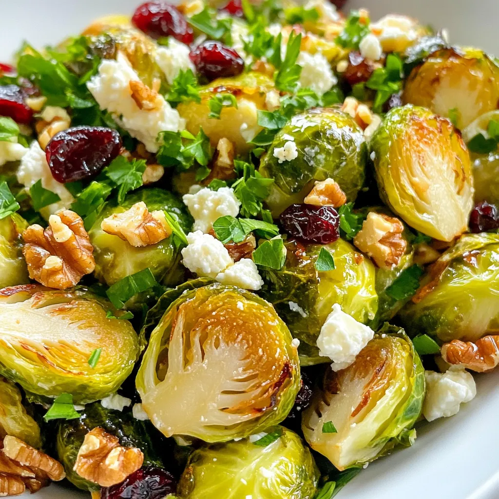 To make this Honey Mustard Brussels Sprouts Salad, you need: - 500g Brussels sprouts, trimmed and halved - 2 tablespoons olive oil - Salt and pepper to taste - 1/4 cup toasted walnuts, chopped - 1/4 cup dried cranberries - 1/4 cup feta cheese, crumbled - 3 tablespoons honey These ingredients bring together a mix of flavors and textures. The Brussels sprouts add crunch, while the walnuts give a nice nutty taste. The dried cranberries add sweetness, and the feta adds a creamy touch. For the dressing, gather these items: - 2 tablespoons Dijon mustard - 1 tablespoon apple cider vinegar - 1 teaspoon garlic powder - 1 teaspoon onion powder - Salt and pepper to taste This dressing is a blend of sweet and tangy. Honey and Dijon bring a zesty punch, while garlic and onion powder add depth. The apple cider vinegar brightens everything up. To finish your salad, consider these garnish options: - Fresh parsley - Additional nuts - More cheese Garnishing adds a pop of color and extra flavor. Fresh parsley gives a fresh taste, while extra nuts or cheese can make the dish even richer. {{ingredient_image_1}} 1. Preheat your oven to 200°C (400°F). This step is key to achieving crispy Brussels sprouts. 2. Trim and halve the Brussels sprouts. Remove any yellow leaves and cut each sprout in half. 3. In a large bowl, toss the halved Brussels sprouts with olive oil. Add salt, pepper, garlic powder, and onion powder. Make sure every sprout is coated well. 1. Spread the Brussels sprouts on a baking sheet. Arrange them in a single layer to ensure even cooking. 2. Roast in the oven for 20-25 minutes. Stir them halfway through for even browning. They should be crisp-tender and caramelized when done. 3. While they roast, prepare the honey mustard dressing. In a small bowl, whisk together honey, Dijon mustard, apple cider vinegar, salt, and pepper. Mix until smooth. 4. Once the Brussels sprouts are done, let them cool slightly. This takes about 5-10 minutes. It helps maintain their texture. 1. In a large serving bowl, combine roasted Brussels sprouts, toasted walnuts, dried cranberries, and feta cheese. This mix adds crunch and sweetness. 2. Drizzle the honey mustard dressing over the salad. Gently toss everything together to ensure all ingredients are coated. 3. Garnish with freshly chopped parsley. This adds a pop of color and freshness to your dish. Enjoy the vibrant flavors and textures of this Honey Mustard Brussels Sprouts Salad! To get the best flavor from your Brussels sprouts, start by cutting them in half. This helps them cook evenly. Toss them with olive oil, salt, and pepper before roasting. Spread them out on the baking sheet, so they don’t touch. This step ensures even roasting and caramelization. Roast them at 200°C (400°F) for 20-25 minutes. Stir them halfway through for the best results. You want them to be crisp-tender and golden brown. For the perfect honey mustard balance, mix three tablespoons of honey with two tablespoons of Dijon mustard. Add apple cider vinegar, salt, and pepper to taste. Whisk until smooth. If you want to make the dressing ahead, store it in the fridge. Use a sealed jar to keep it fresh. Just give it a good shake before serving. Make your salad stand out when serving. Use a large, colorful bowl to show off the layers. For a fun touch, add toasted walnuts and dried cranberries on top. Crumbled feta cheese adds a nice contrast too. You can even garnish with fresh parsley for a pop of color. This makes the salad look as good as it tastes, perfect for parties or gatherings. Pro Tips Choose Fresh Brussels Sprouts: Opt for firm, bright green Brussels sprouts for the best flavor and texture. Customize Your Nuts: Feel free to substitute walnuts with pecans or almonds for a different crunch and flavor. Enhance the Dressing: Add a pinch of cayenne pepper or a splash of lemon juice to the dressing for an extra kick. Serve Warm: This salad is best enjoyed warm; it allows the flavors to meld together beautifully. {{image_2}} You can change the nuts or cheese in this salad for a new taste. Instead of walnuts, try pecans or almonds. They add a crunchy texture and a different flavor. If you want a creamier taste, swap feta for goat cheese or blue cheese. Each option gives a unique twist to the dish. For honey and mustard, you have choices too. If you need a vegan option, use maple syrup instead of honey. For mustard, you could use whole grain mustard or even spicy brown mustard. Each choice changes the flavor, making it fun to experiment. Adding more vegetables or fruits can boost flavor and nutrition. Try adding thinly sliced radishes or roasted carrots for extra crunch. You can also toss in sliced apples or pears for sweetness. These additions keep the salad fresh and exciting. If you want a heartier salad, consider adding protein. Grilled chicken or chickpeas are great choices. They fill you up and make the salad a full meal. You can also try adding hard-boiled eggs for an extra boost of protein. You can adjust this salad based on what’s in season. In fall, add roasted squash or sweet potatoes for warmth. In spring, fresh peas or asparagus can brighten the salad. Summer allows for ripe tomatoes or cucumbers, which add a refreshing touch. Using seasonal ingredients keeps your salad vibrant and tasty all year round. To store leftover salad, place it in an airtight container. This keeps the salad fresh for up to three days. If you want to keep the Brussels sprouts crisp, store the dressing separately. This way, you avoid sogginess. When you're ready to eat, simply drizzle the dressing on top and toss. You may wonder, should you reheat roasted Brussels sprouts? I recommend not reheating them. Roasted Brussels sprouts taste best when served fresh. However, if you want to warm them, do so quickly in the oven for just a few minutes. For repurposing leftovers, add them to soups or omelets. This gives a new twist to your meal. To prepare salad for the week, roast a big batch of Brussels sprouts ahead of time. Store them in the fridge for easy access. Portion out the salad in containers. This makes it easy to grab a meal on busy days. You can mix the ingredients in advance but keep the dressing separate for the best taste. Trim the Brussels sprouts by cutting off the tough stem end. Remove any yellow or damaged leaves. Then, slice each sprout in half from top to bottom. This helps them cook evenly and allows for more surface area to caramelize, giving you a rich flavor. Yes, you can make this salad ahead of time. Roast the Brussels sprouts and let them cool. Store them in the fridge for up to two days. When ready to serve, toss them with the other ingredients and dressing. This keeps the salad fresh and tasty. Brussels sprouts are packed with nutrients. They are high in fiber, which aids digestion. They also have vitamins C and K, which support your immune system and bone health. Plus, they contain antioxidants that help fight inflammation. Enjoying this salad is a tasty way to boost your health. This blog post covered how to make a tasty Brussels sprouts salad. We discussed main ingredients like Brussels sprouts, walnuts, and feta cheese. I shared steps for preparing, cooking, and serving the salad. I also provided tips for roasting, dressing, and creative presentation. Variations included substitutions and seasonal options. Lastly, we touched on storage and reheating tips. Remember, experimenting with flavors can make your dish shine. Enjoy the process and share your delicious salad with others!