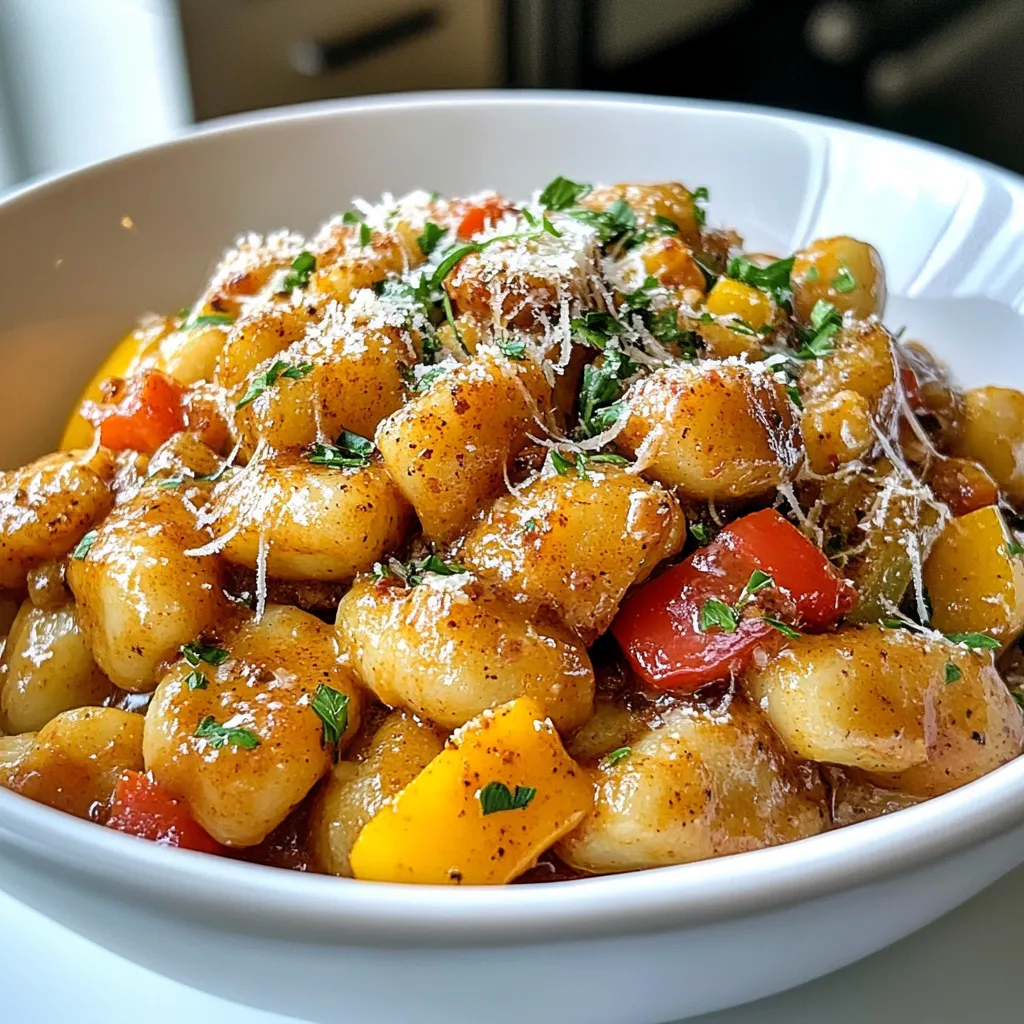 To make this tasty dish, gather these main ingredients: - 1 lb potato gnocchi - 1 tablespoon olive oil - 1 small onion, finely chopped - 2 cloves garlic, minced - 1 bell pepper (red or yellow), diced - 1 teaspoon Cajun seasoning - 1/2 teaspoon smoked paprika - 1 cup heavy cream - 1 cup shredded Cajun spiced chicken (or cooked shrimp) - 1/2 cup grated Parmesan cheese - Salt and black pepper to taste - Fresh parsley, chopped (for garnish) You can change this dish by adding extra ingredients. Consider: - Spinach or kale for more greens - Cherry tomatoes for sweetness - Different proteins like sausage or tofu - Use half-and-half instead of heavy cream for less richness Garnishes make a dish look and taste great. I suggest: - Fresh parsley for color and flavor - Extra grated Parmesan for creaminess - A sprinkle of Cajun seasoning for a pop These ingredients and tweaks will help you create the best creamy Cajun gnocchi. Enjoy! {{ingredient_image_1}} In this article, we explored creamy Cajun gnocchi. We discussed main ingredients, variations, and tasty garnishes. You learned step-by-step cooking instructions and helpful tips for the best results. Remember, you can easily adjust spice levels or use seafood. Storing and reheating leftovers will keep your dish fresh and delicious. These ideas will help you create a wonderful meal. Enjoy making this dish, and let your taste buds lead the way!