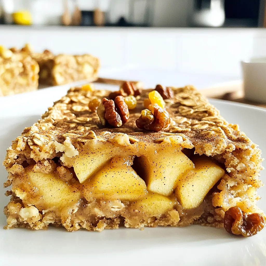 To make these tasty Apple Cinnamon Oatmeal Bars, gather these simple ingredients: - 2 cups rolled oats - 1 cup almond flour - 1 teaspoon baking powder - 1 teaspoon cinnamon - 1/2 teaspoon nutmeg - 1/4 teaspoon salt - 1/2 cup honey or maple syrup - 1/2 cup unsweetened applesauce - 1/4 cup coconut oil, melted - 2 medium apples, peeled and diced - 1/2 cup walnuts, chopped (optional) - 1/4 cup raisins or dried cranberries (optional) These ingredients work together to create a sweet and hearty bar. The oats and almond flour give a great texture, while the apples add natural sweetness. You can swap some ingredients for what you have on hand. Here are a few ideas: - Instead of almond flour, use all-purpose flour or oat flour. - Maple syrup can replace honey for a vegan option. - Any type of apple works. Try Granny Smith for a tart taste. - If you don't have coconut oil, use vegetable oil or butter. These swaps make the recipe flexible and easy to adapt. Want to add more flavor? Here are some tasty options: - Mix in chocolate chips for a sweet twist. - Add pumpkin seeds for a crunch. - Toss in some chia seeds for extra fiber. Feel free to get creative with your add-ins. They can make your bars unique and fun! Start by preheating your oven to 350°F (175°C). This will ensure even baking. Next, take a 9x9-inch baking pan. Grease it lightly or use parchment paper. Parchment paper helps with easy removal later. In a large bowl, combine the rolled oats, almond flour, baking powder, cinnamon, nutmeg, and salt. Stir these dry ingredients well. This ensures that all the flavors mix evenly throughout the bars. In a separate bowl, whisk together the honey or maple syrup, unsweetened applesauce, and melted coconut oil. Mix until the mixture is smooth. The wet ingredients will add moisture and sweetness to the bars. Now, pour the wet mix into the dry ingredients. Stir until they are fully combined. Gently fold in the diced apples and chopped walnuts or raisins if you choose to add them. This step adds great texture and taste to your bars. Spread the batter evenly in the prepared pan. Use a spatula to smooth the top. Bake for 25 to 30 minutes. Look for golden edges and a toothpick should come out clean from the center. Let the bars cool in the pan for about 10 minutes. Then, transfer them to a wire rack to cool completely. Once cooled, cut them into bars for easy serving. To get the best texture in your Apple Cinnamon Oatmeal Bars, use rolled oats. They give a chewy bite, while almond flour makes them tender. If you want softer bars, add a bit more applesauce. For crunch, consider adding chopped walnuts. Bake until golden brown, but don’t overdo it. A toothpick should come out clean for perfect bars. To boost the flavor, use fresh, crisp apples. I like to mix sweet and tart varieties. Adding a pinch of salt will enhance sweetness. If you love spice, try adding a little more cinnamon or nutmeg. You can also mix in vanilla extract for warmth. For a twist, try adding dried cranberries or chocolate chips. These bars are great warm or cold. You can cut them into squares for snacks or breakfast. Serve them with a drizzle of honey or a dollop of yogurt. They also pair well with a hot cup of tea or coffee. Store them in an airtight container for easy snacking all week long. {{image_2}} You can easily make these apple cinnamon oatmeal bars gluten-free. Just swap the rolled oats for certified gluten-free oats. Ensure any other ingredients, like baking powder, are also gluten-free. Almond flour is already gluten-free, making it a great choice. This way, everyone can enjoy these tasty bars without worry. To make these bars vegan, replace honey with maple syrup or agave nectar. Both sweeteners work well and keep the bars moist. You can also use a plant-based oil instead of coconut oil. This keeps the recipe tasty and friendly for those who prefer plant-based foods. Get creative with flavors in your oatmeal bars. You can add spices like ginger or cardamom for extra warmth. Try adding different fruits, like pears or blueberries, for a twist. You can also mix in nuts or seeds, such as pecans or sunflower seeds. This makes the bars unique and fun to eat! To keep your Apple Cinnamon Oatmeal Bars fresh, use an airtight container. This will prevent moisture from getting in and making the bars soggy. Store them at room temperature if you plan to eat them within a week. For longer-lasting freshness, the fridge is a good choice. It helps the bars stay tasty and safe to eat. If you want to save some bars for later, freezing is simple. Cut the bars into squares before freezing. Wrap each piece in plastic wrap, then place them in a freezer bag. This helps keep them fresh. When you want to enjoy a bar, take it out and let it thaw in the fridge overnight. You can also heat it in the microwave for a quick treat. When stored properly, these bars last about one week at room temperature. In the fridge, they can stay good for up to two weeks. Frozen bars can last for up to three months. Just make sure to check for any signs of spoilage before eating. Enjoy your delicious bars anytime! To make these bars gluten-free, swap rolled oats for certified gluten-free oats. Use almond flour, which is gluten-free. Check all labels for hidden gluten. This simple change keeps your bars tasty and safe. Yes, you can replace honey with maple syrup. Both sweeteners work well. You could also try agave syrup for a different taste. Use the same amount to keep the sweetness balanced. Wait until the bars cool before cutting. Use a sharp knife for clean edges. For even pieces, cut them into squares or rectangles. This way, each piece looks great and is easy to grab. Absolutely! These bars are perfect for meal prep. Make a batch and store them in an airtight container. They stay fresh for a week. Grab one for a quick snack or breakfast on busy days. You can find pre-made bars at health food stores or online. Look for brands that focus on natural ingredients. Read the labels to find options that match your taste and dietary needs. This blog post covered everything you need for apple cinnamon oatmeal bars. We detailed the ingredient list and offered smart substitutions and add-ins. The step-by-step instructions guide you through mixing and baking perfectly. I shared tips for the best texture and flavor. You learned about variations like gluten-free and vegan options. Storage info ensures your bars stay fresh and tasty. Now, you can confidently make these bars at home. Enjoy your baking!