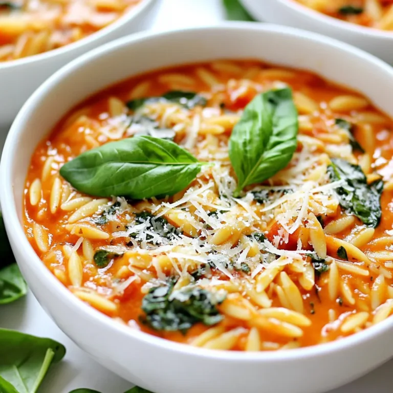 For this creamy tomato spinach orzo, you’ll need: - 1 cup orzo pasta - 2 tablespoons olive oil - 4 cloves garlic, minced - 1 can (14 ounces) crushed tomatoes - 1 cup vegetable broth - 1 teaspoon dried basil - 1 teaspoon dried oregano - Salt and pepper to taste - 2 cups fresh spinach, roughly chopped - ½ cup heavy cream or coconut cream - ¼ cup grated Parmesan cheese (optional) - Fresh basil leaves for garnish You can boost the dish's flavor with these options: - A pinch of red pepper flakes for heat - Lemon zest for a fresh twist - Chopped sun-dried tomatoes for extra depth - A dash of balsamic vinegar for richness If you need to switch things up, try these substitutes: - Use quinoa or rice instead of orzo for a different grain. - Swap heavy cream for Greek yogurt for a lighter option. - Replace Parmesan with nutritional yeast for a vegan touch. - Use fresh herbs like thyme or parsley instead of dried herbs. These ingredients give the dish its rich, creamy taste and texture. Feel free to play around with options to make it your own! {{ingredient_image_1}} First, we need to cook the orzo. Grab a large pot and fill it with water. Add salt to the water and bring it to a boil. Once boiling, add 1 cup of orzo pasta. Cook the orzo for about 8 to 10 minutes. Check the package for exact times. You want it al dente, which means it should be firm but not hard. After cooking, drain the orzo and set it aside. Next, let’s make the sauce. Use the same pot to keep flavors rich. Heat 2 tablespoons of olive oil over medium heat. Add 4 minced garlic cloves to the pot. Sauté the garlic for about 1 to 2 minutes. You want it fragrant but not burnt. Then, stir in a can of crushed tomatoes and 1 cup of vegetable broth. Mix in 1 teaspoon of dried basil, 1 teaspoon of oregano, and season with salt and pepper. Bring the mixture to a simmer and cook for 5 minutes. Now, we’ll make it creamy. Gradually add 2 cups of roughly chopped fresh spinach into the sauce. Cook until the spinach wilts, which takes about 2 to 3 minutes. After that, reduce the heat to low. Stir in ½ cup of heavy cream or coconut cream if you prefer dairy-free. Let it heat for about 2 minutes, ensuring everything blends well. Finally, it’s time to serve! Add the cooked orzo to the creamy tomato-spinach mixture. Stir it all together until the orzo is well-coated with sauce. You can adjust the seasoning if you like. Plate the creamy tomato spinach orzo in bowls. For a finishing touch, sprinkle some grated Parmesan cheese or fresh basil leaves on top. Enjoy your delicious meal! To cook orzo just right, start with a large pot. Bring salted water to a boil. Add the orzo and stir it. Cook until it is al dente, which takes about 8-10 minutes. Stir often to prevent sticking. After cooking, drain the orzo and set it aside. This keeps it from soaking up too much sauce later. For a creamy sauce, use heavy cream or coconut cream. After adding it, reduce the heat to low. Stir well to mix everything together. Let it heat for about 2 minutes. This helps the flavors blend. If you want extra creaminess, add more cream to taste. Fresh herbs boost the taste of your dish. Adding fresh basil at the end gives a bright flavor. You can also try parsley or thyme for more depth. Chop the herbs finely before adding them. This makes sure the flavors spread evenly throughout the dish. You can also sprinkle some on top as a garnish for a fresh look. Pro Tips Use Fresh Ingredients: Fresh spinach and high-quality tomatoes can elevate the flavor of your dish significantly. Perfectly Cooked Orzo: Make sure to cook the orzo al dente, as it will continue to absorb moisture when combined with the sauce. Adjust Creaminess: If you prefer a lighter dish, you can reduce the amount of cream or substitute with a plant-based option. Garnish Wisely: Fresh basil and grated Parmesan not only add flavor but also enhance the visual appeal of your dish. {{image_2}} You can keep this dish vegetarian by using vegetable broth. This adds depth without meat. Add more veggies for flavor. Try bell peppers or mushrooms for a hearty twist. You can also toss in some peas or zucchini. They will cook quickly and blend nicely with the sauce. To make it vegan, switch the heavy cream for coconut cream. This keeps the dish rich and creamy. Just use a dairy-free cheese option or skip the cheese altogether. You won’t lose flavor; the tomatoes and spices will shine through. Want to add protein? Cooked chicken or shrimp works great. Toss them in at the end to heat through. For a vegetarian option, try chickpeas or lentils. They add protein and fiber. You can also add tofu for a nice texture. After you enjoy your creamy tomato spinach orzo, store any leftovers in an airtight container. Make sure to let it cool to room temperature first. This helps keep the dish fresh. You can keep it in the fridge for up to three days. If you want to enjoy it later, freezing is a great option. To freeze your orzo, follow these simple steps. First, pack the orzo tightly in a freezer-safe container. Leave a little space at the top for expansion. The orzo will stay good for about three months. When you're ready to eat it, just thaw it in the fridge overnight. When reheating your creamy tomato spinach orzo, do it gently. You can use a microwave or a stovetop. If using a microwave, heat in short bursts, stirring in between. If on the stovetop, add a splash of water or broth to keep it moist. Heat until warm throughout, and enjoy! Yes, you can use other small pasta types. Options include ditalini, acini di pepe, or even small shells. Make sure to adjust the cooking time based on the pasta you choose. This dish is not gluten-free if you use regular orzo. However, you can find gluten-free orzo made from rice or corn. Always check the package to ensure it meets your needs. Creamy tomato spinach orzo pairs well with many sides. You can serve it with a fresh green salad, garlic bread, or steamed veggies. For protein, grilled chicken or shrimp also works great. Yes, you can prepare this dish ahead of time. Cook the orzo and sauce separately, then combine them before serving. Store them in the fridge for up to three days. Reheat gently on the stove or in the microwave. This blog post covered how to make creamy tomato spinach orzo. We discussed ingredients, cooking steps, and tips for success. You learned about flavorful variations, as well as storage options. Remember, you can swap ingredients or add your favorite proteins. With a few simple tips, you'll create a dish people will love. Enjoy your cooking and the tasty results!