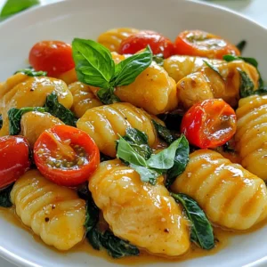 - Gnocchi (1 lb) - Chicken Breasts (1 lb) - Olive Oil (2 tbsp) - Garlic (4 cloves) - Cherry Tomatoes (1 cup) - Spinach (1 cup) - Heavy Cream (1 cup) - Parmesan Cheese (1/2 cup) - Italian Seasoning (1 tsp) - Salt and Pepper - Fresh Basil Leaves for Garnish Gather these ingredients for your Tuscan Chicken Gnocchi. You can use fresh or store-bought gnocchi, depending on what’s available. Chicken breasts give the dish a nice protein boost. Olive oil adds flavor and helps cook the chicken. Garlic brings a rich aroma and taste. Cherry tomatoes add sweetness and color. Spinach packs in nutrients and a pop of green. Heavy cream makes the sauce rich and velvety. Parmesan cheese adds a lovely salty flavor. Italian seasoning ties all the flavors together. Don’t forget to season with salt and pepper! You can top the dish with fresh basil for a bright finish. Each ingredient plays a role in making this dish a creamy, flavorful delight. {{ingredient_image_1}} To cook the gnocchi, start by boiling a large pot of salted water. Once it reaches a rolling boil, carefully add the gnocchi. Cook them according to the package instructions. You’ll know they’re done when they float to the top. This usually takes around 2-3 minutes. Drain the gnocchi and set them aside. - Tip: To ensure perfect texture, do not overcook the gnocchi. They should be soft yet firm. In a large skillet, heat 2 tablespoons of olive oil over medium-high heat. Add the sliced chicken breasts to the hot skillet. Season them with salt, pepper, and 1 teaspoon of Italian seasoning. Sauté for about 5-7 minutes. Cook until the chicken turns golden and is fully cooked. Remove the chicken from the skillet and set it aside. - Tip: Make sure the chicken is sliced evenly for consistent cooking. In the same skillet, add 4 minced garlic cloves and sauté for about 30 seconds. The garlic should smell fragrant but not brown. Next, add 1 cup of halved cherry tomatoes. Cook for about 2-3 minutes until they soften. Stir in 1 cup of chopped spinach and cook until it wilts. Then, pour in 1 cup of heavy cream. Stir to mix everything well and bring it to a gentle simmer. Add 1/2 cup of grated Parmesan cheese, stirring until it melts and becomes smooth. Taste and adjust salt and pepper as needed. - Tip: This sauce should be rich and creamy, so keep stirring to avoid lumps. Now, add the cooked chicken and gnocchi back into the skillet. Gently toss everything together to coat in the creamy sauce. Cook for an additional 2-3 minutes over low heat, just to warm everything through. To serve, dish out your creamy Tuscan chicken gnocchi onto plates. For a lovely finish, garnish with fresh basil leaves. This adds both color and flavor. - Tip: Use a large spoon to create a beautiful presentation on the plate. - Best practices for gnocchi preparation Start with a big pot of salted water. Bring it to a strong boil. Add the gnocchi when the water is ready. Cook until they float, then drain them well. This shows they are just right. Do not cook them too long, or they will be mushy. - Tips for perfect chicken cooking Use a hot skillet with olive oil for the chicken. Season it well with salt and pepper. Cook for about 5-7 minutes. Look for a golden color and no pink inside. This means the chicken is done. Set it aside to keep it juicy. - Ensuring smooth and creamy texture Stir the heavy cream into the skillet slowly. Let it simmer, but do not let it boil. Add the cheese after the cream is warm. Stir until it melts and blends smoothly. This makes the sauce rich and creamy. - Adjusting seasoning and flavor enhancements Taste the sauce before serving. You can add more salt or pepper if needed. Fresh herbs like basil can give extra flavor. A pinch of nutmeg can also enhance the creaminess. - Recommended side dishes A light salad pairs well with this dish. You might enjoy a simple arugula salad. It adds a fresh taste to balance the creaminess. Garlic bread or crusty rolls can also be nice. - Wine pairings to complement the meal A crisp white wine enhances the chicken and cream. Try a Pinot Grigio or Chardonnay. These wines go well with the flavors of the dish. Enjoying a glass will make your meal special. Pro Tips Perfecting the Gnocchi: Avoid overcooking the gnocchi; they should only be cooked until they float to the surface for the best texture. Flavorful Chicken: Let the chicken rest for a few minutes after cooking to retain its juices for a juicier bite. Fresh Spinach Substitute: If fresh spinach isn't available, you can use frozen spinach; just make sure to thaw and drain it well before adding it to the skillet. Garnishing Tips: For an extra touch of flavor, try adding a squeeze of lemon juice or a sprinkle of red pepper flakes just before serving. {{image_2}} You can easily change the protein in this dish. Shrimp works great if you want seafood. Tofu is a perfect swap for a vegetarian option. You can also add a mix of vegetables like zucchini or bell peppers for more color and flavor. To spice things up, add herbs like thyme or red pepper flakes. They can brighten the taste. You can also try different cheeses. Mozzarella adds a nice stretch, while feta gives a tangy kick. Gnocchi is delicious, but you can use other pasta types. Penne or farfalle work well in this dish. If you need gluten-free options, look for gluten-free gnocchi or pasta made from chickpeas or lentils. These swaps keep the meal tasty and fun. To keep your creamy Tuscan chicken gnocchi fresh, store it in an airtight container. Place it in the fridge for up to three days. Make sure it cools down before sealing. For longer storage, you can freeze it. Use a freezer-safe container or a zip-top bag. This will keep it good for up to three months. Remember to label the container with the date. When you're ready to enjoy your leftovers, you can reheat them in a few ways. The best method is to use a skillet. Heat over medium-low heat and add a splash of cream or broth. Stir gently until warmed through. You can also use the microwave. Place the gnocchi in a bowl and cover it with a damp paper towel. Heat in short bursts of 30 seconds. Stir between intervals to keep it creamy. Avoid high heat to prevent the sauce from breaking. You can use fresh or store-bought gnocchi. Fresh gnocchi has a soft, fluffy texture. It cooks quickly and tastes great. Store-bought gnocchi is easy and convenient. It often comes in a variety of flavors. The main difference is in texture and taste. I prefer fresh gnocchi for a homemade feel, but store-bought works well too. Yes, you can prepare this dish ahead of time. Cook the gnocchi and chicken separately. Store them in airtight containers in the fridge. You can make the creamy sauce and keep it in another container. When you are ready to eat, combine everything in a pan. Heat it until warm. This way, you save time on busy days. To lighten this dish, you can swap heavy cream for half-and-half or Greek yogurt. Use less cheese or a lighter cheese option. You can also add more vegetables, like zucchini or bell peppers. This adds flavor without many extra calories. Finally, consider using less olive oil when cooking. These changes keep the taste but cut back on fat. This article covered a delicious recipe featuring gnocchi and chicken. We explored each ingredient, from savory garlic to rich cream. I shared step-by-step instructions to ensure perfect cooking. You now have tips for variations and storing leftovers. Focus on ingredient quality for the best taste. Cooking can be simple and fun with the right approach. Enjoy making this meal, and don’t hesitate to experiment with new flavors. Happy cooking!