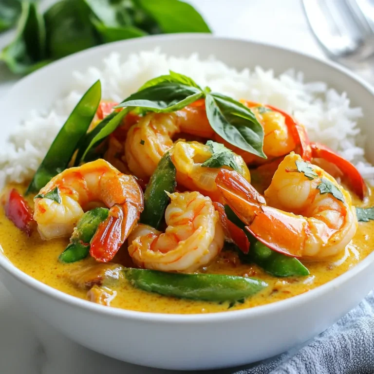 To make this tasty Thai Coconut Shrimp Curry, gather these items: - 1 pound large shrimp, peeled and deveined - 1 can (13.5 oz) coconut milk - 2 tablespoons red curry paste - 1 tablespoon fish sauce (or soy sauce for a vegetarian option) - 1 tablespoon brown sugar - 1 bell pepper, sliced (red or yellow for color) - 1 cup snap peas, trimmed - 1 small onion, thinly sliced - 3 cloves garlic, minced - 1 tablespoon ginger, grated - 2 tablespoons vegetable oil - Fresh basil leaves for garnish - Cooked jasmine rice for serving Using good quality brands can boost your dish. Here are some I recommend: - Coconut milk: Thai Kitchen or Aroy-D - Red curry paste: Maesri or Thai Kitchen - Fish sauce: Red Boat or Tiparos You can easily adapt this recipe for different diets: - For a vegetarian version, use soy sauce instead of fish sauce. - For a vegan option, stick with soy sauce and omit any shrimp. - You can swap shrimp with tofu or chickpeas for a protein boost. - Use any fresh vegetables you like, such as zucchini or broccoli. {{ingredient_image_1}} Start by heating 2 tablespoons of vegetable oil in a large skillet or wok over medium heat. Once the oil is hot, add 1 thinly sliced onion. Sauté the onion for 2-3 minutes until it turns soft and clear. This step builds the base flavor for your curry. Next, add 3 minced garlic cloves and 1 tablespoon of grated ginger to the skillet. Cook these for about 1 minute until they smell nice. Then, add 2 tablespoons of red curry paste. Mix this well with the onion and cook for 1-2 minutes. This lets the flavors blend together, making your curry rich and tasty. Now, pour in 1 can (13.5 oz) of coconut milk. Stir it well to combine with the curry paste. You’ll also add 1 tablespoon of fish sauce and 1 tablespoon of brown sugar. Mix until the sugar dissolves. Bring the mixture to a gentle simmer. Then, add 1 sliced bell pepper and 1 cup of snap peas. Cook these for about 5 minutes until they are soft but still crisp. Finally, add 1 pound of large shrimp to the skillet. Let them cook for 3-4 minutes until they turn pink and opaque. This step makes the dish hearty and full of flavor. To get the best flavor, use fresh ingredients. Fresh shrimp, garlic, and ginger make a big difference. The red curry paste is key, too. It gives the dish its bold taste. Don’t skip the fish sauce; it adds a salty depth. Balance the sweetness with brown sugar. This mix of flavors is what makes your curry pop. Cook shrimp until they turn pink and opaque. This usually takes just 3-4 minutes. If you overcook them, they can become tough. To check, cut one in half. It should be white all the way through. Adding shrimp at the right time is crucial. Add them after the veggies are tender for the best texture. If you like heat, add more red curry paste. Start with a little and taste as you go. You can also add fresh chili for extra kick. If it's too spicy, balance it with more coconut milk or brown sugar. This way, you can control the heat to suit your taste. Pro Tips Fresh Shrimp Selection: Always choose the freshest shrimp available. Look for shrimp that are firm to the touch and have a mild ocean scent. Customizing Spice Level: Adjust the amount of red curry paste according to your heat preference. Start with less and add more if desired. Vegetable Variations: Feel free to substitute or add your favorite vegetables like zucchini, carrots, or broccoli for added texture and flavor. Garnishing Tips: Fresh herbs elevate the dish! Consider adding cilantro or mint along with basil for a more aromatic finish. {{image_2}} You can easily make this dish vegetarian or vegan. Instead of shrimp, use tofu or tempeh. They soak up the flavors well. Replace fish sauce with soy sauce for a vegan twist. Try adding mushrooms for a rich texture. You can also add eggplant, zucchini, or carrots for extra flavor and nutrients. If you want to switch up the protein, chicken works great. Cut it into bite-sized pieces and cook it the same way as shrimp. You can also try using scallops or firm fish like salmon. Each protein gives a unique taste and texture. Just be sure to adjust cooking times to keep everything tender. Feel free to mix and match your veggies in this curry. Broccoli, green beans, or bok choy add nice crunch. You can also use sweet corn or baby corn for a hint of sweetness. For color, consider adding purple cabbage or carrots. The more veggies you use, the more vibrant and healthy your meal becomes! To keep your Thai coconut shrimp curry fresh, let it cool first. Store it in an airtight container. This helps lock in flavor and moisture. You can keep it in the fridge for up to three days. If you plan to eat it later, store it separately from the rice. This keeps both the curry and rice in good shape. When you're ready to enjoy your leftovers, reheat the curry gently. You can use the stove or microwave. If using the stove, pour the curry into a pan. Heat it on low, stirring often. If using a microwave, cover the bowl and heat it in short bursts. Stir after each burst until warm. Add a splash of water if it seems too thick. If you want to save some for later, you can freeze the curry. Use a freezer-safe container and leave some space at the top. The curry will expand when frozen. It can last up to three months in the freezer. To thaw, move it to the fridge overnight. Reheat as mentioned above for a tasty meal anytime. You can serve Thai Coconut Shrimp Curry with cooked jasmine rice. This rice soaks up the tasty sauce and makes each bite better. You can also add a side of fresh salad with cucumbers and lime for a crunchy contrast. If you like, serve it with crusty bread to dip into the curry sauce. To make your curry spicier, add more red curry paste. Start with one extra tablespoon and taste it. If you want more heat, try adding sliced fresh chili peppers. Thai bird's eye chili works well for a kick. You can also sprinkle some red pepper flakes for extra spice when serving. Yes, you can use frozen shrimp. Just make sure to thaw them before cooking. Place the shrimp in cold water for about 15 minutes to thaw quickly. Pat them dry and then add them to your curry. Frozen shrimp is a great option and still tastes delicious in this dish. This blog post covered key ingredients, step-by-step instructions, and helpful tips for Thai Coconut Shrimp Curry. You learned about best brands, smart substitutions, and options for variations. I shared ways to store leftovers and answered common questions to improve your cooking. In the end, this dish offers tasty flexibility for all diets. Make it your own and enjoy every bite!