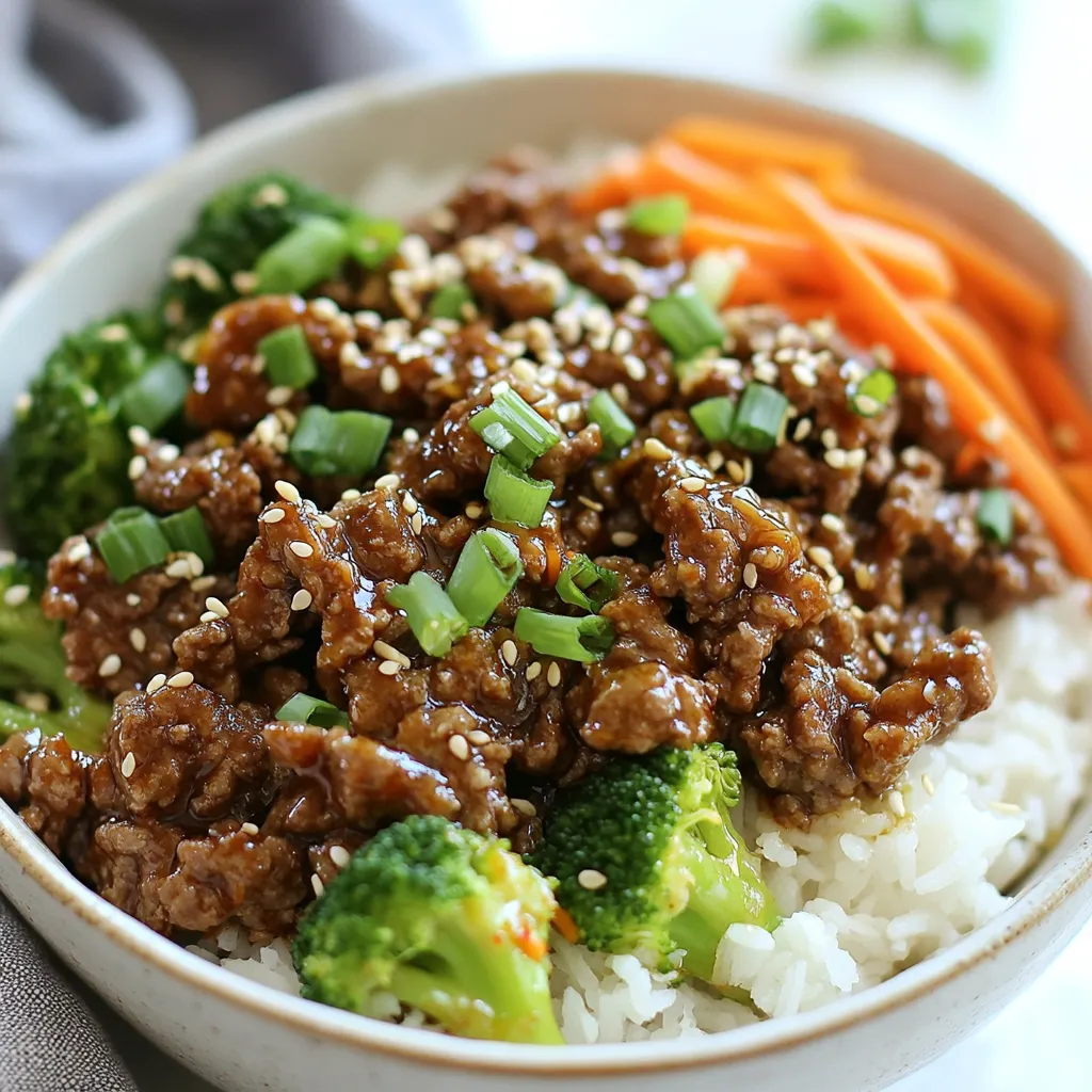For this dish, you will need the following main ingredients: - 1 lb (450g) ground beef - 2 tablespoons gochujang (Korean chili paste) - 2 tablespoons soy sauce - 1 tablespoon sesame oil - 1 tablespoon brown sugar - 3 cloves garlic, minced - 1-inch piece ginger, grated - 2 green onions, chopped (plus extra for garnish) - 1 medium carrot, julienned - 1 cup cooked jasmine rice - 1 cup broccoli florets These ingredients combine to create a tasty and spicy flavor. The ground beef is the star, while the gochujang adds heat. Soy sauce gives a savory kick, and sesame oil brings a nutty taste. Brown sugar balances the spice with sweetness. The condiments and seasonings are key to this recipe. The gochujang is essential for that authentic Korean flavor. Soy sauce adds saltiness and depth. Sesame oil enhances the aroma and richness. Garlic and ginger bring a fresh, zesty touch. Each of these ingredients works together to make the beef vibrant. Garnishes can elevate your dish. Here are some options: - Chopped green onions - Sesame seeds These add crunch and flavor. The green onions give freshness, while sesame seeds add a nice crunch. You can also add sliced radishes or cilantro for more color and taste. Feel free to get creative with your garnishes! {{ingredient_image_1}} Start by gathering all your ingredients. This makes cooking easy and fast. You'll need: - 1 lb (450g) ground beef - 2 tablespoons gochujang - 2 tablespoons soy sauce - 1 tablespoon sesame oil - 1 tablespoon brown sugar - 3 cloves garlic, minced - 1-inch piece ginger, grated - 2 green onions, chopped - 1 medium carrot, julienned - 1 cup cooked jasmine rice - 1 cup broccoli florets - Sesame seeds for garnish Next, chop the green onions and julienne the carrot. Grate the ginger and mince the garlic. This helps the flavors mix well. In a mixing bowl, combine the ground beef with gochujang, soy sauce, sesame oil, brown sugar, garlic, and ginger. Mix it all together until well blended. Next, heat a large skillet over medium-high heat. Add the marinated beef to the skillet. Cook it, breaking it apart with a spatula. This takes about 5 to 7 minutes. The beef should turn brown and be fully cooked. While the beef cooks, steam the broccoli florets for about 3 to 4 minutes. They should stay bright green and tender-crisp. After the beef is cooked, add the julienned carrots to the skillet. Stir-fry them for 2 to 3 minutes. They should soften but still have a nice crunch. Now, it's time to assemble your bowls! Start by dividing the cooked jasmine rice into serving bowls. Top each bowl with the spicy beef mixture and steamed broccoli. For a finishing touch, garnish each bowl with chopped green onions and a sprinkle of sesame seeds. Enjoy your colorful and tasty Spicy Korean Beef Bowls! To get the best flavor, always use fresh ingredients. The garlic and ginger should be freshly minced and grated. This adds a strong, bright taste. Gochujang is key for spice and depth. Don't skip it! Mix the ground beef well with the sauces. Let it marinate for at least 10 minutes. This helps the flavors blend nicely. Feel free to add more gochujang if you like it hot. Use a large skillet over medium-high heat. This allows the beef to cook evenly. Break the beef apart with a spatula as it cooks. This helps it brown nicely. Aim for 5-7 minutes of cooking time. Make sure there’s no pink left in the meat. For even better taste, let it sizzle a bit before stirring. This adds a nice crust to the beef. Make your bowls look colorful and fun! Start with a base of jasmine rice. Then, add the spicy beef mixture on top. Arrange the broccoli and carrots around the beef for color. Sprinkle chopped green onions and sesame seeds on top for a nice finish. For a playful touch, use short bamboo chopsticks across the bowl. This makes the dish inviting and pretty! Pro Tips Marinate for Flavor: For an extra depth of flavor, marinate the beef for at least 30 minutes before cooking. This allows the spices to penetrate the meat better. Vegetable Variations: Feel free to swap out the broccoli and carrots for your favorite vegetables, such as bell peppers or snap peas, to customize the dish to your taste. Rice Alternatives: If jasmine rice isn't available, try using brown rice or quinoa for a healthier whole grain option. Serving Suggestions: Serve with a side of kimchi for an authentic Korean touch, adding a tangy and spicy contrast to the dish. {{image_2}} You can swap beef for chicken or tofu. For chicken, use ground chicken. Cook it just like beef, using the same spices. For tofu, choose firm tofu. Crumble it up and cook until golden. Both options work well and add their own flavors. If you want a meatless meal, try lentils or mushrooms. Cook lentils until they are tender. Sauté mushrooms until they are brown and soft. Mix them with the same spices for a rich taste. These options are filling and tasty. You can serve Spicy Korean Beef Bowls with many sides. Try pickled vegetables for a crunchy contrast. A simple salad with sesame dressing can also be refreshing. For a heartier meal, add kimchi on the side. Each side enhances the flavors of the beef bowls. To keep your spicy Korean beef bowls fresh, store them in an airtight container. Place the bowls in the fridge. They will stay good for about 3-4 days. Make sure to separate the rice and beef if you can. This helps keep everything nice and fresh. When you're ready to enjoy your leftovers, use a microwave for quick reheating. Place the beef and rice in a microwave-safe dish. Cover it with a damp paper towel to keep moisture in. Heat in short bursts, about 30 seconds at a time, until hot. Stir halfway through to ensure even heating. You can also reheat it on the stove. Just use medium heat and add a splash of water to help steam it. If you want to save some for later, freezing is a great option. Allow the beef to cool completely before freezing. Place it in a freezer-safe container or bag. It will last for about 2-3 months in the freezer. When you’re ready to eat, thaw it in the fridge overnight. Then reheat it using the methods above. Just remember, the veggies might not be as crunchy after freezing. Gochujang is a Korean chili paste. It has a sweet and spicy taste. You can find it in most grocery stores. Look in the international aisle or Asian section. You can also order it online. Yes, you can prepare this dish in advance. You can cook the beef and veggies ahead of time. Store them in the fridge for up to three days. When you are ready to eat, just reheat it. This makes it easy for busy days. Yes, there is a gluten-free option. Use tamari instead of soy sauce. Tamari is a gluten-free soy sauce. Make sure to check the label on gochujang. Some brands may contain gluten. Always read the ingredients for safety. This blog post covered how to make tasty Spicy Korean Beef Bowls. We looked at key ingredients, cooking steps, and tips for better flavor. You learned how to store leftovers and even tweak the recipe. Whether you want chicken or tofu, there are many ways to enjoy this meal. In the end, these bowls are easy to make and taste great. Enjoying homemade meals can bring joy and flavor to your table.