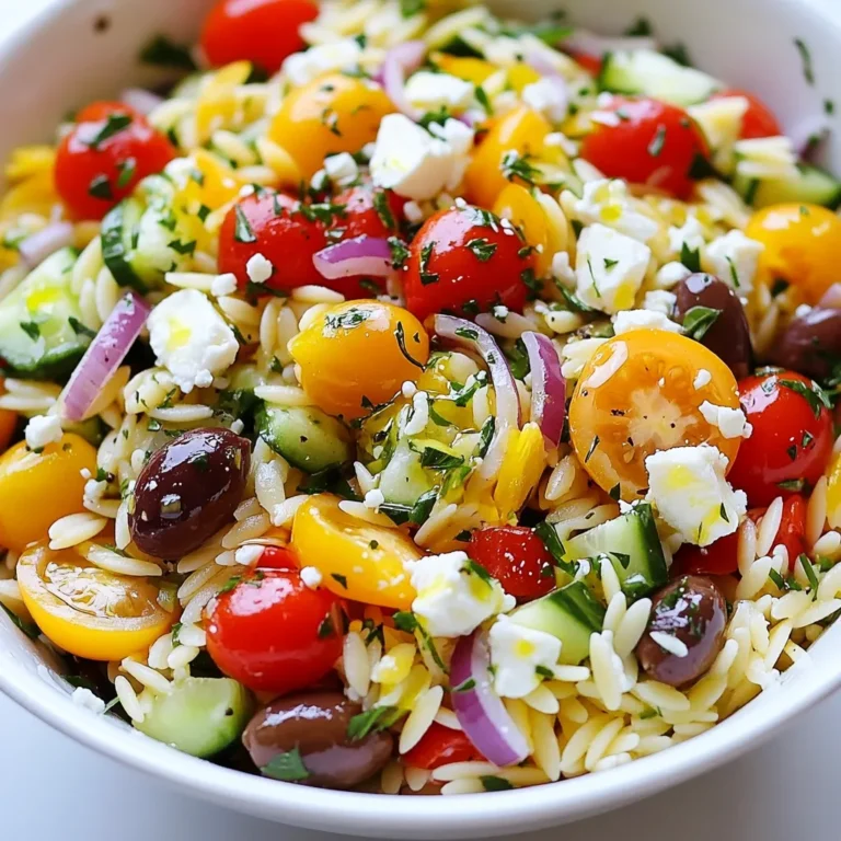 - 1 cup orzo pasta - 1 1/2 cups cherry tomatoes, halved - 1 cucumber, diced - 1 cup Kalamata olives, pitted and halved - 1/2 red onion, finely chopped - 1 cup feta cheese, crumbled - 1/3 cup extra virgin olive oil - 2 tablespoons red wine vinegar (or lemon juice for a twist) - 1 tablespoon fresh oregano, chopped (or 1 teaspoon dried) - 1 tablespoon fresh parsley, chopped - Salt and pepper to taste - Zest of 1 lemon Now, let’s dive into the tasty ingredients that make this salad a hit. First, I use orzo pasta, which is small and rice-like. It soaks up all the flavors well. Cherry tomatoes add a sweet burst. I slice them in half for easy eating. Then, I dice a fresh cucumber. It gives a nice crunch and freshness. Kalamata olives bring a briny bite. I always pit and halve them for a perfect mix. Next, I chop a half red onion finely. This step makes sure the onion flavor isn’t too strong. Feta cheese is must-have in this dish. I crumble it on top for a creamy finish. For the dressing, I whisk together extra virgin olive oil and red wine vinegar. You can also swap the vinegar for lemon juice if you want. I add lemon zest for a bright touch. Fresh herbs like oregano and parsley are key. They add depth and aroma. Finally, I season with salt and pepper to taste. Each ingredient plays a part in making this salad fresh and flavorful. {{ingredient_image_1}} To start, bring a large pot of salted water to a boil. Add one cup of orzo pasta. Cook it according to the package instructions until it is al dente. This usually takes about 8 to 10 minutes. When done, drain the orzo. Rinse it under cold water to stop the cooking process. This helps keep the orzo firm. Set it aside to cool completely. Now, let’s chop some fresh veggies. Take 1 and 1/2 cups of cherry tomatoes and slice them in half. Next, dice one cucumber into small pieces. Then, grab one cup of Kalamata olives, pit them, and cut them in half. Finally, finely chop half of a red onion. In a large mixing bowl, combine all these veggies and stir well. For the dressing, whisk together 1/3 cup of extra virgin olive oil and 2 tablespoons of red wine vinegar (or use lemon juice for a twist). Next, add the zest of one lemon, 1 tablespoon of fresh oregano, and 1 tablespoon of fresh parsley. Season the mix with salt and pepper. Keep whisking until everything is well combined. This dressing adds a bright, zesty flavor to your salad. Now it's time to bring everything together. Add the cooled orzo to the bowl with the fresh vegetables. Pour the zesty dressing over the salad. Toss gently until all ingredients are well coated. Then, carefully fold in one cup of crumbled feta cheese. Be gentle so the feta stays in nice chunks. Chilling is key for great flavor. Allow the salad to chill in the fridge for at least 30 minutes. This helps the flavors meld together. Toss the salad once more before serving. Enjoy the fresh, vibrant taste of your Zesty Greek Orzo Salad! To boost the flavor, try adjusting the salt and pepper. A pinch of smoked paprika adds a nice kick. You can also swap red wine vinegar for lemon juice for a fresher taste. If you like heat, a dash of red pepper flakes works well. This salad pairs beautifully with grilled chicken or fish. You can serve it alongside pita bread and hummus for a complete meal. For a lovely presentation, use a large, shallow dish. Sprinkle fresh herbs like parsley on top for color. If you want to prep in advance, cook the orzo and chop the veggies a day before. Store them separately in the fridge. Mix them right before serving to keep everything fresh. The salad stays good for up to three days in the fridge if you keep it covered. Pro Tips Cook Orzo Al Dente: Ensure the orzo is cooked al dente for a firm texture that holds up well in the salad. Use Fresh Herbs: Fresh oregano and parsley will elevate the flavor of the salad, making it more aromatic and vibrant. Chill for Flavor: Letting the salad chill for at least 30 minutes allows the flavors to meld beautifully, enhancing the overall taste. Customize Ingredients: Feel free to add other vegetables or proteins, like bell peppers or grilled chicken, to make it your own. {{image_2}} You can boost your Zesty Greek Orzo Salad by adding protein. Grilled chicken adds flavor and heartiness. Shrimp also works well and brings a nice touch. If you prefer plant-based options, chickpeas are an excellent choice. They add protein and fiber without meat. Make your salad shine with seasonal veggies. In summer, try bright bell peppers or fresh zucchini. In fall, roasted root vegetables add depth. You can also tweak the dressing. Use fresh herbs like basil in summer or thyme in spring. This keeps your salad fresh and exciting all year round. If you need a gluten-free option, seek gluten-free orzo. Many brands now offer rice-based or corn-based varieties. For vegan diets, swap feta cheese with crumbled tofu or a plant-based cheese. This keeps the salad creamy while fitting your dietary needs. To store your Zesty Greek Orzo Salad, use an airtight container. Glass or plastic containers work well. Make sure to seal the lid tightly. This keeps the salad fresh and prevents strong odors from other foods in the fridge. You can store the salad in the fridge for up to three days. After that, the veggies may start to get mushy. You can freeze orzo salad, but it may change a bit. To freeze, place it in a freezer-safe container. Leave some space at the top since it will expand. When you want to eat it, thaw the salad in the fridge overnight. This helps keep the flavors. Be aware that freezing may make the veggies softer. The feta cheese might also lose some of its creaminess. Zesty Greek Orzo Salad can last about 3 to 5 days in the fridge. To keep it fresh, store it in an airtight container. Make sure to seal it well to keep moisture out. If you notice any change in smell or color, it’s best to throw it away. To extend freshness, consider adding the feta cheese just before serving. This keeps it from becoming mushy and helps the salad taste bright and fresh. Yes, you can use other types of pasta! Orzo is a small rice-shaped pasta that absorbs flavors well. If you want to switch it up, try using small shapes like ditalini or farfalle. These shapes will still hold the dressing and mix well with the veggies. However, larger pasta shapes may not blend as nicely with the small ingredients. Keep in mind that cooking times may vary for different pasta types. No, traditional orzo is not gluten-free. However, there are gluten-free orzo options made from rice or corn. These can substitute regular orzo in your salad. Additionally, you can use gluten-free pasta shapes like quinoa or brown rice pasta. These options will taste great and keep your salad gluten-free without losing flavor or texture. Absolutely! To make the salad vegan, simply leave out the feta cheese. You can replace it with vegan feta or omit it altogether. For a creamy touch, you might add mashed avocado or a dollop of cashew cream. These options add richness without dairy. Ensure your dressing is also vegan by using lemon juice instead of red wine vinegar, if preferred. In this blog post, we explored the delicious Zesty Greek Orzo Salad. We covered the key ingredients, step-by-step instructions, and tips for making it perfect. You can enhance the salad with protein, use seasonal veggies, and adapt it for dietary needs. Remember to store leftovers properly and consider freezing for later. Enjoy this fresh, vibrant dish that’s easy to make and packed with flavor. Whether you serve it at dinner or bring it to a gathering, this salad is sure to impress. Dive in and enjoy every bite!
