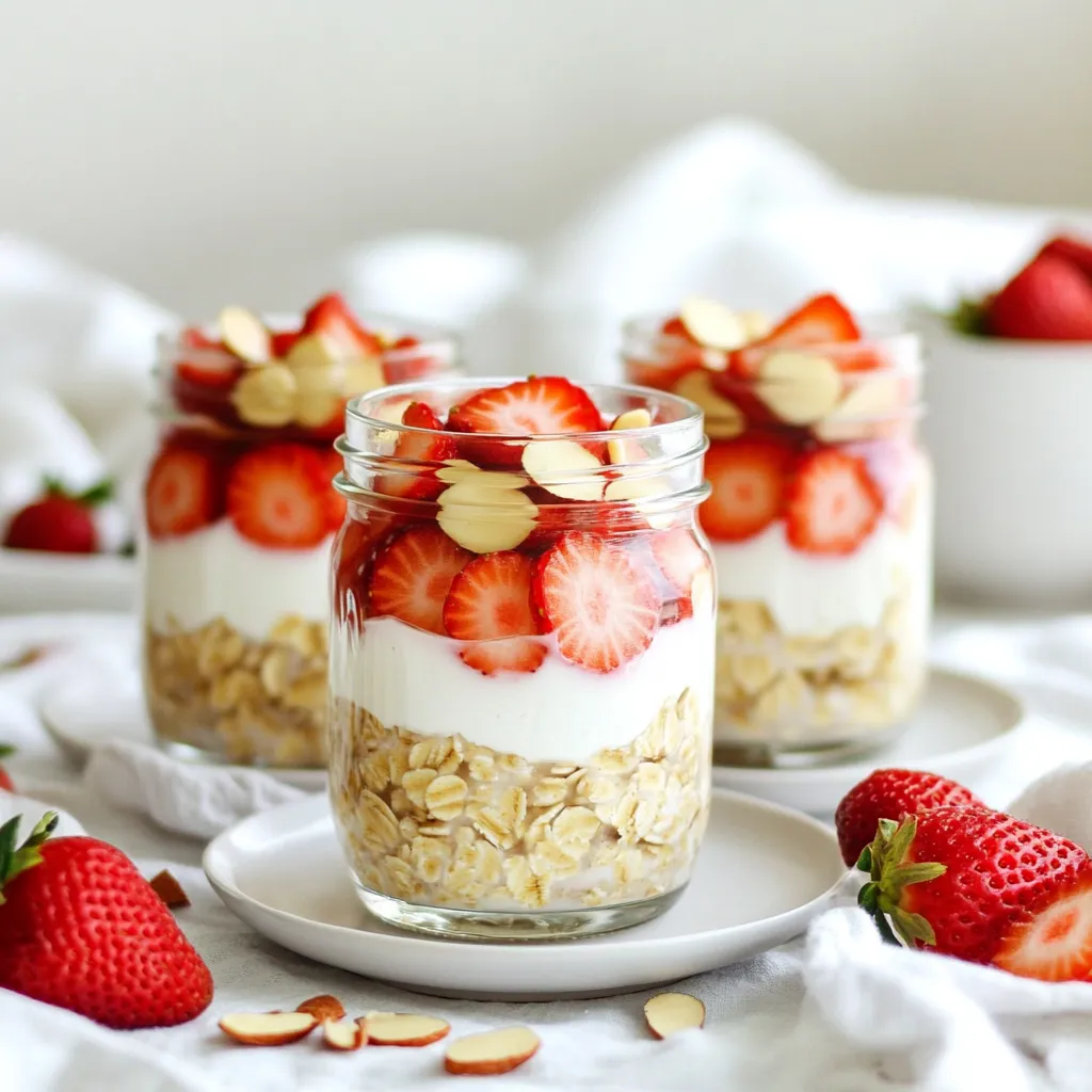 To make strawberry shortcake overnight oats, you need a few key items: - 1 cup rolled oats - 1 ½ cups almond milk (or any milk of choice) - 1 cup chopped fresh strawberries - 3 tablespoons maple syrup (or honey) - ½ teaspoon vanilla extract - ½ teaspoon almond extract - ¼ cup Greek yogurt (or dairy-free yogurt) These ingredients work together to create creamy, sweet, and fruity oats. The oats soak up the milk overnight, making them soft and ready to eat. If you want to make some swaps for a healthier version, consider these: - Use low-fat milk or nut milk instead of almond milk. - Replace maple syrup with mashed banana for natural sweetness. - Choose plain yogurt instead of flavored for less sugar. - Swap sliced almonds for walnuts or pumpkin seeds for added nutrients. These options help you keep the taste while making it a bit healthier. To make your oats even more special, try some tasty toppings: - Sliced almonds for crunch - Fresh strawberry slices for extra flavor - A dollop of whipped cream for a treat - A sprinkle of cinnamon for warmth These toppings add texture and flavor, making each bite delightful. Enjoy your strawberry shortcake overnight oats with these simple yet delicious touches! Start by grabbing a mixing bowl. Pour in 1 cup of rolled oats. Next, add 1 ½ cups of almond milk. Stir well to soak all the oats. This step helps the oats soften. Now, add 3 tablespoons of maple syrup. You can use honey if you prefer. Then add ½ teaspoon of vanilla extract and ½ teaspoon of almond extract. Mix until all is well combined. Gently fold in 1 cup of chopped fresh strawberries. Save a few slices for later. This adds fruity flavor and makes it pretty. Divide the oat mixture into two mason jars. Make sure to spread it evenly. On top of each jar, add ¼ cup of Greek yogurt. You can swirl it into the oats for a creamy texture. Seal the jars tightly. Place them in the fridge for at least 4 hours or overnight. This lets the oats soak up all the flavors. The longer they sit, the better they taste! When morning comes, take the jars out of the fridge. Give the oats a good stir. If they seem too thick, add a splash of milk to loosen them. Now, top each jar with the reserved strawberry slices. Sprinkle 2 tablespoons of sliced almonds over the top. If you want to treat yourself, add a dollop of whipped cream for extra fun! Enjoy your tasty and easy Strawberry Shortcake Overnight Oats! To get creamy oats, use rolled oats. They soak up the liquid well. Combine oats with almond milk and let them sit. Stir them well to ensure full coverage. This helps them absorb the flavors overnight. If you like thicker oats, cut back on the milk a bit. For creamier oats, add more yogurt. The base of this recipe gives you room to play. Maple syrup adds a nice sweetness. You can swap it for honey if you prefer. Taste your mixture before refrigerating it. This way, you can adjust the sweetness. Add a pinch of salt or cinnamon for extra flavor. A bit of lemon zest can brighten the taste too. Strawberries are great, but don’t stop there! Try blueberries, peaches, or bananas. Each fruit brings its own taste. Use what’s fresh and in season for the best flavor. You can mix fruits for a fun twist. Just remember to cut them into small pieces. This makes it easier to eat and enjoy every bite. {{image_2}} To make this dish dairy-free, simply swap Greek yogurt for a dairy-free yogurt. You can use coconut yogurt for a creamy texture. You can also replace almond milk with oat milk, soy milk, or any other milk you like. This option tastes just as great and keeps the oats light and fluffy. If you love chocolate, add cocoa powder to the oat mixture. Just 1-2 tablespoons will do the trick. Mix it in with the rolled oats and liquids for a rich flavor. You can also top the oats with chocolate shavings or dark chocolate chips. This twist makes a tasty dessert for breakfast. Want to pack in more protein? Stir in a tablespoon of your favorite nut butter. Almond or peanut butter works well. This addition makes the oats creamier and more filling. It also gives a nice nutty taste that pairs perfectly with the strawberries. Store your strawberry shortcake overnight oats in airtight jars. This keeps them fresh and tasty. Place them in the fridge right after you prepare them. They will stay good for up to 3 days. Always check for any signs of spoilage before eating. You can freeze your oats if you want to keep them longer. Just make sure to use freezer-safe containers. Leave some space in the jar for expansion. They can last up to 2 months in the freezer. To enjoy them later, thaw them overnight in the fridge. If your oats seem too thick after storage, add a splash of milk. Stir well to mix it in. You can also add more fresh strawberries or yogurt for extra flavor. This will make them taste just as good as when you first made them! Yes, you can use frozen strawberries. They work well in overnight oats. Just thaw them before adding. They will still add flavor and sweetness. However, fresh strawberries offer a better texture. If you prefer, mix fresh and frozen for a fun twist. Overnight oats can last up to five days in the fridge. Make sure to store them in airtight containers. Keep an eye on the texture. If they seem too mushy, it’s best to eat them right away. Enjoy them within the first few days for the best taste. Absolutely! Overnight oats are perfect for meal prep. You can make several jars at once. Just follow the recipe and store them in the fridge. This way, you have breakfast ready for the week. It saves time and keeps you on track. In this blog post, we explored how to make delicious strawberry shortcake overnight oats. We covered essential ingredients, different variations, and tips for perfect texture. You can customize these oats with healthier options or seasonal fruits. Remember, you can store leftovers in the fridge or even freeze them. By trying this recipe, you’ll enjoy a tasty and nourishing breakfast. Enjoy the simplicity and flavor in every bite!