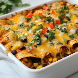 - 2 cups cooked shredded chicken or black beans - 2 cups enchilada sauce (store-bought or homemade) - 1 can (15 oz) black beans, rinsed and drained - 1 can (15 oz) corn, drained - 3 cups tortillas, cut into strips - 2 cups shredded cheddar cheese - 1 cup diced bell peppers (red and green) - 1 cup diced onion - 1 teaspoon ground cumin - 1 teaspoon chili powder - Salt and pepper to taste - Fresh cilantro for garnish (optional) Gathering these ingredients makes your Cheesy Enchilada Casserole a breeze. You can choose cooked shredded chicken or black beans based on your taste. The black beans add a rich, earthy flavor. Using both enchilada sauce and the beans gives a nice depth of taste. I like to use a mix of red and green bell peppers. They add color and a sweet crunch. Diced onion brings a lovely aroma, making your kitchen smell amazing. The key spices, cumin and chili powder, boost the flavor. Don't forget salt and pepper! They help bring everything together. Lastly, fresh cilantro offers a pop of brightness when you serve. This dish is packed with flavor and feels like a warm hug on a plate. {{ingredient_image_1}} - Preheat oven to 350°F (175°C). - In a large bowl, combine 2 cups of cooked shredded chicken (or black beans), 1 can of black beans, 1 can of corn, 1 cup of diced bell peppers, 1 cup of diced onion, 1 teaspoon of ground cumin, 1 teaspoon of chili powder, and add salt and pepper to taste. Mix well. - Spread a thin layer of enchilada sauce across the bottom of a 9x13 inch baking dish. - Place a portion of tortilla strips over the sauce. Next, add half of the chicken and bean mixture and pour a third of the enchilada sauce over that. Sprinkle 1 cup of shredded cheese on top. - Repeat the layering: more tortilla strips, the rest of the chicken and bean mixture, more enchilada sauce, and the last cup of cheese. - Cover the casserole with aluminum foil and bake for 25 minutes. - After 25 minutes, remove the foil and bake for another 10-15 minutes. Bake until the cheese is bubbly and golden brown. Remove from the oven and let it cool for 5 minutes before serving. To get the best texture, cook your ingredients before layering. This step helps blend flavors and ensures tenderness. For example, sauté the onions and peppers to soften them. It makes a big difference! One common issue is soggy tortillas. To avoid this, make sure your tortillas are not too wet. If you use store-bought tortillas, let them dry out a bit. This keeps them from getting mushy in the oven. Cheesy Enchilada Casserole pairs well with sides like rice or a fresh salad. The rice adds a nice texture, while the salad brings a crisp bite. For garnishes, fresh cilantro is a great choice. It adds a pop of color and flavor. You can also top it with sour cream or sliced jalapeños for extra zing. One mistake is under or over seasoning your dish. Make sure to taste as you go and adjust salt and spices as needed. This ensures a well-balanced flavor. Another mistake is layering incorrectly. Always start with sauce, then tortillas, and finish with cheese on top. This helps everything cook evenly and keeps the cheese from burning. Getting these layers right will give you a delicious, cheesy casserole every time! Pro Tips Use Homemade Enchilada Sauce: Making your own enchilada sauce can elevate the flavor of the casserole significantly. Plus, you can control the spice level! Layering Technique: Ensure each layer is evenly distributed for consistent flavor and texture throughout the casserole. Don't skip the sauce between layers! Cheese Variations: Feel free to mix different types of cheese like Monterey Jack or pepper jack to add depth and a spicy kick to your casserole. Make Ahead: This casserole can be assembled ahead of time and stored in the refrigerator. Just add a few extra minutes to the baking time when you’re ready to cook it. {{image_2}} You can easily make this dish meat-free. Start by using black beans or lentils instead of chicken. Both options add protein and flavor. Adding extra vegetables like zucchini, spinach, or mushrooms can boost nutrition and taste. The more veggies, the better! If you prefer meat, consider using ground beef, turkey, or even shredded pork. Each option brings its own unique flavor. For a plant-based choice, you can substitute with tofu. Just crumble it into the filling mix for a hearty bite. Cheese lovers have many choices! While cheddar is a classic, you can try Monterey Jack or pepper jack for a twist. If you're lactose intolerant, there are great dairy-free cheese options available. Look for brands that melt well, so you still get that gooey goodness. After you enjoy your Cheesy Enchilada Casserole, store the leftovers properly. First, let the casserole cool completely. Then, place it in an airtight container. You can also cover it tightly with plastic wrap or aluminum foil. This keeps the flavors fresh. If you want to freeze the casserole, do it before baking. Assemble the layers as directed but skip the baking step. Cover the dish tightly with plastic wrap and then with foil. This prevents freezer burn. When you are ready to eat, let it thaw in the fridge overnight. Then, bake at 350°F (175°C) for about 35-40 minutes. In the fridge, the casserole lasts for about 3-4 days. If you freeze it, it can stay good for up to 3 months. Just remember to label your containers with the date. This way, you always know how long it has been stored. Yes, you can make this dish ahead of time. To do this, prepare the casserole as usual. Do not bake it right away. Instead, cover it with foil and place it in the fridge. This way, the flavors can blend overnight. When you're ready to bake, just add about 10 extra minutes to the baking time. This ensures everything heats up nicely. Making your own enchilada sauce is easy! Here’s a quick recipe: - 2 tablespoons olive oil - 2 tablespoons chili powder - 1 teaspoon ground cumin - 1 can (15 oz) tomato sauce - 1 cup water - Salt to taste 1. Heat olive oil in a pot over medium heat. 2. Add chili powder and cumin. Stir for 1 minute. 3. Pour in tomato sauce and water. Mix well. 4. Add salt to taste and let simmer for 10 minutes. This quick sauce adds a fresh touch to your casserole. If you need alternatives to tortillas, try these options: - Corn tortillas: A classic choice for flavor. - Zucchini slices: For a low-carb option, use thin slices of zucchini. - Cauliflower rice: This adds a nice base and is gluten-free. - Lettuce leaves: Use them for a fresh, crunchy layer. These options keep the dish tasty while meeting different dietary needs. This blog post covered how to make a tasty Cheesy Enchilada Casserole. We discussed the ingredients you'll need and the step-by-step process to prepare it. I shared tips to perfect the dish and offered variations for different tastes. Proper storage guidelines also help you enjoy leftovers. In closing, this casserole is easy and fun to make. It’s versatile, so you can change it to fit your needs. Enjoy your cooking adventure with this delicious meal!
