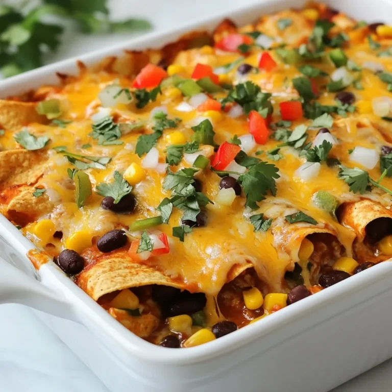 - 2 cups cooked shredded chicken or black beans - 2 cups enchilada sauce (store-bought or homemade) - 1 can (15 oz) black beans, rinsed and drained - 1 can (15 oz) corn, drained - 3 cups tortillas, cut into strips - 2 cups shredded cheddar cheese - 1 cup diced bell peppers (red and green) - 1 cup diced onion - 1 teaspoon ground cumin - 1 teaspoon chili powder - Salt and pepper to taste - Fresh cilantro for garnish (optional) Gathering these ingredients makes your Cheesy Enchilada Casserole a breeze. You can choose cooked shredded chicken or black beans based on your taste. The black beans add a rich, earthy flavor. Using both enchilada sauce and the beans gives a nice depth of taste. I like to use a mix of red and green bell peppers. They add color and a sweet crunch. Diced onion brings a lovely aroma, making your kitchen smell amazing. The key spices, cumin and chili powder, boost the flavor. Don't forget salt and pepper! They help bring everything together. Lastly, fresh cilantro offers a pop of brightness when you serve. This dish is packed with flavor and feels like a warm hug on a plate. {{ingredient_image_1}} - Preheat oven to 350°F (175°C). - In a large bowl, combine 2 cups of cooked shredded chicken (or black beans), 1 can of black beans, 1 can of corn, 1 cup of diced bell peppers, 1 cup of diced onion, 1 teaspoon of ground cumin, 1 teaspoon of chili powder, and add salt and pepper to taste. Mix well. - Spread a thin layer of enchilada sauce across the bottom of a 9x13 inch baking dish. - Place a portion of tortilla strips over the sauce. Next, add half of the chicken and bean mixture and pour a third of the enchilada sauce over that. Sprinkle 1 cup of shredded cheese on top. - Repeat the layering: more tortilla strips, the rest of the chicken and bean mixture, more enchilada sauce, and the last cup of cheese. - Cover the casserole with aluminum foil and bake for 25 minutes. - After 25 minutes, remove the foil and bake for another 10-15 minutes. Bake until the cheese is bubbly and golden brown. Remove from the oven and let it cool for 5 minutes before serving. To get the best texture, cook your ingredients before layering. This step helps blend flavors and ensures tenderness. For example, sauté the onions and peppers to soften them. It makes a big difference! One common issue is soggy tortillas. To avoid this, make sure your tortillas are not too wet. If you use store-bought tortillas, let them dry out a bit. This keeps them from getting mushy in the oven. Cheesy Enchilada Casserole pairs well with sides like rice or a fresh salad. The rice adds a nice texture, while the salad brings a crisp bite. For garnishes, fresh cilantro is a great choice. It adds a pop of color and flavor. You can also top it with sour cream or sliced jalapeños for extra zing. One mistake is under or over seasoning your dish. Make sure to taste as you go and adjust salt and spices as needed. This ensures a well-balanced flavor. Another mistake is layering incorrectly. Always start with sauce, then tortillas, and finish with cheese on top. This helps everything cook evenly and keeps the cheese from burning. Getting these layers right will give you a delicious, cheesy casserole every time! Pro Tips Use Homemade Enchilada Sauce: Making your own enchilada sauce can elevate the flavor of the casserole significantly. Plus, you can control the spice level! Layering Technique: Ensure each layer is evenly distributed for consistent flavor and texture throughout the casserole. Don't skip the sauce between layers! Cheese Variations: Feel free to mix different types of cheese like Monterey Jack or pepper jack to add depth and a spicy kick to your casserole. Make Ahead: This casserole can be assembled ahead of time and stored in the refrigerator. Just add a few extra minutes to the baking time when you’re ready to cook it. {{image_2}} You can easily make this dish meat-free. Start by using black beans or lentils instead of chicken. Both options add protein and flavor. Adding extra vegetables like zucchini, spinach, or mushrooms can boost nutrition and taste. The more veggies, the better! If you prefer meat, consider using ground beef, turkey, or even shredded pork. Each option brings its own unique flavor. For a plant-based choice, you can substitute with tofu. Just crumble it into the filling mix for a hearty bite. Cheese lovers have many choices! While cheddar is a classic, you can try Monterey Jack or pepper jack for a twist. If you're lactose intolerant, there are great dairy-free cheese options available. Look for brands that melt well, so you still get that gooey goodness. After you enjoy your Cheesy Enchilada Casserole, store the leftovers properly. First, let the casserole cool completely. Then, place it in an airtight container. You can also cover it tightly with plastic wrap or aluminum foil. This keeps the flavors fresh. If you want to freeze the casserole, do it before baking. Assemble the layers as directed but skip the baking step. Cover the dish tightly with plastic wrap and then with foil. This prevents freezer burn. When you are ready to eat, let it thaw in the fridge overnight. Then, bake at 350°F (175°C) for about 35-40 minutes. In the fridge, the casserole lasts for about 3-4 days. If you freeze it, it can stay good for up to 3 months. Just remember to label your containers with the date. This way, you always know how long it has been stored. Yes, you can make this dish ahead of time. To do this, prepare the casserole as usual. Do not bake it right away. Instead, cover it with foil and place it in the fridge. This way, the flavors can blend overnight. When you're ready to bake, just add about 10 extra minutes to the baking time. This ensures everything heats up nicely. Making your own enchilada sauce is easy! Here’s a quick recipe: - 2 tablespoons olive oil - 2 tablespoons chili powder - 1 teaspoon ground cumin - 1 can (15 oz) tomato sauce - 1 cup water - Salt to taste 1. Heat olive oil in a pot over medium heat. 2. Add chili powder and cumin. Stir for 1 minute. 3. Pour in tomato sauce and water. Mix well. 4. Add salt to taste and let simmer for 10 minutes. This quick sauce adds a fresh touch to your casserole. If you need alternatives to tortillas, try these options: - Corn tortillas: A classic choice for flavor. - Zucchini slices: For a low-carb option, use thin slices of zucchini. - Cauliflower rice: This adds a nice base and is gluten-free. - Lettuce leaves: Use them for a fresh, crunchy layer. These options keep the dish tasty while meeting different dietary needs. This blog post covered how to make a tasty Cheesy Enchilada Casserole. We discussed the ingredients you'll need and the step-by-step process to prepare it. I shared tips to perfect the dish and offered variations for different tastes. Proper storage guidelines also help you enjoy leftovers. In closing, this casserole is easy and fun to make. It’s versatile, so you can change it to fit your needs. Enjoy your cooking adventure with this delicious meal!
