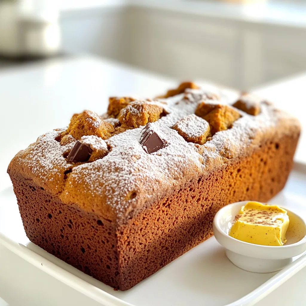 To make chai spiced pumpkin bread, you need some key ingredients. Here’s what you will need: - 1 cup canned pumpkin puree - 1/2 cup vegetable oil - 1/2 cup brown sugar - 1/2 cup granulated sugar - 3 large eggs - 1 3/4 cups all-purpose flour - 1 teaspoon baking powder - 1/2 teaspoon baking soda - 1/2 teaspoon salt - 1 teaspoon ground cinnamon - 1/2 teaspoon ground ginger - 1/4 teaspoon ground nutmeg - 1/4 teaspoon ground cardamom - 1/4 teaspoon ground cloves These ingredients make the bread moist and flavorful. The pumpkin puree adds a rich texture, while the spices give it that warm chai flavor. You can make your chai spiced pumpkin bread even better with some add-ins. Consider these options: - 1/2 cup chopped walnuts or pecans - 1/2 cup chocolate chips These add-ins provide a nice crunch or sweetness. Feel free to mix and match based on your taste. If you want a vegan or gluten-free version, you can still enjoy this recipe. Here are simple swaps: - For eggs, use 1/4 cup applesauce for each egg. - Substitute all-purpose flour with an equal amount of gluten-free flour blend. These changes keep the bread tasty while meeting dietary needs. Enjoy your baking! First, set your oven to 350°F (175°C). This step is key for baking. Next, take a 9x5 inch loaf pan and grease it well. This helps the bread slide out easily later. In a large bowl, combine 1 cup of canned pumpkin puree, 1/2 cup of vegetable oil, 1/2 cup of brown sugar, and 1/2 cup of granulated sugar. Mix these until they blend smoothly. This creates a rich base for your bread. Now, add 3 large eggs, one at a time. Mix well after each egg. This makes your batter fluffy and light. In another bowl, whisk together the dry ingredients. You’ll need 1 3/4 cups of all-purpose flour, 1 tsp of baking powder, 1/2 tsp of baking soda, and 1/2 tsp of salt. Then, add 1 tsp of ground cinnamon, 1/2 tsp of ground ginger, 1/4 tsp each of ground nutmeg, ground cardamom, and ground cloves. Whisk until everything is even. This blend gives the bread its chai spice flavor. Gradually add this dry mix to the wet ingredients. Stir gently until just combined. Avoid overmixing as it can make the bread tough. Now, you’re ready to fold in any optional add-ins. You can add 1/2 cup of chopped walnuts or pecans, and 1/2 cup of chocolate chips for extra flavor. Pour the batter into your greased loaf pan. Use a spatula to smooth the top. Then, place the pan into the oven. Bake for about 55-60 minutes. Check if it’s done by inserting a toothpick into the center. If it comes out clean, it’s ready. After baking, let the bread cool in the pan for 10 minutes. Then, transfer it to a wire rack to cool completely. Enjoy the delightful aroma filling your kitchen! To get soft and moist chai spiced pumpkin bread, use canned pumpkin puree. It has the right moisture. Mix the wet ingredients well. This helps the sugars and oil blend evenly. Don't overmix the batter. Stir until just combined for the fluffiest bread. One mistake is using too much flour. It can make the bread dense. Always measure flour correctly. Use a spoon to scoop flour into your measuring cup. Level it off with a knife. Another mistake is not greasing the pan well. This can cause your bread to stick. Always grease the pan before pouring in the batter. To check if your bread is done, insert a toothpick into the center. If it comes out clean, your bread is ready. If it has batter on it, bake for a few more minutes. Let it cool in the pan for about ten minutes. This helps it firm up before you take it out. {{image_2}} You can customize your chai spiced pumpkin bread by adding nuts and fruits. Chopped walnuts or pecans add a nice crunch. If you want a fruity twist, try adding raisins or chopped apples. These additions bring flavor and texture. Just fold them into the batter before baking. Spices are the heart of this recipe. You can mix and match to create new tastes. For a spicier kick, add more ginger or a dash of cayenne. If you love sweetness, consider a hint of allspice or vanilla. Each spice changes the flavor profile, making it fun to experiment! The right topping can elevate your bread. You might enjoy a simple glaze made from powdered sugar and milk. Drizzle it on top after the bread cools. For a richer option, cream cheese frosting pairs well with the pumpkin flavor. Just spread it on each slice when serving for a yummy treat! To keep your Chai Spiced Pumpkin Bread fresh, wrap it in plastic wrap. Place it in an airtight container or a resealable bag. Store it at room temperature for up to three days. If you want it to last longer, put it in the fridge. Just remember, the texture may change a bit. Freezing is a great way to save your bread for later. First, let the bread cool completely. Once cool, wrap it tightly in plastic wrap. Then, place it in a freezer-safe bag. You can freeze it for up to three months. When you’re ready to eat it, just thaw it overnight in the fridge. To reheat your bread, preheat your oven to 350°F (175°C). Unwrap the bread and place it on a baking sheet. Heat it for about 10-15 minutes. This will help keep it moist and warm. You can also slice it and toast it in a toaster. Enjoy your delicious bread! Yes, you can use fresh pumpkin. Start by cooking the pumpkin. Cut it in half and remove the seeds. Roast it in the oven until soft. After cooling, scoop the flesh out. Blend it until smooth. Use this puree in place of canned pumpkin. It adds a fresh taste to your bread. To make this recipe dairy-free, swap the vegetable oil with a plant-based oil. You can use coconut oil or canola oil. Ensure your sugar is free from bone char. Most granulated sugars are fine. So, you can enjoy this treat without any dairy. Serve the bread warm or at room temperature. Dust the top with powdered sugar for a sweet touch. Slice it and arrange on a wooden board. Pair it with spiced butter for extra flavor. You can also enjoy it with coffee or tea. This makes for a cozy snack or dessert. In this post, I shared how to make Chai Spiced Pumpkin Bread. We covered what ingredients to use and what add-ins boost flavor. You learned how to prep the batter and bake it to perfection. I also shared tips to avoid common mistakes and ways to check if it’s done. Lastly, we explored storage methods and answered some common questions. Chai Spiced Pumpkin Bread is simple and fun to make. Enjoy experimenting with different flavors and share your tasty results!