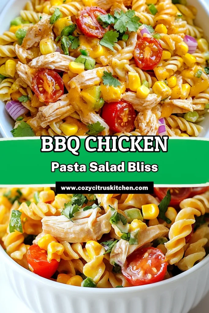 Beat the heat this summer with a delicious BBQ chicken pasta salad! This easy BBQ pasta salad features rotini pasta, shredded chicken, and a burst of fresh flavors from cherry tomatoes and green bell pepper. Tossed in a creamy BBQ and ranch dressing, it’s a perfect summertime pasta salad recipe. Quick to prepare, it's an ideal dish for picnics or family gatherings. Save this BBQ chicken pasta salad recipe for your next cookout! #PastaSalad #BBQChicken #SummerRecipes #EasyRecipes