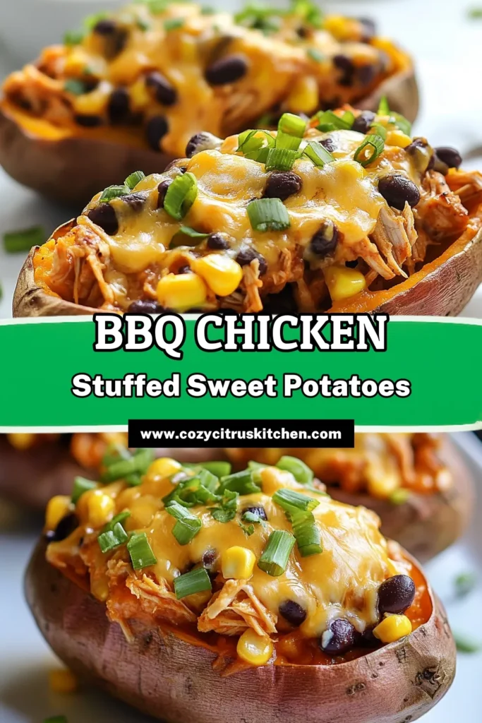 Discover the delicious world of BBQ chicken stuffed sweet potatoes! This easy sweet potato dinner idea combines tender sweet potatoes with shredded chicken, barbecue sauce, corn, and black beans for a healthy meal that's packed with flavor. Perfect for busy weeknights, this recipe is a must-try among stuffed sweet potato recipes. Elevate your dinner game with this tasty barbecue chicken recipe! Save and share today! #BBQChicken #HealthyMeals #SweetPotatoRecipes #DinnerIdeas