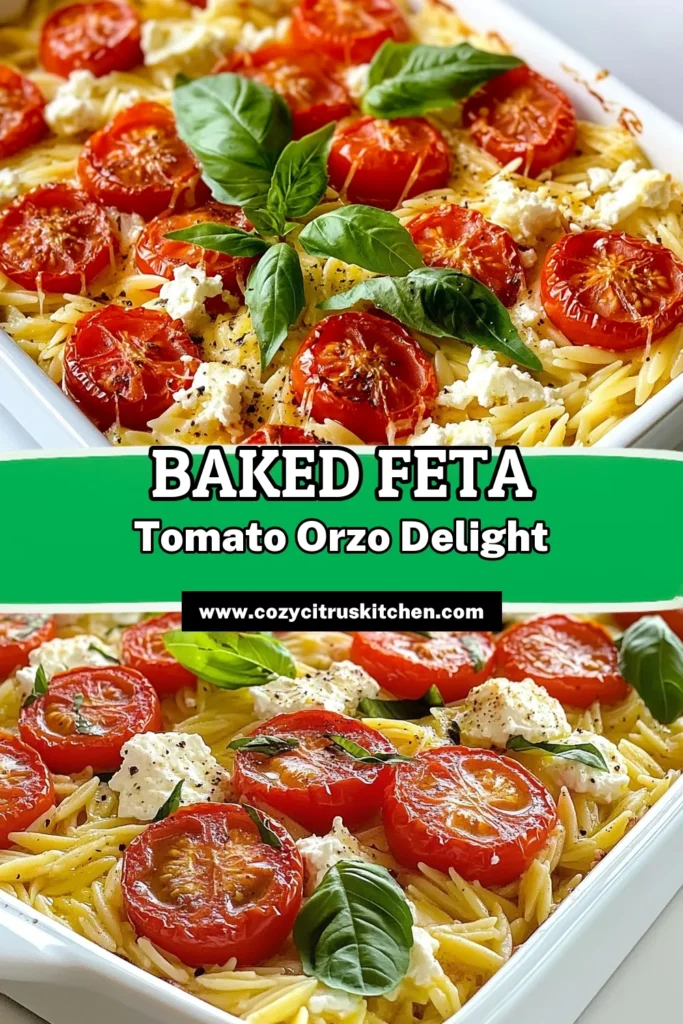 Discover the deliciousness of this Feta Tomato Orzo Bake, a perfect dish for any occasion. This easy orzo recipe features baked feta pasta combined with juicy cherry tomatoes in a satisfying vegetarian pasta bake. Enjoy the vibrant flavors of this cherry tomato orzo casserole that’s as simple to make as it is tasty. Try it now and make mealtime memorable! Save this recipe for later! #FetaTomatoOrzoBake #EasyOrzoRecipes #VegetarianPastaBake #CherryTomatoOrzoCasserole