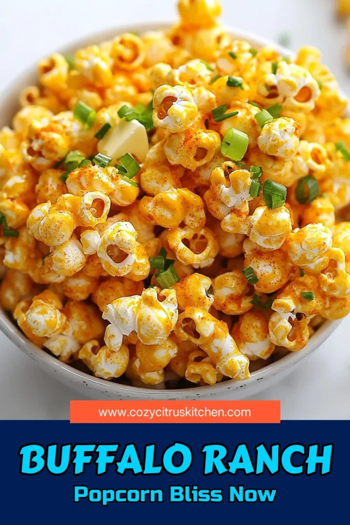 Looking for a delicious snack? Try this Buffalo Ranch Popcorn recipe! This spicy popcorn snack combines homemade popcorn seasoning with buffalo sauce for an irresistible treat. Perfect for movie nights or parties, it's easy to make and bursting with flavor. Elevate your popcorn with ranch flavored popcorn and a kick of spice. Give it a try and save this recipe for later! #BuffaloRanch #PopcornRecipe #SpicySnacks #HomemadeSeasoning