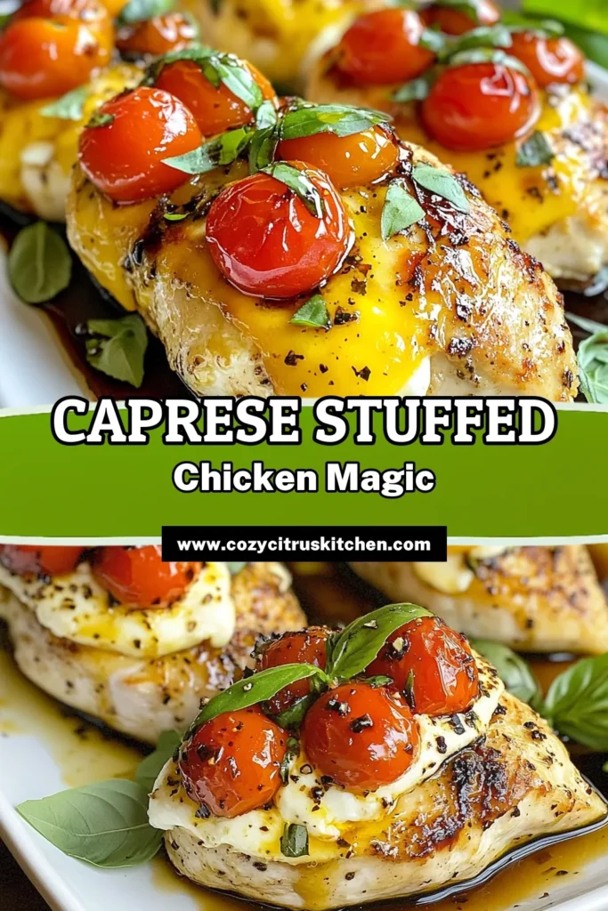 Discover the delicious flavors of Caprese stuffed chicken with this easy mozzarella stuffed chicken recipe. Featuring baked chicken with tomatoes and basil, this dish blends fresh ingredients for a mouthwatering meal. Perfect for busy nights, this easy stuffed chicken breast comes together quickly and impresses every time. Don’t miss out on this savory chicken breast recipe with balsamic glaze. Try it today! #CapreseStuffedChicken #EasyChickenRecipes #StuffedChickenBreast #BalsamicGlaze