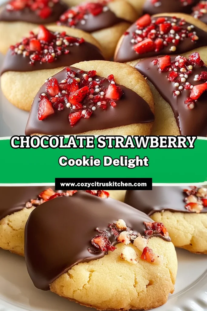 Indulge in the delightful sweetness of Chocolate Dipped Strawberry Cookies! This easy strawberry cookies recipe combines freeze-dried strawberries with classic chocolate chip cookie goodness. Perfect for dessert lovers, these easy chocolate cookies are a must-try treat. Ideal for any occasion, enjoy them fresh or store them for later. Ready to make your own? Click to discover the full recipe now! #ChocolateDippedStrawberryCookies #StrawberryCookiesRecipe #EasyChocolateCookies #ChocolateChipCookieRecipe