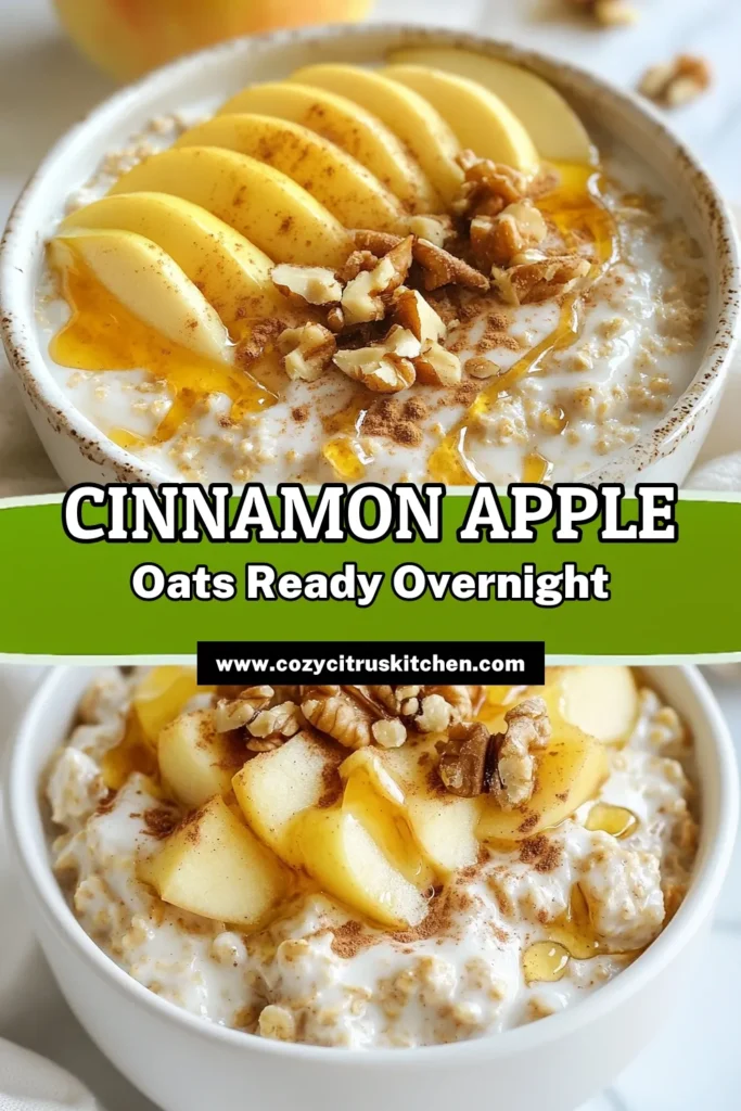 Start your day right with this delicious Apple Cinnamon Overnight Oats recipe! This healthy overnight oats recipe combines rolled oats, almond milk, grated apple, and chia seeds for a nutrient-packed boost. Perfect for busy mornings, this quick breakfast idea is easy to prepare and customize with toppings like nuts and sliced apples. Make your mornings hassle-free with these wholesome oats! Try it today! #OvernightOats #HealthyBreakfast #OatmealRecipes #QuickBreakfastIdeas