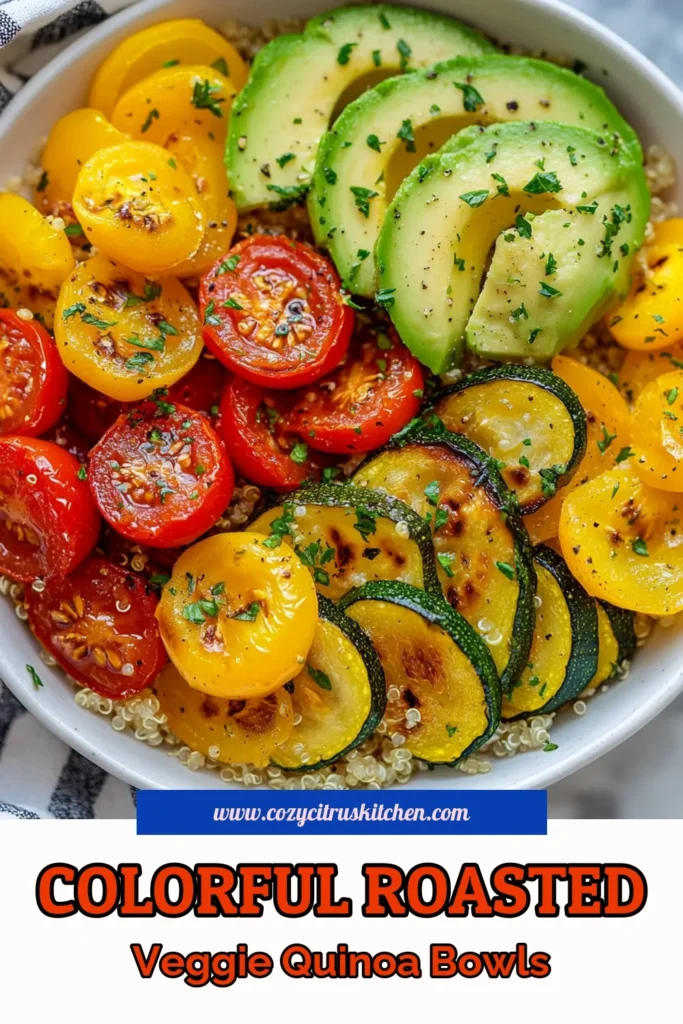 Discover the delicious and nutritious Roasted Veggie Quinoa Bowls, a perfect option for healthy quinoa recipes! Packed with roasted vegetables and topped with creamy avocado, this quinoa salad with vegetables is an ideal choice for vegan meal prep ideas. It's simple to make and bursting with flavor. Save this easy recipe for your next meal prep and enjoy vibrant, hearty bowls! #RoastedVeggieQuinoaBowls #HealthyRecipes #VeganMealPrep #QuinoaSalad