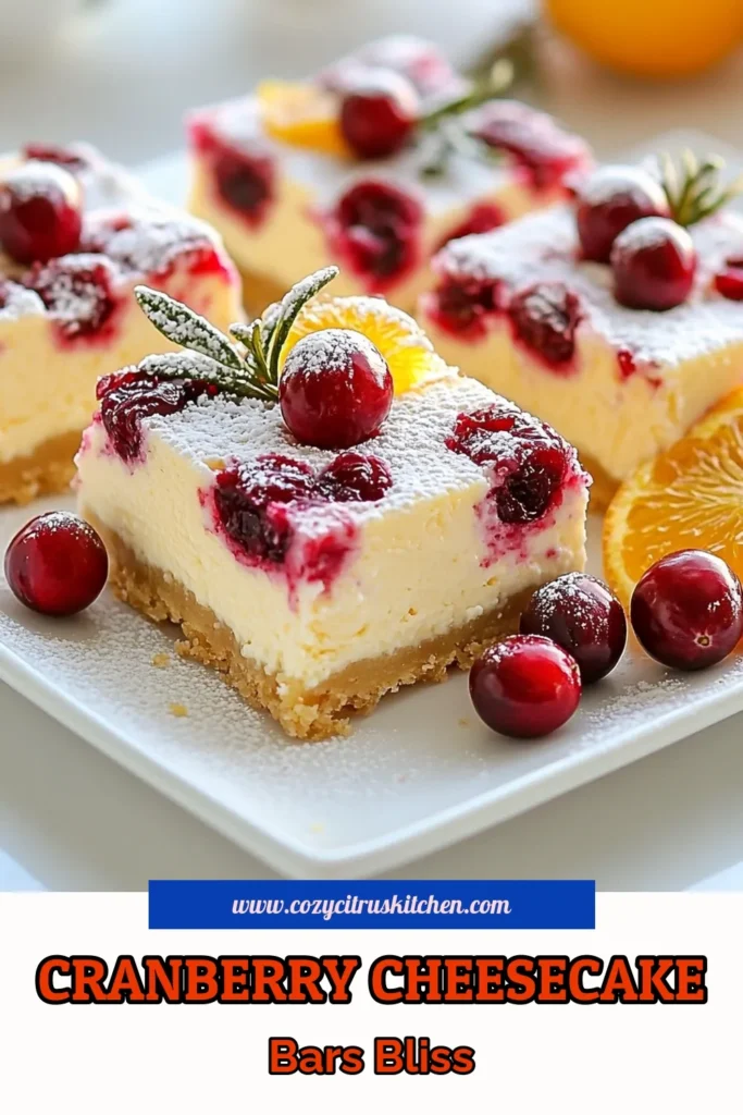 Satisfy your sweet tooth with these delicious Cranberry Orange Cheesecake Bars! This easy cheesecake recipe features creamy layers of cranberry cheesecake bars combined with refreshing orange zest cheesecake for the perfect holiday treat. No-bake cheesecake bars have never been simpler! Enjoy a delightful cranberry dessert bar that will impress everyone. Save this recipe for your next gathering! #CranberryCheesecakeBars #OrangeZestCheesecake #EasyCheesecakeRecipe #CranberryDessertBars