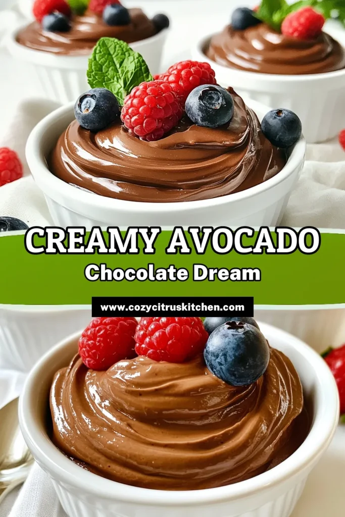 Indulge in this creamy and delicious avocado chocolate mousse recipe that satisfies your chocolate cravings while being healthy! This dairy-free dessert is a perfect vegan avocado dessert that everyone will love. With just a few simple ingredients, you can whip up a rich chocolate avocado mousse that's both nutritious and delightful. Enjoy it chilled with fresh berries for a refreshing treat! Save this recipe for your next sweet fix! #HealthyDessert #VeganDessert #AvocadoMousse #DairyFree