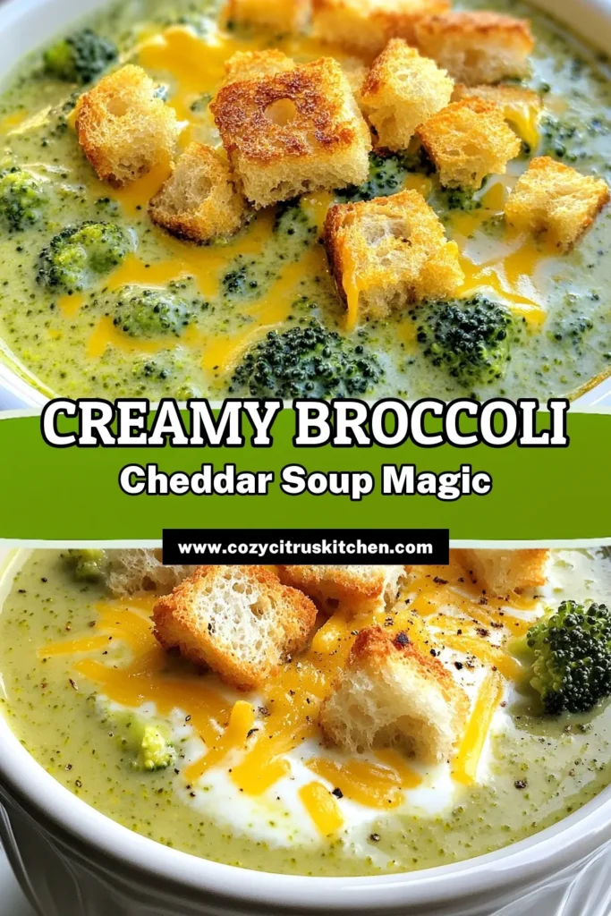 Indulge in this creamy broccoli cheddar soup that’s perfect for any occasion! This easy broccoli cheddar soup recipe combines fresh broccoli, sharp cheddar, and rich cream for a comforting homemade treat. Ideal for vegetarians, this delicious broccoli cheese soup is sure to be a hit. Ready in just 30 minutes, it’s the ultimate warm hug in a bowl. Try it today and savor the flavors! #BroccoliCheddarSoup #HomemadeBroccoliSoup #VegetarianRecipes #EasySoups