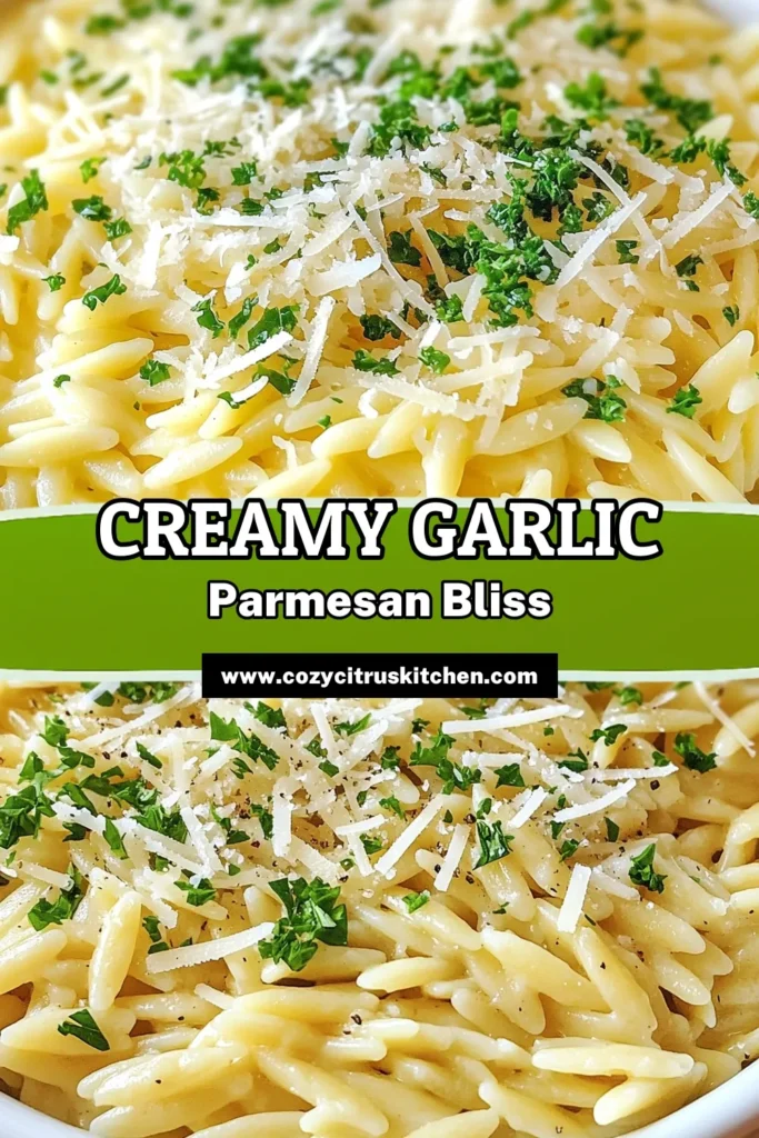 Indulge in this creamy garlic parmesan orzo, a quick garlic parmesan pasta dish that's perfect for any day of the week. This easy orzo recipe combines tender orzo pasta with a rich cream sauce and savory garlic, making it a delightful vegetarian orzo dish. Perfect for a weeknight dinner or a special occasion, it takes just 25 minutes! Try it now to impress your family and friends! Save this recipe! #CreamyGarlicParmesanOrzo #EasyOrzoRecipe #VegetarianOrzoDish #QuickGarlicParmesanPasta