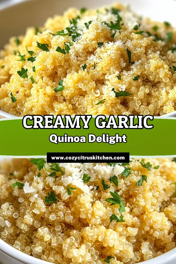 Discover the deliciousness of creamy garlic parmesan quinoa with this easy quinoa dinner recipe! This dish is perfect for those seeking flavorful quinoa recipes and garlic parmesan dishes. Enjoy a comforting meal that offers vegan quinoa options too. With simple ingredients and quick prep, this creamy garlic parmesan quinoa is sure to impress. Save this recipe for an unforgettable dinner tonight! #quinoarecipes #veganquinoa #garlicparmesandishes #easyquinoadinner