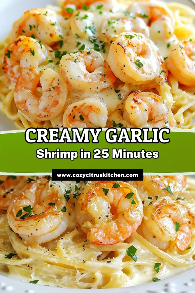 Indulge in a delicious Creamy Garlic Parmesan Shrimp that's perfect for an easy shrimp dinner! This quick shrimp pasta recipe is ready in just 25 minutes, featuring succulent shrimp coated in a rich garlic parmesan sauce. Pair it with your choice of pasta for a satisfying meal. Perfect for busy weeknights or special occasions. Dive into this delightful dish and impress your guests. Try it today! #CreamyGarlicParmesanShrimp #EasyShrimpDinner #ShrimpPastaRecipe #QuickSeafoodRecipes