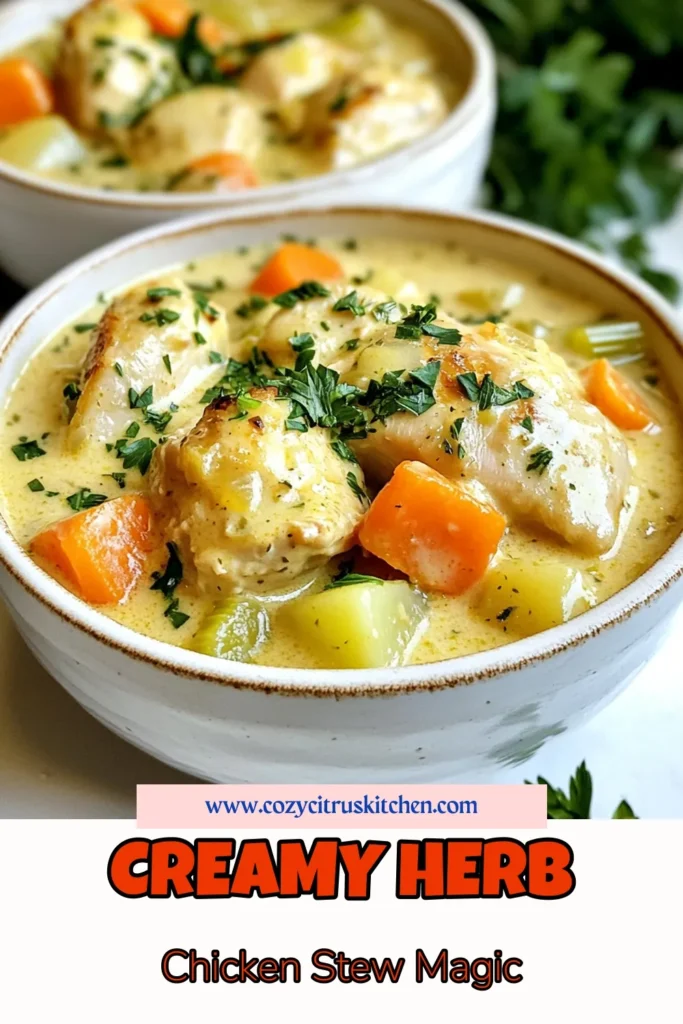 Warm up with this delicious Creamy Herb Chicken Stew that’s sure to become your go-to comfort food recipe. Made with tender chicken thighs and loaded with veggies, this easy chicken stew is perfect for weeknight dinners. Explore this delightful herb chicken recipe and savor every creamy bite. Get ready to impress your family and friends! Save this recipe for later! #CreamyChickenStew #HerbChickenRecipes #EasyChickenStew #ComfortFoodRecipe