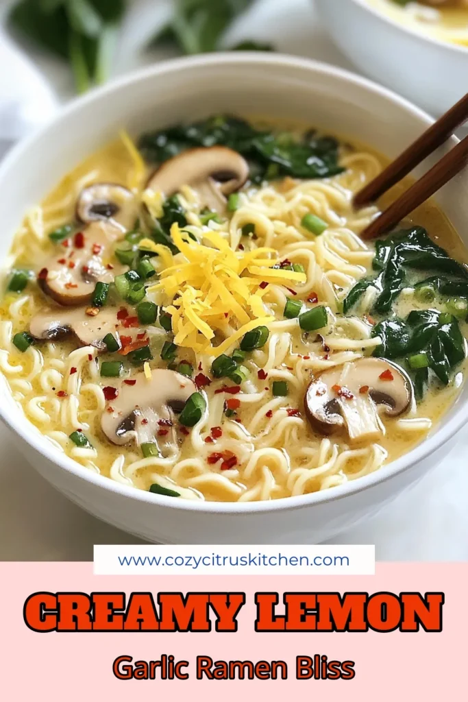 Indulge in this creamy lemon garlic ramen for a delightful twist on your noodle cravings! This vegan ramen recipe features rich coconut milk for a quick ramen meal that’s ready in just 20 minutes. With easy ramen noodles and fresh ingredients like garlic, spinach, and mushrooms, it’s both wholesome and satisfying. Perfect for any day of the week! Save this recipe and enjoy a flavorful bowl tonight! #VeganRamen #CreamyRamen #QuickRecipe #EasyCooking