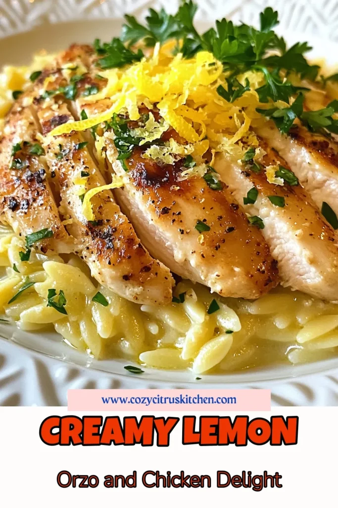 Indulge in the comforting flavors of this creamy lemon orzo recipe featuring tender chicken breasts and rich Parmesan. This chicken orzo pasta dish is not only easy to make but offers a delightful twist on a classic comfort food pasta recipe. Ready in just 30 minutes, it’s the perfect easy lemon chicken recipe for busy nights. Try it out and elevate your dinner time! Save this recipe for a delicious dinner idea! #CreamyLemonOrzo #ChickenOrzo #PastaRecipe #ComfortFood